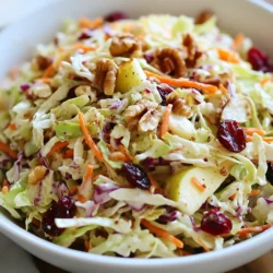 - 4 Tassen grüne Kohlblätter, fein geschnitten - 1 Tasse rote Kohlblätter, fein geschnitten - 1 große Karotte, gerieben - 1 säuerlicher Apfel (z.B. Granny Smith), gewürfelt - 1/2 Tasse getrocknete Cranberries - 1/4 Tasse Walnüsse, grob gehackt (optional) Der Hauptteil dieses Salats sind die Kohlblätter. Grüne und rote Blätter bringen Farbe und Crunch. Die Karotte fügt Süße und Knusprigkeit hinzu. Äpfel geben einen frischen, saftigen Geschmack. Die getrockneten Cranberries bringen eine süß-säuerliche Note. Walnüsse sind knusprig und erhöhen die Textur. - 1/2 Tasse griechischer Joghurt - 2 Esslöffel Honig - 1 Esslöffel Apfelessig - Salz und Pfeffer nach Geschmack Das Dressing macht den Salat besonders. Griechischer Joghurt sorgt für Cremigkeit. Honig bringt Süße und der Apfelessig fügt Säure hinzu. Man kann mit Salz und Pfeffer abschmecken, um den Geschmack zu verbessern. Dieses Dressing ist einfach, aber sehr lecker. {{ingredient_image_2}} Zuerst bereite ich die Kohlblätter vor. Ich nehme 4 Tassen grüne und rote Kohlblätter. Diese schneide ich fein. Dann nehme ich eine große Karotte und reibe sie. Das bringt eine schöne Süße und Textur. Danach füge ich die gewürfelten Äpfel hinzu. Ich benutze einen säuerlichen Apfel, wie Granny Smith, für den besten Geschmack. Zum Schluss kommen 1/2 Tasse getrocknete Cranberries dazu. Diese geben einen fruchtigen Kick. Für das Dressing nehme ich eine kleine Schüssel. Darin mische ich 1/2 Tasse griechischen Joghurt. Dann füge ich 2 Esslöffel Honig und 1 Esslöffel Apfelessig hinzu. Salz und Pfeffer kommen nach Geschmack dazu. Ich rühre alles gut um, bis es schön glatt ist. Das Dressing sollte süß und leicht sauer schmecken. Jetzt kombiniere ich alle Zutaten in einer großen Schüssel. Ich gieße das Dressing gleichmäßig über die Kohlgemüsemischung. Mit einem Löffel rühre ich vorsichtig, bis alles gut vermischt ist. Dann schmecke ich den Salat ab und füge, falls nötig, mehr Salz oder Pfeffer hinzu. Ich decke die Schüssel ab und stelle den Salat für mindestens 30 Minuten in den Kühlschrank. So verbinden sich die Aromen perfekt. Du kannst den Apfel-Cranberry-Krautsalat ganz einfach anpassen. Füge zum Beispiel Sellerie für einen knackigen Biss hinzu. Auch andere Nüsse wie Mandeln oder Pekannüsse passen gut. Wenn du eine vegane Option suchst, ersetze den griechischen Joghurt durch pflanzlichen Joghurt. Das macht den Salat trotzdem cremig und lecker. Achte darauf, dass das Dressing nicht zu flüssig ist. Eine gute Konsistenz ist wichtig. Du kannst mehr Joghurt verwenden, wenn es zu dünn ist. Wenn du den Salat machst, lass ihn nicht zu lange stehen. Er kann matschig werden. Kühl ihn lieber etwas länger. So bleiben die Zutaten frisch und knackig. Pro Tipps Frische Zutaten: Verwende frischen Kohl und knackige Äpfel für den besten Geschmack und die beste Textur. Dressing anpassen: Experimentiere mit verschiedenen Essigsorten, wie z.B. Balsamico, um dem Salat eine einzigartige Note zu verleihen. Vor dem Servieren kühlen: Lass den Salat mindestens 30 Minuten im Kühlschrank, damit sich die Aromen gut entfalten können. Wahl der Nüsse: Probiere verschiedene Nüsse wie Mandeln oder Pekannüsse, um den Salat nach deinem Geschmack anzupassen. {{image_4}} Was passt gut zu Apfel-Cranberry-Krautsalat? Dieser Salat ist frisch und knackig. Er ergänzt viele Gerichte. Serviere ihn zu gegrilltem Hühnchen oder Rippchen. Die süßen Äpfel harmonieren gut mit dem herzhaften Fleisch. Du kannst auch Sandwiches mit diesem Salat kombinieren. Er bringt Farbe und Geschmack auf den Teller. Wann solltest du Apfel-Cranberry-Krautsalat verwenden? Er ist ideal für Grillpartys und Feiertage. Bei einem Picknick bringt er Freude für alle. Auch bei Festen ist er ein Hit. Der Salat sieht toll aus und schmeckt lecker. Er kann auch bei einem Buffet glänzen. Überrasche deine Gäste mit diesem einzigartigen Salat! Wie lange bleibt der Krautsalat frisch? Der Apfel-Cranberry-Krautsalat bleibt im Kühlschrank etwa 3 bis 5 Tage frisch. Achte darauf, ihn in einem luftdichten Behälter zu lagern. So bleibt der Salat knackig und die Aromen gut erhalten. Nach ein paar Tagen kann der Salat etwas weicher werden, aber er bleibt schmackhaft. Wenn du ihn länger aufbewahren möchtest, ist es besser, ihn nicht mit dem Dressing zu mischen. Mische das Dressing erst kurz vor dem Servieren. Kann man Apfel-Cranberry-Krautsalat einfrieren? Es ist nicht optimal, den Apfel-Cranberry-Krautsalat einzufrieren. Das Gemüse kann nach dem Auftauen matschig werden. Wenn du trotzdem einfrieren möchtest, lasse die Dressing-Mischung weg. Du kannst die Kohlblätter und die anderen festen Zutaten einfrieren. Bereite das Dressing frisch zu, wenn du den Salat servierst. So bleibt der Salat knackig und lecker. Ich empfehle, den Salat mindestens 30 Minuten zu kühlen. So verbinden sich die Aromen gut. Ein kalter Salat schmeckt frisch und knackig. Wenn du Zeit hast, lasse ihn länger im Kühlschrank. Ein paar Stunden sind ideal für den besten Geschmack. Ja, du kannst frische Cranberries verwenden. Sie sind saftiger und haben einen anderen Geschmack. Getrocknete Cranberries sind süßer und weicher. Frische Cranberries geben dem Salat einen tollen Biss. Achte darauf, sie gut zu schneiden, damit sie gleichmäßig verteilt sind. Walnüsse passen gut zu diesem Salat. Sie sind knackig und haben einen nussigen Geschmack. Du kannst auch Mandeln oder Pekannüsse verwenden. Jede Nuss hat ihre eigene Textur und Geschmack. Fühle dich frei, die Nüsse zu variieren, um neue Geschmäcker zu entdecken. Dieser Apfel-Cranberry-Krautsalat ist einfach zuzubereiten und voller Geschmack. Wir haben die Hauptzutaten, das Dressing, und die besten Tipps betrachtet. Denke daran, die richtige Konsistenz des Dressings zu erreichen und den Salat gut zu kühlen. Du kannst das Rezept auch variieren und anpassen. Serviere den Salat bei Grillpartys oder Feiertagen für einen frischen Akzent. Mit den richtigen Lagerungstipps bleibt der Salat lange frisch. Probiere es aus und genieße jede Biss!