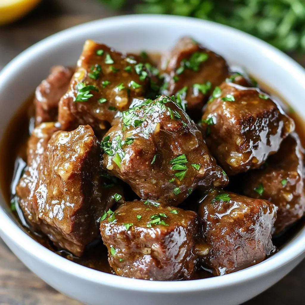 - 680 g Rindfleisch für Eintöpfe, in mundgerechte Stücke geschnitten - 85 g ungesalzene Butter (6 Esslöffel) - 5 Knoblauchzehen, fein gehackt - 1 Teelöffel Zwiebelpulver - 1 Teelöffel Paprika - 1 Teelöffel getrockneter Thymian - 1 Teelöffel schwarzer Pfeffer - 1 Teelöffel Salz Die Hauptzutaten machen dieses Gericht so besonders. Rindfleisch für Eintöpfe ist ideal. Es wird beim langsamen Kochen zart. Ungesalzene Butter bringt einen tollen Geschmack. Der Knoblauch fügt eine aromatische Tiefe hinzu. Gewürze wie Paprika und Thymian runden das Gericht ab. - 240 ml Rinderbrühe (1 Tasse) - 2 Esslöffel Worcestershire-Sauce - Frische Petersilie, fein gehackt (zum Garnieren) Die Flüssigkeiten sind wichtig für die Aromen. Rinderbrühe gibt dem Gericht eine reichhaltige Basis. Worcestershire-Sauce fügt eine umami Note hinzu. Frische Petersilie ist nicht nur hübsch, sondern auch frisch. Sie bringt Farbe und Geschmack. Diese Zutaten machen das Gericht lebendig und köstlich. {{ingredient_image_2}} Zuerst würze das Rindfleisch. Nimm eine große Schüssel und gib das Rindfleisch hinein. Füge Zwiebelpulver, Paprika, schwarzen Pfeffer und Salz hinzu. Vermenge alles gut. Achte darauf, dass jedes Stück gleichmäßig gewürzt ist. Das ist wichtig für den Geschmack. Jetzt kommt der spannende Teil. Schmelze 3 Esslöffel Butter in einer großen Pfanne bei mittlerer Hitze. Wenn die Butter geschmolzen ist, füge das gewürzte Rindfleisch portionsweise hinzu. Brate die Stücke für 2-3 Minuten, bis sie goldbraun sind. Diese Farbe bringt den Geschmack. Übertrage das angebratene Fleisch in den Slow Cooker. In die gleiche Pfanne gib die restlichen 3 Esslöffel Butter. Füge die fein gehackten Knoblauchzehen hinzu. Brate den Knoblauch für etwa 1 Minute, bis er aromatisch ist. Jetzt ist es Zeit für die Flüssigkeiten. Gieße die Rinderbrühe und die Worcestershire-Sauce hinein. Rühre alles gut um, damit sich die Aromen verbinden. Gieße diese Mischung über das Rindfleisch im Slow Cooker. Jetzt wird es gemütlich. Setze den Deckel auf den Slow Cooker. Stelle die Temperatur ein. Bei niedriger Stufe garst du das Fleisch für 6-8 Stunden. Bei hoher Stufe brauchst du 4-5 Stunden. Das Fleisch wird zart und geschmackvoll. Nach dem Garen probiere die Gewürze. Füge bei Bedarf mehr Salz oder Pfeffer hinzu. Die Garzeit ist wichtig für zartes Rindfleisch. Bei niedriger Temperatur gart das Fleisch sanft. Es bleibt saftig und aromatisch. Bei hoher Temperatur gart das Fleisch schneller, wird aber manchmal trocken. Ich empfehle, die niedrige Temperatur für 6-8 Stunden zu wählen. So wird das Fleisch perfekt zart. Um den Geschmack zu verbessern, passe die Gewürze an. Du kannst mehr Paprika oder Thymian hinzufügen. Wenn du es schärfer magst, füge eine Prise Cayennepfeffer hinzu. Frische Kräuter wie Rosmarin oder Oregano geben einen neuen Twist. Experimentiere mit verschiedenen Kombinationen, um deinen perfekten Geschmack zu finden. Serviere die Rindfleischstückchen auf einem schönen Teller. Ein wenig Kochsauce macht das Gericht noch leckerer. Frische Petersilie sieht nicht nur gut aus, sondern gibt auch Geschmack. Dazu passt knuspriges Brot oder cremiges Kartoffelpüree. Diese Beilagen runden dein Gericht toll ab. Pro Tipps Fleischwahl: Verwenden Sie hochwertiges Rindfleisch, das für Eintöpfe geeignet ist, um zartes und geschmackvolles Ergebnis zu erzielen. Knoblauch richtig braten: Achten Sie darauf, den Knoblauch nicht zu verbrennen, da er sonst bitter wird. Nur kurz anbraten, bis er aromatisch ist. Langsame Garzeit: Lassen Sie das Rindfleisch ausreichend lange im Slow Cooker garen, um die Aromen vollständig zu entwickeln und das Fleisch zart zu machen. Serviertipps: Garnieren Sie das Gericht mit frischer Petersilie und servieren Sie es mit knusprigem Brot oder Kartoffelpüree für eine perfekte Kombination. {{image_4}} Fügen Sie Gemüse hinzu, um das Gericht nahrhafter zu machen. Karotten, Paprika oder Zucchini passen gut. Schneiden Sie das Gemüse in kleine Stücke. Geben Sie es in den Slow Cooker, bevor Sie die Brühe hinzufügen. So kocht es gleichmäßig und wird weich. Dies gibt nicht nur mehr Geschmack, sondern auch mehr Farbe auf dem Teller. Möchten Sie etwas Abwechslung? Probieren Sie asiatische oder mexikanische Aromen aus. Für die asiatische Variante fügen Sie Sojasauce und frischen Ingwer hinzu. Das gibt dem Gericht eine tolle Note. Für die mexikanische Version verwenden Sie Kreuzkümmel und Chili-Pulver. Diese Gewürze bringen eine angenehme Schärfe. Es ist eine einfache Möglichkeit, neue Geschmäcker zu entdecken. Wenn Sie auf eine spezielle Diät achten, gibt es viele Optionen. Für Low-Carb-Fans können Sie das Rindfleisch mit Blumenkohlreis servieren. Das gibt ein tolles Gefühl, ohne viele Kohlenhydrate. Für glutenfreie Optionen prüfen Sie die Worcestershire-Sauce. Einige Marken enthalten Gluten. Wählen Sie eine glutenfreie Version, um sicher zu sein. So können Sie das Gericht genießen, ohne sich Sorgen zu machen. Um Reste von Knoblauchbutter-Rindfleischbissen gut zu lagern, benötigst du einen luftdichten Behälter. Stelle sicher, dass das Fleisch vollständig abgekühlt ist, bevor du es einpackst. So bleibt der Geschmack länger erhalten. Du kannst die Rindfleischstückchen bis zu drei Tage im Kühlschrank lagern. Wenn du die Reste länger aufbewahren möchtest, friere sie ein. In einem gefriergeeigneten Behälter halten sie bis zu drei Monate. Wenn es Zeit ist, die Reste aufzuwärmen, gibt es ein paar einfache Tipps. Du kannst die Stückchen in einer Pfanne bei mittlerer Hitze aufwärmen. Füge etwas Rinderbrühe hinzu, um das Fleisch saftig zu halten. Alternativ kannst du die Rindfleischstücke auch in der Mikrowelle aufwärmen. Stelle sicher, dass du sie abdeckst, um Austrocknen zu vermeiden. Auf diese Weise bleibt der Geschmack und die Konsistenz erstklassig. Die Rindfleischstückchen bleiben im Kühlschrank etwa drei bis vier Tage frisch. Stellen Sie sicher, dass Sie das Fleisch in einem luftdichten Behälter aufbewahren. So bleibt der Geschmack erhalten. Für längere Lagerung können Sie die Rindfleischstückchen auch einfrieren. Im Gefrierschrank halten sie bis zu drei Monate. Zum Auftauen legen Sie das Fleisch über Nacht in den Kühlschrank. So bleibt die Textur gut. Ja, Sie können Rindfleisch durch andere Fleischsorten ersetzen. Hähnchen, Schweinefleisch oder Lamm sind tolle Alternativen. Jedes Fleisch hat einen anderen Geschmack. Achten Sie darauf, die Garzeit anzupassen. Hähnchen braucht weniger Zeit als Rindfleisch. Schweinefleisch kann ähnlich wie Rindfleisch zubereitet werden. Um mehr Schärfe hinzuzufügen, probieren Sie rote Pfefferflocken oder frische Jalapeños. Sie können auch scharfen Senf oder Tabasco-Sauce verwenden. Diese Zutaten verleihen dem Gericht eine feurige Note. Passen Sie die Menge nach Ihrem Geschmack an. Beginnen Sie mit einer kleinen Menge und kosten Sie die Mischung. So erreichen Sie die perfekte Schärfe für Ihr Gericht. In diesem Artikel haben wir die wichtigsten Schritte für ein köstliches Rindfleischgericht besprochen. Wir haben die Hauptzutaten wie Rindfleisch, Butter und Knoblauch behandelt. Die Zubereitung mit Brühe und die Garzeit im Slow Cooker sind entscheidend für den Geschmack. Denken Sie daran, die Gewürze nach Ihrem Geschmack anzupassen. Probieren Sie Variationen mit Gemüse oder anderen Fleischsorten aus. So erstellen Sie ein Gericht, das jedem schmeckt. Ihre nächsten Schritte sind einfach: Kochen, genießen und experimentieren!