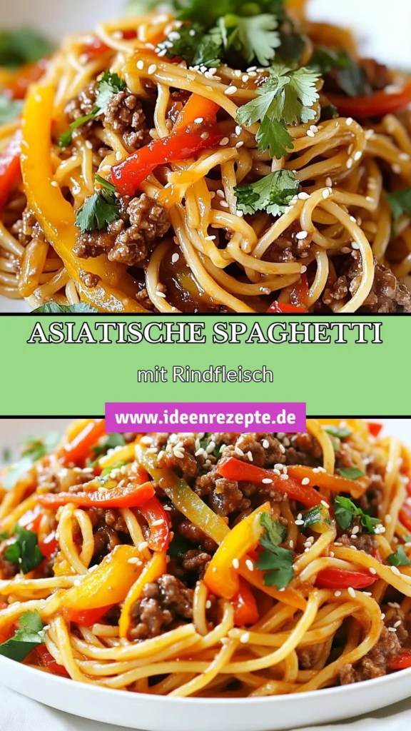 Entdecken Sie dieses köstliche Rezept für asiatische Rindfleisch-Spaghetti, das Ihr Abendessen in nur 25 Minuten zum Star macht! Kombinieren Sie Spaghetti mit Rinderhackfleisch, frischem Gemüse und einer aromatischen Sauce mit Sesamöl für ein schnelles und einfaches Abendessen. Perfekt für alle, die asiatische Nudelrezepte lieben. Probieren Sie es aus und sichern Sie sich Ihr neues Lieblingsgericht! #asiatischeRindfleischSpaghetti #schnelleAbendessen #Nudelrezepte #RezeptmitSesamöl
