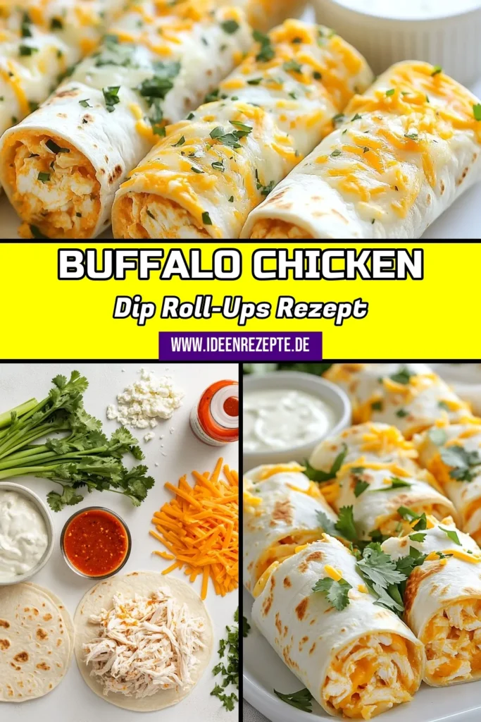 Entdecke diese leckeren Buffalo Chicken Dip Roll-Ups, die perfekte Kombination aus würzigen Tortilla Snacks und Frischkäse Vorspeise! Einfach zu machen, vereinen diese Hähnchen Roll-Ups zartes zerrissenes Hähnchen, cremigen Frischkäse und pikante Buffalo-Sauce. Ideal für Partys oder als Snack! Probiere dieses einfache Dip-Rezept aus und bringe deine nächste Feier auf das nächste Level. Speichere es und teile die Freude! #BuffaloChickenDip #HähnchenRollUps #einfacheDipRezepte #würzigeTortillaSnacks