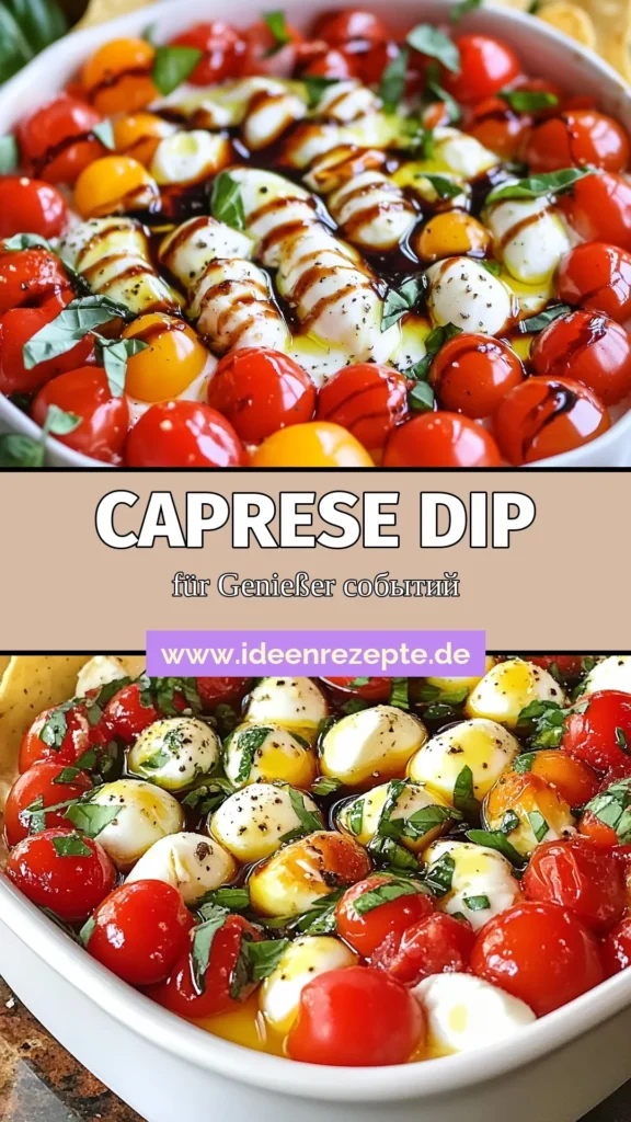 Entdecke unser einfaches Caprese Dip Rezept, das perfekt für deine nächste Party ist! Dieser Kirschtomaten Mozzarella Dip vereint frische Aromen mit Basilikum und Balsamico Glasur. Bereite einen schnellen Appetizer mit Tortilla Chips zu und beeindrucke deine Gäste! Ideal für jeden Anlass. Lass dir dieses mediterrane Dip mit Basilikum nicht entgehen. Probiere es gleich aus und speichere es dir! #CapreseDipRezept #KirschtomatenMozzarellaDip #SchnellerAppetizer #BalsamicoGlasurDip