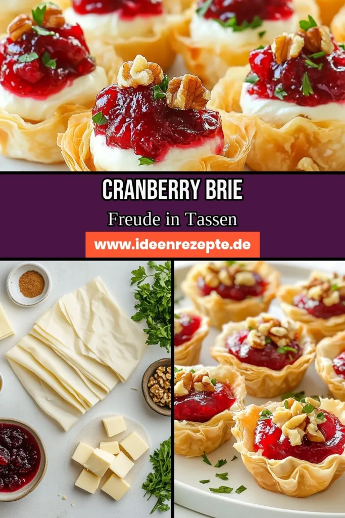 Entdecke das perfekte Rezept für leckere Cranberry Brie Törtchen! Diese Filoteig Rezepte sind einfach zuzubereiten und ideal als Brie Käse Appetizer für jede Gelegenheit. Die Kombination aus knusprigen Preiselbeeren Häppchen und cremigem Brie-Käse wird deine Gäste begeistern. Probiere diese einfachen Fingerfood Rezepte aus und bring etwas Festlichkeit auf deinen Tisch! Speichere es dir für dein nächstes Event! #CranberryBrieTörtchen #FiloteigRezepte #BrieKäse #Fingerfood