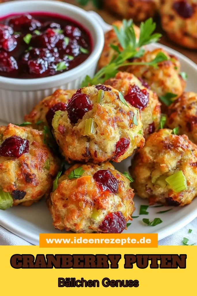 Entdecken Sie unser köstliches Rezept für Cranberry Putenbällchen! Diese gefüllten Bällchen sind perfekte Thanksgiving Snacks, die Ihre Gäste begeistern werden. Mit gesunden Füllungsbällchen aus zarter Putenbrust und frischen Cranberries sind sie nicht nur lecker, sondern auch nahrhaft. Bereiten Sie dieses einfache Putenbrust Rezept schnell zu und erleben Sie den festlichen Geschmack. Haben Sie Hunger? Probieren Sie es aus! #CranberryPutenbällchen #Thanksgiving #Füllungsbällchen #PutenbrustRezept