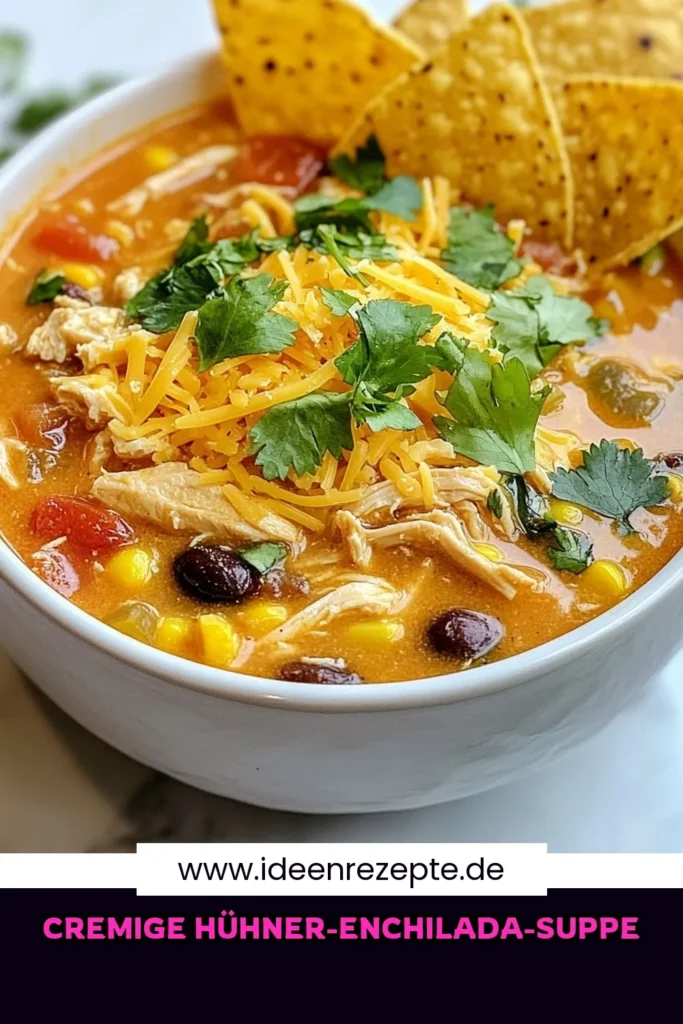 Entdecke Omas cremige Hühner-Enchilada-Suppe, ein köstliches und einfaches Hühnersuppe Rezept! Diese mexikanische Suppe mit Hähnchen ist die perfekte Mischung aus Geschmack und Einfachheit, ideal für jede Gelegenheit. Mit nur 35 Minuten Zubereitungszeit und cremiger Konsistenz wird diese schnelle Hühnersuppe mit Sahne dein neues Lieblingsgericht. Probiere es aus und teile deine Kreationen! #CremigeHühnerEnchiladaSuppe #HühnersuppeRezept #einfacheEnchiladaSuppe #mexikanischeSuppeMitHähnchen