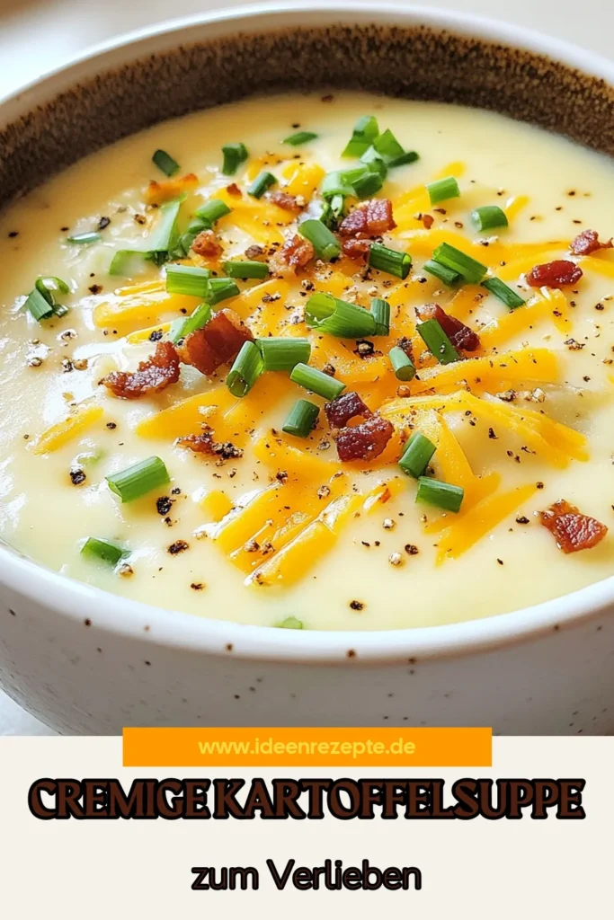 Entdecke die köstliche Cremige Backofenkartoffelsuppe, ein einfaches und herzhaftes Kartoffelsuppe Rezept, das perfekt für kalte Tage ist. Diese rustikale Suppe vereint die Aromen von gebackenen Kartoffeln, saurer Sahne und Cheddarkäse für ein unvergessliches Geschmackserlebnis. Probiere diese cremigen Suppenideen aus und kreiere eine tolle Mahlzeit. Speichere das Rezept für später! #KartoffelsuppeRezept #CremigeBackofenkartoffelsuppe #EinfacheKartoffelsuppe #RustikaleSuppenrezepte