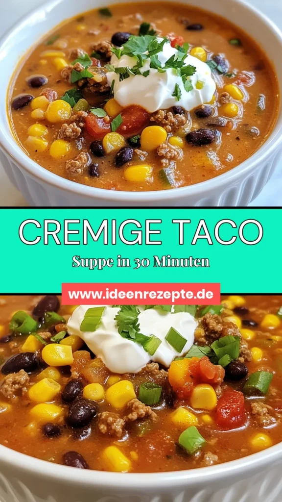 Entdecke unser einfaches Taco Suppe Rezept für eine cremige Taco Suppe, die perfekt für jede Gelegenheit ist. Diese Tex-Mex Suppe kombiniert Rinder- oder Putenhackfleisch mit Bohnen, Mais und Gewürzen für einen köstlichen Geschmack. In nur 30 Minuten zubereitet, ist sie die perfekte Lösung für schnelles Abendessen! Probiere jetzt dieses schnelle Suppenrezept und lass dich von den Aromen begeistern. #cremigeTacoSuppe #TacoSuppeRezept #einfacheTacoSuppe #TexMexSuppe