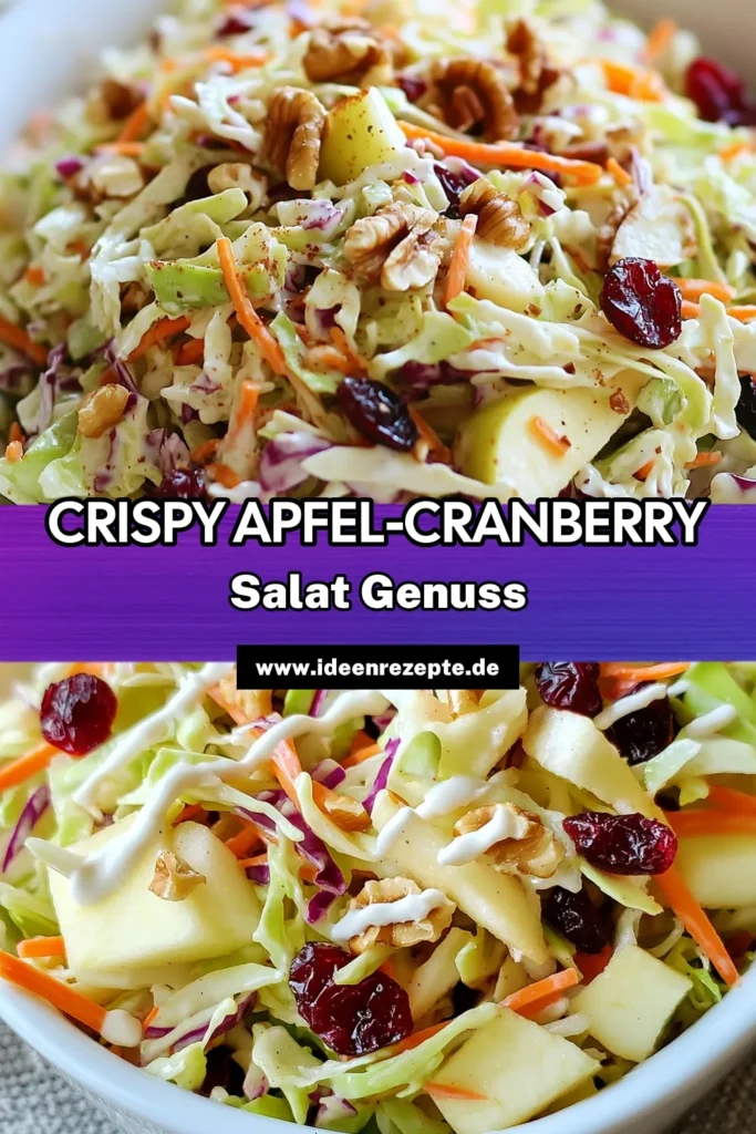 Entdecke dieses Rezept für einen leckeren und gesunden Crispy Apfel-Cranberry-Krautsalat! Mit frischen grünen und roten Kohlblättern, geriebenen Karotten und einem köstlichen Apfel-Cranberry-Dressing wird dieser bunte Krautsalat Rezept zum perfekten Begleiter für jedes Essen. Verfeinert mit Walnüssen und griechischem Joghurt ist dieser gesunde Krautsalat mit Joghurt optimal für eine leichte Mahlzeit. Probiere es aus und teile deine Kreation! #KrautsalatRezept #ApfelCranberry #GesundeRezepte #EssenInspiration