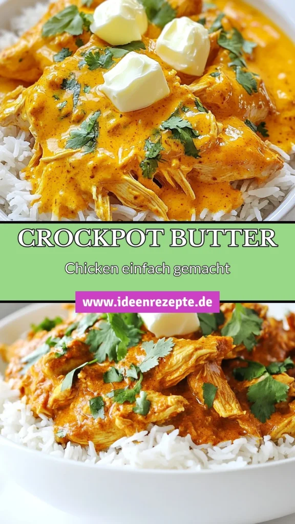 Entdecken Sie dieses köstliche Crockpot Butter Chicken Rezept! Zarte Hähnchenschenkel im Crockpot werden mit aromatischen Gewürzen, Tomaten und cremiger Kokosmilch zubereitet, um ein indisches Butter Hähnchen zu kreieren, das die ganze Familie lieben wird. Perfekt für ein einfaches Abendessen. Probieren Sie dieses cremige Hähnchenrezept noch heute aus und genießen Sie es mit Basmati-Reis! Speichern Sie es jetzt! #CrockpotButterChicken #ButterHähnchenRezept #HähnchenschenkelImCrockpot #IndischesButterHähnchen