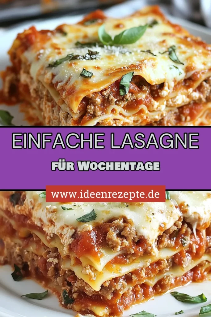 Entdecken Sie die perfekte einfache Lasagne für stressige Wochentage! Diese schnelle Lasagne mit Ricotta benötigt kein Vorkochen und ist in nur einer Stunde fertig. Mit saftigem Fleisch, cremigem Ricotta und schmelzendem Käse wird sie zum Highlight Ihrer Familienabende. Ideal für 6 Portionen. Lassen Sie sich dieses köstliche Wochentagsrezept nicht entgehen! Teilen Sie Ihre Kreationen! #einfacheLasagne #schnelleLasagne #Wochentagsrezepte #LasagneMitRicotta