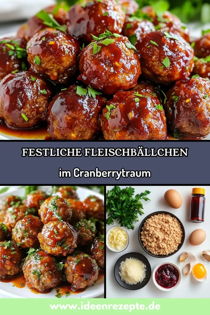 Entdecken Sie die köstlichen festlichen Fleischbällchen für Ihre nächste Feier! Dieses Cranberrysoße Rezept kombiniert zartes Rinderhack Fleischbällchen mit einer süß-herzhaften Glasur, perfekt als weihnachtliche Vorspeise oder Party snacks Rezept. Mit einfachen Zutaten und in nur 45 Minuten zubereitet, sind sie ein Hit bei jedem Anlass. Probieren Sie es aus und speichern Sie dieses Rezept für unvergessliche Feiertagsmomente! #FestlicheFleischbällchen #CranberrysoßeRezept #PartySnacksRezept #WeihnachtlicheVorspeise