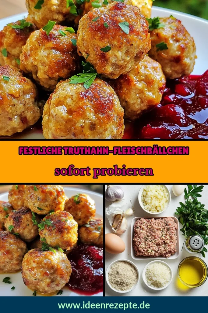 Entdecken Sie dieses köstliche Thanksgiving Fleischbällchen Rezept! Diese gesunden Truthahn Fleischbällchen sind nicht nur einfach zuzubereiten, sondern perfekt für Ihre Festtafel. Serviert mit Preiselbeersoße bringen sie den festlichen Geschmack auf den Tisch. Holen Sie sich die besten einfachen Festtagsrezepte und überraschen Sie Ihre Gäste! Speichern Sie dieses Rezept für ein unvergessliches Thanksgiving! #Fleischbällchen #TruthahnRezept #GesundeFleischbällchen #EinfacheFesttagsrezepte