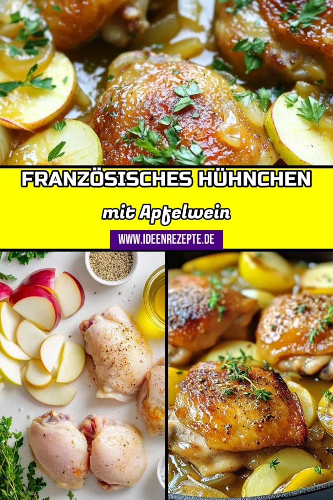 Entdecken Sie unser köstliches französisches Hühnchen Rezept für Apfelwein Hühnchen, das Ihre Geschmacksknospen verwöhnen wird. Zarte Hühnchenschenkel im Apfelwein, kombiniert mit frischen Äpfeln und aromatischen Kräutern, sorgen für ein unvergessliches Abendessen. Ideal für alle, die einfache Hühnchenrezepte oder mediterrane Hühnengerichte lieben. Lassen Sie sich inspirieren und probieren Sie es aus! #Hühnchenschenkel #Apfelwein #einfacherezepte #mediterranerezepte
