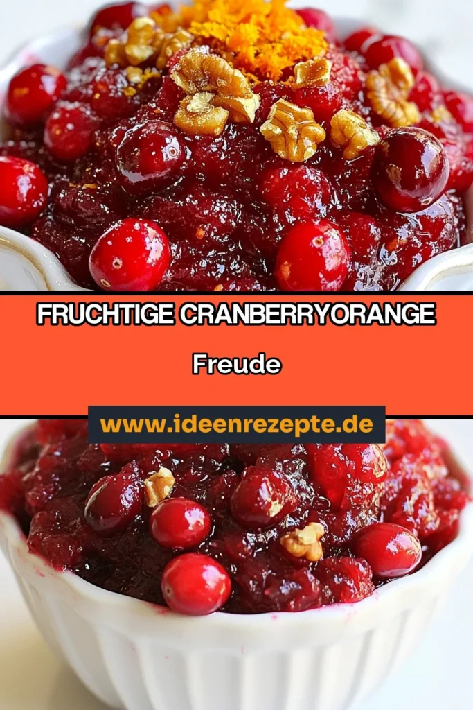 Entdecken Sie dieses köstliche Cranberry Relish Rezept, perfekt für herbstliche Beilagenrezepte! Diese Zitronen-Cranberry-Sauce vereint frische Cranberries mit aromatischer Orange und Gewürzen für ein einzigartiges Geschmackserlebnis. Sie lieben frische Rezeptideen? Probieren Sie unser Orangen-Cranberry-Chutney aus! Ideal zu Geflügel oder als Vorspeise. Speichern Sie dieses frische Cranberry-Rezept und überraschen Sie Ihre Gäste! #CranberryRelish #ZitronenCranberrySauce #HerbstlicheBeilagenrezepte #FrischesCranberryRezept