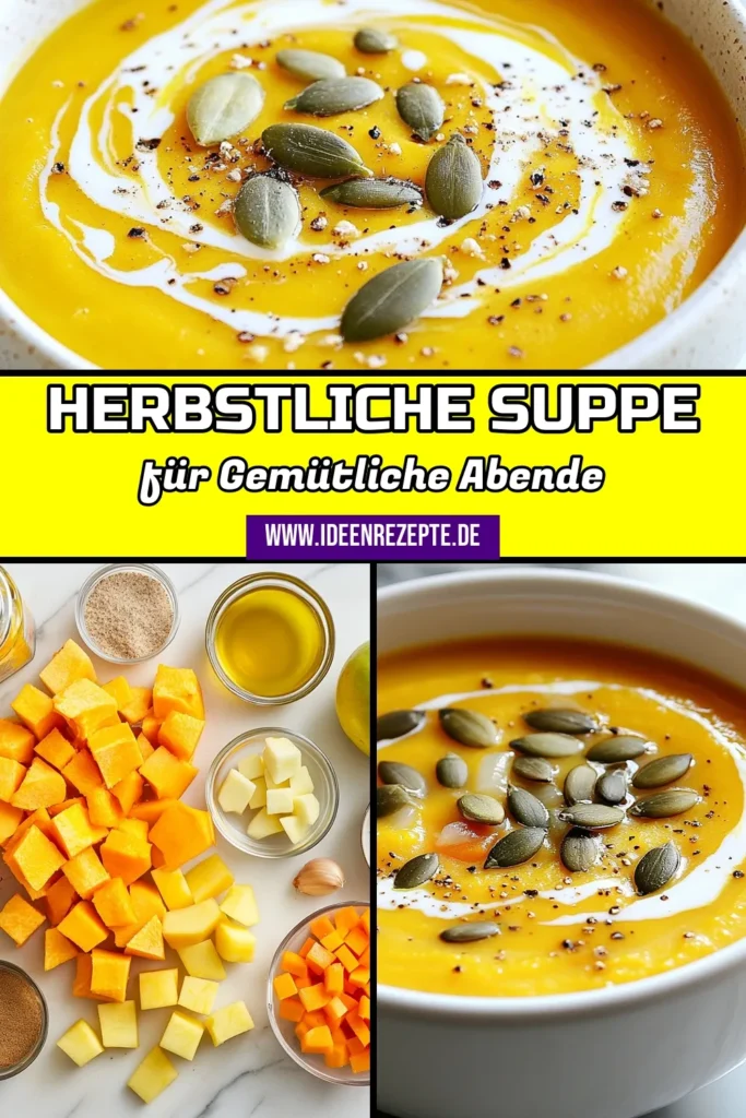 Entdecke dieses köstliche Kürbissuppe Rezept für eine vegane Kürbissuppe, die perfekt für die herbstliche Saison ist! Diese cremige Kürbissuppe aus Butternut-Kürbis wird dich mit ihrem reichen Geschmack verzaubern. Ideal für gemütliche Abende, ist dieses Rezept eines der besten herbstlichen Suppenrezepte. Klicke auf den Pin, um die Schritte zur Zubereitung zu erfahren und genieße die perfekte Herbststimmung! #KürbissuppeRezept #veganeKürbissuppe #herbstlicheSuppenrezepte #ButternutKürbisSuppe