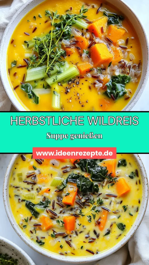 Entdecke die köstliche Herbstliche Wildreis-Suppe, ein ideales Rezept für gesunde Herbstrezepte! Mit Kürbispüree Suppe bringst du die Aromen der Saison auf deinen Tisch. Diese vegane Suppenrezepte ist nicht nur nahrhaft, sondern auch einfach zuzubereiten. Perfekt für kalte Tage! Probiere unser Wildreis Rezept und bringe Wärme ins Haus. Speichere es dir und genieße den Herbst! #HerbstlicheWildreisSuppe #VeganeSuppenrezepte #GesundeHerbstrezepte #WildreisRezepte