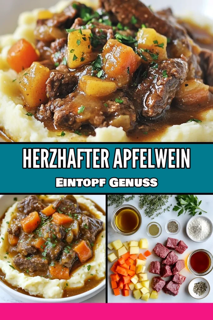 Entdecke unser herzhaftes Eintopfgericht mit Apfelwein, das perfekt für den Herbst ist! Dieser Apfelwein Rindfleisch Eintopf vereint zartes Rindfleisch und aromatisches Gemüse in einer köstlichen Brühe. Serviere ihn über einem cremigen Kartoffelpüree nach unserem Rindfleisch Eintopf Rezept. Probiere dieses einfache Herbst Eintopf Rezept aus und genieße den warmen, beruhigenden Geschmack des Herbstes. Du wirst begeistert sein! #Apfelwein #RindfleischEintopf #Kartoffelpüree #Herbstgerichte