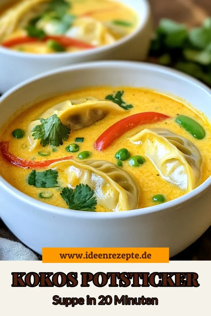 Entdecke die köstliche thailändische Potsticker Suppe! Dieses einfache Kokosnuss Suppe Rezept vereint den unverwechselbaren Geschmack von veganer thailändischer Suppe mit herzhaften Gemüse Potstickers. Mit roter Currypaste verfeinert, wird diese Suppe zum Hit für jedes Essen! Probiere es selbst und genieße die Aromen Thailands. Speichere dieses Rezept für deinen nächsten Kochabend! #ThailändischeKüche #VeganeSuppe #KokosnussSuppe #GesundeRezepte