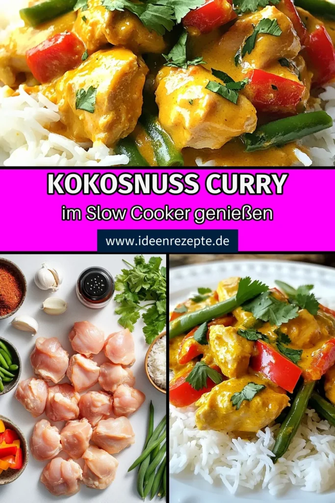 Entdecken Sie dieses köstliche Kokos-Chili Hähnchen-Curry, ein einfaches Hähnchen Rezept, das Ihr Abendessen aufpeppen wird! Dieses Slow Cooker Curry Rezept kombiniert zarte Hähnchenschenkel mit aromatischer Kokosmilch und einer würzigen Currypaste. Perfekt serviert mit Jasminreis, ist dieses asiatische Curry mit Kokosmilch eine einfache und köstliche Wahl für jede Woche. Speichern Sie das Rezept und probieren Sie es aus! #Kochinspiration #Slowcooker #Curry #Rezeptidee