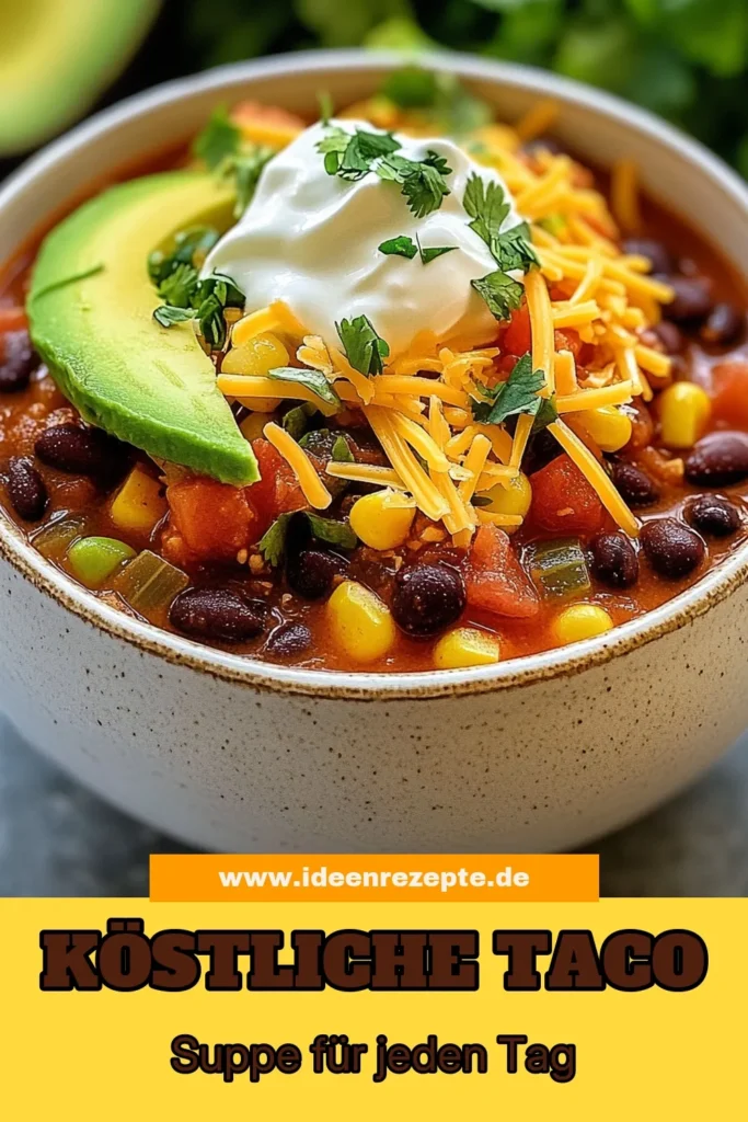 Entdecke dieses köstliche Taco-Suppe Rezept, das alle Liebhaber mexikanischer Suppen begeistert. Diese Loaded Taco Suppe vereint gesunde Zutaten wie Bohnen, frisches Gemüse und würziges Fleisch zu einer einfachen Suppe, die perfekt für jede Gelegenheit ist. Koche sie in nur 45 Minuten und genieße das volle Geschmackserlebnis. Probiere es aus und teile deine Kreationen! #TacoSuppe #MexikanischeSuppe #GesundeTacoSuppe #EinfachSuppeMitBohnen