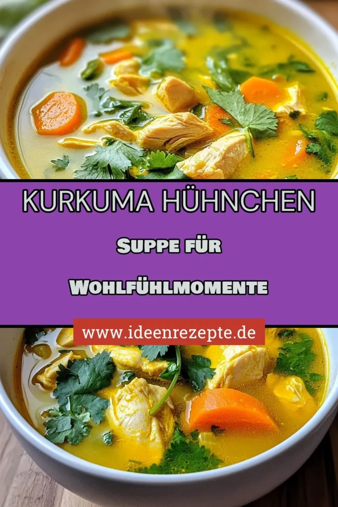 Entdecke unser Rezept für eine köstliche Kurkuma Hühnchen Suppe! Diese gesunde Hühnerbrühe Rezept kombiniert zartes Hühnchen mit Ingwer und Spinat für eine wohltuende Gewürzsuppe. Einfach und schnell zubereitet, perfekt für kalte Tage. Mache deine eigene Hühnersuppe selber und genieße die Aromen! Probiere es aus und teile deine Erfahrungen! #KurkumaHühnchenSuppe #GesundeHühnerbrühe #GewürzsuppeMitIngwer #EinfacheSuppeMitSpinat
