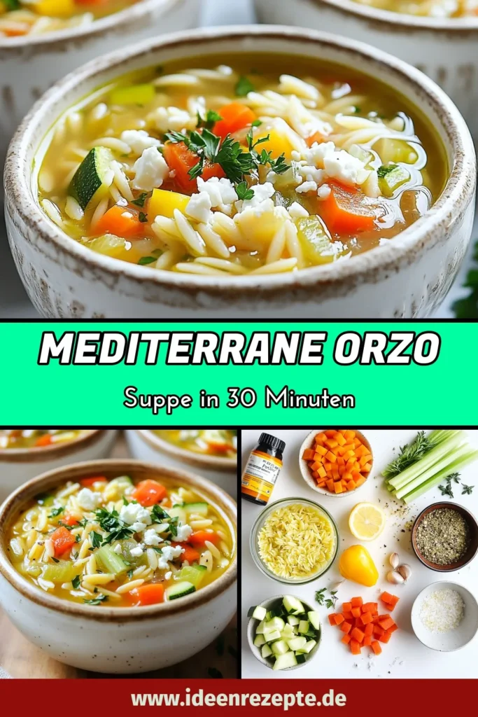 Entdecke das Rezept für eine köstliche Mediterrane Orzo-Suppe! Diese einfache und gesunde mediterrane Rezepte vereinen Orzo-Nudeln, frisches Gemüse und Kichererbsen in einer aromatischen Gemüsebrühe Suppe. Perfekt für jedes Abendessen! Probiere diese gesunde Orzo-Nudeln Rezept und verwöhne deine Familie. Lass dir dieses Geschmackserlebnis nicht entgehen! #MediterraneOrzoSuppe #OrzoNudelnRezept #GemüsebrüheSuppe #KichererbsenSuppe
