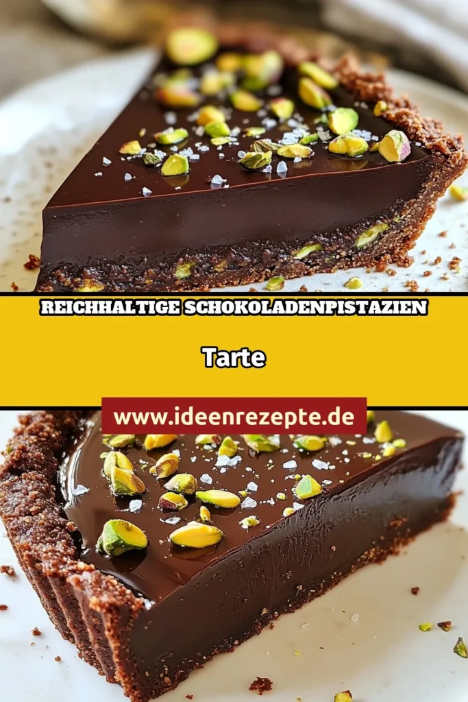 Entdecken Sie die köstliche Dunkle Schokoladen-Pistazien-Tarte – ein einfaches Schokoladentarte Rezept, das glutenfrei ist und perfekt in Ihre deutschen Dessertrezepte passt. Mit Zartbitterschokolade und gerösteten Pistazien wird diese einfache Tarte zum absoluten Genuss. Ideal für besondere Anlässe oder als süßer Snack. Probieren Sie es aus und lassen Sie sich begeistern! Speichern Sie dieses Rezept jetzt! #Schokoladentarte #Glutenfrei #Dessertliebe #Pistazien