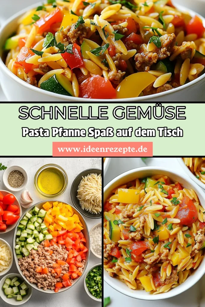 Entdecke dieses köstliche Gemüse Pasta Pfanne Rezept mit Putenhackfleisch! In nur 30 Minuten zauberst du ein gesundes Orzo Nudeln Gericht, das deine Familie lieben wird. Diese schnelle Pfannengerichte vereinen frisches Gemüse und aromatische Gewürze für ein perfektes Abendessen. Probiere jetzt unser einfaches Putenhackfleisch Rezept aus und genieße gesunde Pasta Rezepte! Speichere es für später! #GesundePasta #Putenhackfleisch #OrzoNudeln #SchnellePfannengerichte