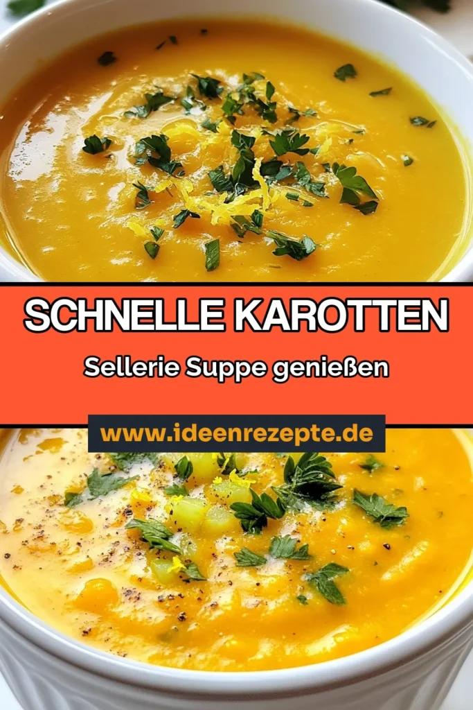 Entdecken Sie diese köstliche Karotten-Sellerie Suppe, ein einfaches Rezept für eine gesunde Gemüsesuppe, die perfekt für Vegetarier ist. Mit frischen Karotten, Sellerie und aromatischen Gewürzen zubereitet, ist diese cremige Karottensuppe reich an Nährstoffen und Geschmack. Ideal für jedes Wetter! Probieren Sie es aus und lassen Sie sich von der Vielfalt der einfachen Rezeptideen inspirieren! #KarottenSellerieSuppe #GesundeGemüsesuppe #VegetarischeSuppe #EinfacheRezeptideen