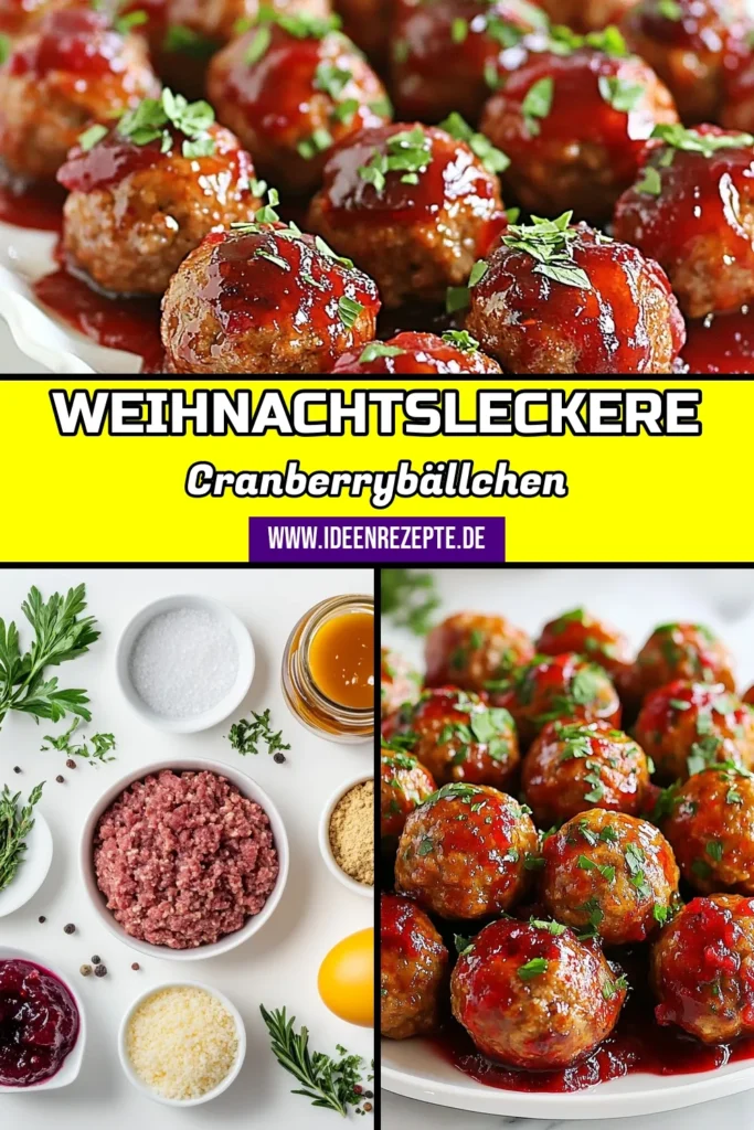 Entdecken Sie das perfekte Weihnachts-Fleischbällchen Rezept mit unseren köstlichen Weihnachts-Cranberry-Fleischbällchen! Diese festlichen Fleischbällchen, zubereitet aus gemahlenem Truthahn, semmelbröseln und einer verführerischen Cranberry-Sauce, sind einfach zuzubereiten und ideal für Ihre Feiertagspartys. Genießen Sie diese einfachen Weihnachtsrezepte und beeindrucken Sie Ihre Gäste! Speichern Sie jetzt das Rezept! #WeihnachtsFleischbällchen #CranberryFleischbällchen #festlicheRezepte #einfacheWeihnachtsrezepte