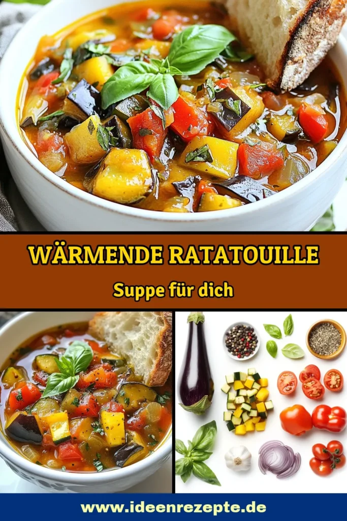 Entdecken Sie Remy’s gemütliche Ratatouille-Suppe, ein köstliches und gesundes Gemüsesuppe Rezept der italienischen Küche! Diese vegane Suppe kombiniert frisches Gemüse wie Aubergine, Zucchini und Paprika und ist perfekt für jeden Tag. Genießen Sie den herzhaften Geschmack und die einfachen Zubereitungsschritte. Ideal für alle, die sich gesund ernähren möchten. Probieren Sie es jetzt aus! #RatatouilleSuppe #VeganeSuppe #GemüsesuppeRezept #ItalienischeKüche