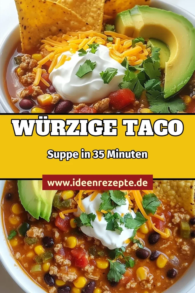 Entdecken Sie unser schnelles Taco Suppe Rezept, perfekt für eine herzhafte Suppe mit Bohnen! Diese einfache Tex-Mex Rezepte sind nicht nur lecker, sondern auch gesund. In nur 35 Minuten zaubern Sie eine gesunde Taco Suppe für die ganze Familie. Ideal für jede Gelegenheit! Jetzt ausprobieren und genießen! Speichern Sie das Rezept für später! #TacoSuppeRezept #schnelleTacoSuppe #herzhafteSuppeMitBohnen #einfacheTexMexRezepte