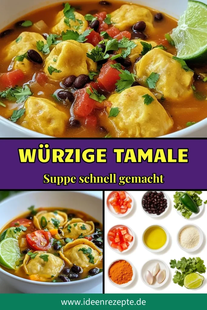Entdecke die köstliche Tamale Dumpling Suppe, ein perfektes Rezept für alle, die mexikanische Küche lieben und auf der Suche nach neuen Suppenrezepte mit Bohnen sind. Dieses Tamales Rezept ist nicht nur herzhaft, sondern auch in einer veganen Variante leicht zuzubereiten. Probiere diese einfache und schmackhafte vegane Tamales-Suppe aus und genieße eine sättigende Mahlzeit! Speichere es dir für später! #TamaleDumplingSuppe #TamalesRezept #VeganeTamales #MexikanischeSuppe
