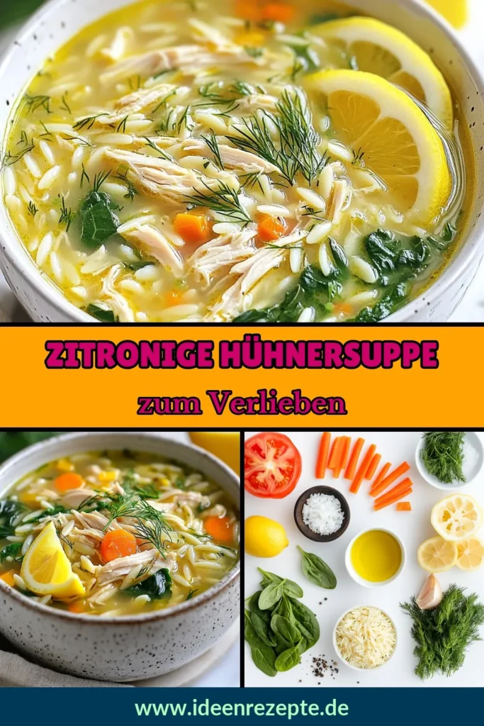 Entdecken Sie das köstliche Rezept für Zitronige Hühnersuppe, eine authentische Griechische Hühnersuppe mit zarten Orzo-Nudeln. Diese gesunde Hühnersuppe, verfeinert mit frischem Spinat und intensivem Zitronensaft, ist ideal für jede Jahreszeit. Lassen Sie sich von der Kombination aus Aromen überraschen! Probieren Sie jetzt unser einfaches Orzo-Hühnersuppe Rezept und genießen Sie eine leckere, gesunde Mahlzeit. Speichern Sie das Rezept! #ZitronigeHühnersuppe #GriechischeHühnersuppe #OrzoHühnersuppe #GesundeHühnersuppe