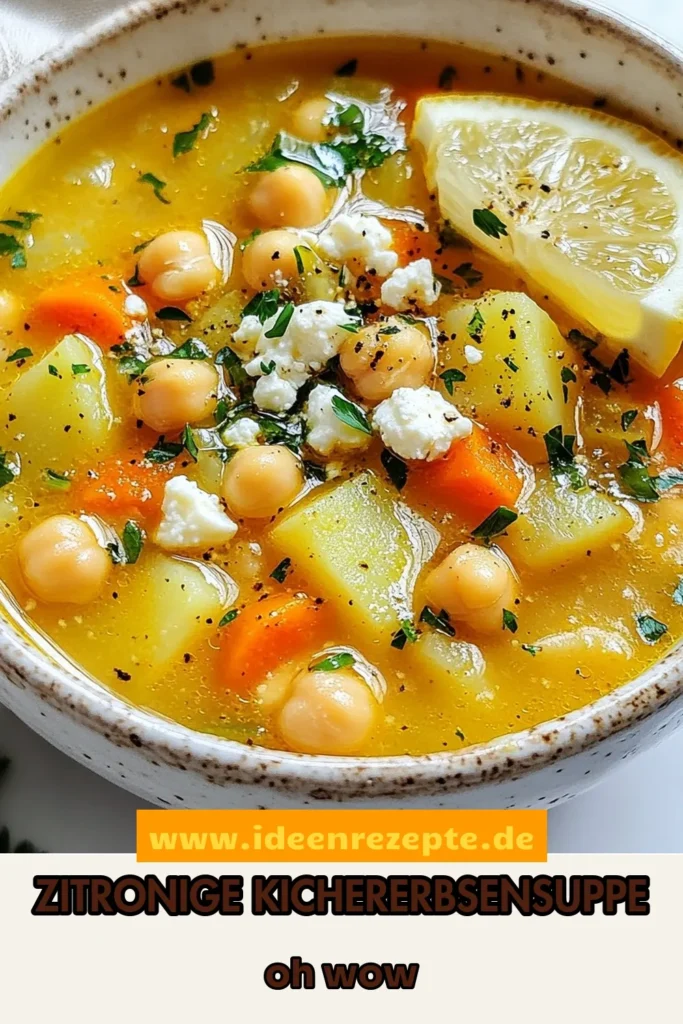 Entdecken Sie unser schmackhaftes Rezept für eine zitronige Kichererbsensuppe! Diese griechische Kichererbsensuppe ist vegan, gesund und voller mediterraner Aromen. Perfekt für jede Jahreszeit, lässt sie sich leicht zubereiten und ist ideal für eine nahrhafte Mahlzeit. Lassen Sie sich von dieser köstlichen Kichererbsensuppe inspirieren und speichern Sie das Rezept für später! #Kichererbsensuppe #veganeRezepte #gesundessen #mediterraneküche