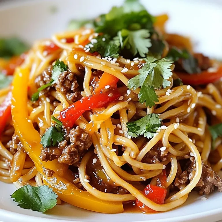 Für diese köstlichen asiatischen Rindfleisch-Spaghetti brauchen Sie einige Hauptzutaten: - 200 g Spaghetti - 250 g Rinderhackfleisch - 1 Paprika, dünn geschnitten - 1 Karotte, in Juliennestreifen - 3 Frühlingszwiebeln, gehackt - 2 Knoblauchzehen, fein gehackt - 2.5 cm frischer Ingwer, gerieben Diese Zutaten sind wichtig, um den vollen Geschmack zu erreichen. Die Spaghetti bilden die Grundlage und das Rindfleisch sorgt für eine herzhafte Note. Um den Geschmack zu verstärken, verwenden wir einige spezielle Gewürze und Soßen: - 2 Esslöffel Sesamöl - 3 Esslöffel Sojasauce - 1 Esslöffel Hoisinsauce - 1 Esslöffel Reisessig - 1 Teelöffel Chilipaste (nach Geschmack) - Salz und Pfeffer nach Geschmack Diese Zutaten bringen den asiatischen Flair in das Gericht. Sesamöl gibt ein nussiges Aroma und die Sojasauce sorgt für Tiefe. Die Dekoration macht das Gericht ganz besonders: - Sesamkörner zur Dekoration - Frischer Koriander zur Dekoration Die Dekoration sorgt nicht nur für einen schönen Anblick, sondern auch für zusätzlichen Geschmack. Frischer Koriander gibt einen frischen Kick und Sesamkörner fügen Knusprigkeit hinzu. {{ingredient_image_2}} Bringe einen großen Topf mit Salzwasser zum Kochen. Füge die 200 g Spaghetti hinzu. Koche sie laut Packungsanweisung, bis sie al dente sind. Gieße die Spaghetti ab und stelle sie beiseite. Erhitze 2 Esslöffel Sesamöl in einer großen Pfanne. Füge 250 g Rinderhackfleisch hinzu. Brate das Fleisch bei mittlerer bis hoher Hitze, bis es braun ist. Zerkrümle das Fleisch mit einem Spatel und würze es mit Salz und Pfeffer. Rühre 2 fein gehackte Knoblauchzehen und 2,5 cm geriebenen Ingwer unter das Fleisch. Brate die Mischung für etwa 1 Minute, bis sie duftet. Füge dann 1 dünn geschnittene Paprika und 1 in Juliennestreifen geschnittene Karotte hinzu. Brate alles 3–4 Minuten lang, bis das Gemüse zart ist. In einer kleinen Schüssel vermische 3 Esslöffel Sojasauce, 1 Esslöffel Hoisinsauce und 1 Esslöffel Reisessig. Wenn du es schärfer magst, füge 1 Teelöffel Chilipaste hinzu. Gieße die Sauce über das Rindfleisch und Gemüse, und rühre gut um. Füge die abgetropften Spaghetti zur Rindfleisch- und Gemüse-Mischung hinzu. Verwende Zangen, um alles gut zu vermengen. Achte darauf, dass die Nudeln gleichmäßig mit der Sauce bedeckt sind. Rühre die gehackten 3 Frühlingszwiebeln unter die Mischung. Nimm die Pfanne vom Herd. Verteile die Spaghetti auf Tellern. Garniere sie mit Sesamkörnern und frischem Koriander. Um perfekte Spaghetti zu kochen, fangen Sie mit viel Wasser an. Verwenden Sie etwa einen Liter Wasser pro 100 g Spaghetti. Fügen Sie eine Prise Salz hinzu, bevor das Wasser kocht. Geben Sie die Spaghetti hinein und rühren Sie sie gut um. Kochen Sie sie nach den Anweisungen auf der Verpackung, bis sie al dente sind. Überprüfen Sie die Spaghetti ein bis zwei Minuten vor dem Ende der Kochzeit. So behalten sie den perfekten Biss. Nach dem Abgießen sollten Sie sie nicht mit kaltem Wasser abspülen. Das entfernt die Stärke, die hilft, die Sauce zu halten. Sie können die Zutaten leicht anpassen. Fügen Sie zum Beispiel mehr Gemüse hinzu, wie Zucchini oder Brokkoli. Das bringt Farbe und mehr Nährstoffe. Für eine schärfere Note können Sie frische Chilischoten oder mehr Chilipaste verwenden. Wenn Sie kein Rindfleisch mögen, probieren Sie Hähnchen oder Tofu. Auch Garnelen passen gut in dieses Gericht. So wird es für jeden Geschmack passend. Um die Aromen zu verstärken, sollten Sie die Sauce gut vermischen. Lassen Sie die Sauce kurz köcheln, damit sie dick wird. Fügen Sie etwas mehr Sojasauce oder Hoisinsauce hinzu, wenn Sie einen intensiveren Geschmack wollen. Auch frische Kräuter wie Koriander oder Basilikum machen einen großen Unterschied. Garniert mit gerösteten Sesamkörnern, sieht Ihr Gericht nicht nur gut aus, sondern schmeckt auch viel besser. Pro Tipps Die richtige Nudelwahl: Für dieses Gericht eignen sich am besten Spaghetti, da sie die Sauce gut aufnehmen. Alternativ können auch andere Nudelsorten wie Udon verwendet werden, um einen anderen Biss zu erzielen. Frisches Gemüse: Verwenden Sie frisches Gemüse für den besten Geschmack und die beste Textur. Achten Sie darauf, das Gemüse nicht zu lange zu garen, damit es knackig bleibt. Variationen der Sauce: Passen Sie die Sauce nach Ihrem Geschmack an. Fügen Sie mehr Chilipaste für zusätzliche Schärfe oder etwas Honig für eine süßere Note hinzu. Garnieren für den Wow-Faktor: Frischer Koriander und geröstete Sesamkörner machen das Gericht nicht nur schmackhafter, sondern verleihen ihm auch ein ansprechendes Aussehen. {{image_4}} Wenn Sie eine vegetarische Variante zubereiten möchten, ersetzen Sie das Rinderhackfleisch durch Tofu oder Tempeh. Beide sind proteinreich und nehmen die Aromen der Sauce gut auf. Schneiden Sie den Tofu in kleine Würfel und braten Sie ihn bis er goldbraun ist. Fügen Sie dann die gleichen Gewürze und Gemüse hinzu. Das gibt Ihnen eine herzhafte und schmackhafte Option. Für eine glutenfreie Version verwenden Sie glutenfreie Spaghetti. Diese sind mittlerweile in vielen Geschäften erhältlich. Achten Sie auch auf Ihre Sojasauce. Es gibt glutenfreie Sojasauce, die den gleichen Geschmack bietet. Diese Anpassungen machen das Gericht für alle genießbar. Wenn Sie eine Suppe mögen, verwandeln Sie Ihre Spaghetti in eine schmackhafte Nudel-Suppe. Kochen Sie die Spaghetti wie gewohnt und stellen Sie eine Brühe aus Hühner- oder Gemüsebrühe her. Fügen Sie die angebratenen Zutaten in die Brühe. Lassen Sie die Mischung aufkochen, bevor Sie die Spaghetti hinzufügen. Garnieren Sie das Gericht mit frischen Kräutern und etwas Chiliöl für mehr Geschmack. Wenn Sie Rindfleisch-Spaghetti zubereiten, können Sie sie leicht lagern. Lassen Sie die Spaghetti zuerst auf Raumtemperatur abkühlen. Packen Sie dann die Reste in einen luftdichten Behälter. So bleiben die Nudeln frisch und lecker. Lagern Sie sie im Kühlschrank. Dort sind sie bis zu drei Tage haltbar. Um die Spaghetti wieder aufzuwärmen, geben Sie sie in eine Pfanne. Fügen Sie einen Spritzer Wasser oder etwas Sesamöl hinzu. Erhitzen Sie die Mischung bei mittlerer Hitze. Rühren Sie gut um, damit alles gleichmäßig warm wird. Sie können die Spaghetti auch in der Mikrowelle aufwärmen. Stellen Sie sicher, dass Sie sie abdecken, um ein Austrocknen zu vermeiden. Für übrig gebliebene Zutaten, wie Gemüse oder Soße, verwenden Sie kleine Behälter. Lagern Sie das Gemüse im Kühlschrank. Es bleibt frisch für ein paar Tage. Die Soße können Sie ebenfalls in einem luftdichten Behälter aufbewahren. Denken Sie daran, dass die Aromen sich verstärken, je länger die Soße steht. So haben Sie immer eine leckere Basis für ein schnelles Gericht. Die Zubereitung dauert etwa 25 Minuten. Sie benötigen 10 Minuten für die Vorbereitung und 15 Minuten zum Kochen. Diese schnelle Zeit macht das Gericht ideal für ein schnelles Abendessen. Sie können Hackfleisch aus Hähnchen oder Pute verwenden. Auch Tofu ist eine gute Wahl für eine vegetarische Option. Diese Alternativen passen gut zu den Aromen. Ja, die Schärfe kann leicht angepasst werden. Verwenden Sie mehr oder weniger Chilipaste, je nach Ihrem Geschmack. Für weniger Schärfe können Sie die Chilipaste ganz weglassen. Beilagen wie gedämpftes Gemüse oder einen frischen Salat passen gut. Auch Frühlingsrollen sind eine tolle Ergänzung zum Gericht. Diese Beilagen bringen zusätzliche Frische und Textur. Dieses Rezept kombiniert asiatische und italienische Kochtraditionen. Es ist inspiriert von verschiedenen asiatischen Aromen und der beliebten Pasta. Diese Mischung macht das Gericht besonders und einzigartig. In diesem Artikel haben wir die wichtigen Zutaten, die Schritte und nützliche Tipps für asiatische Rindfleisch-Spaghetti behandelt. Ich habe auch verschiedene Variationen wie vegetarische Optionen vorgestellt. Diese Gerichte sind einfach zuzubereiten und voller Geschmack. Das richtige Lagern und Wiedererwärmen der Reste erhöht die Lebensdauer deines Essens. Probiere verschiedene Aromen aus, um dein persönliches Lieblingsgericht zu kreieren. Mit diesen Informationen bist du gut gerüstet, um dieses Gericht im Handumdrehen zubereiten und genießen zu können.