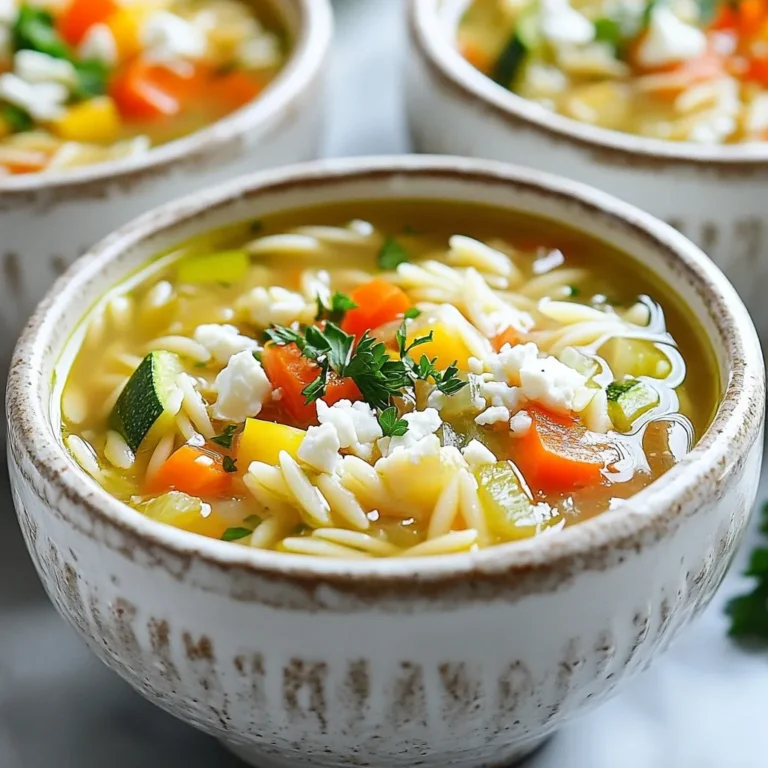 Für die Mediterrane Orzo-Suppe brauche ich folgende Hauptzutaten: - 1 Tasse Orzo-Nudeln - 1 Esslöffel Olivenöl - 1 mittelgroße Zwiebel, gehackt - 2 Knoblauchzehen, fein gehackt - 1 Karotte, gewürfelt - 1 Selleriestange, gewürfelt - 1 rote Paprika, gewürfelt - 1 Zucchini, gewürfelt - 4 Tassen Gemüsebrühe - 1 Dose (415g) Kichererbsen, gewaschen und abgetropft Diese Zutaten bilden die Basis für den Geschmack und die Textur der Suppe. Um die Suppe geschmackvoll zu machen, füge ich folgende Gewürze und Kräuter hinzu: - 1 Teelöffel getrockneter Oregano - 1 Teelöffel getrockneter Thymian - Salz und Pfeffer nach Geschmack - Saft von 1 Zitrone Diese Gewürze verleihen der Suppe eine frische Note und einen mediterranen Geschmack. Die Garnierung macht die Suppe noch leckerer und schöner. Ich empfehle: - Frische Petersilie, gehackt - Zerbröckelter Feta-Käse (optional) Diese Optionen fügen zusätzlichen Geschmack und Farbe hinzu. Ein Spritzer Olivenöl vor dem Servieren rundet alles ab. {{ingredient_image_2}} Zuerst sammeln wir alle Zutaten. Du brauchst Orzo-Nudeln, Gemüse und Gewürze. Ich schneide die Zwiebel, Karotte, Sellerie, Paprika und Zucchini in kleine Stücke. So garen sie gleichmäßig. Achte darauf, dass der Knoblauch fein gehackt ist. Das bringt viel Geschmack in die Suppe. Jetzt erhitze das Olivenöl in einem großen Topf. Füge die Zwiebel hinzu und brate sie weich, das dauert etwa 3-4 Minuten. Dann kommt der Knoblauch, die Karotte und der Sellerie dazu. Weiter 3-4 Minuten braten, bis alles leicht zart ist. Danach sind die Paprika und Zucchini dran. Rühre alles gut um und koche weitere 3-4 Minuten. Gieße nun die Gemüsebrühe in den Topf. Lass sie zum Kochen kommen. Wenn die Brühe sprudelt, gib die Orzo-Nudeln und Kichererbsen hinein. Mische die Kräuter unter und würze mit Salz und Pfeffer. Reduziere die Hitze und lasse die Suppe 10-12 Minuten köcheln. Die Orzo-Nudeln sollten al dente sein. Nachdem die Suppe fertig ist, nimm den Topf vom Herd. Rühre den Zitronensaft ein und probiere die Suppe. Passen die Gewürze? Jetzt ist die Zeit dafür. Serviere die Suppe heiß in schönen Schalen. Garniere sie mit frischer Petersilie und optional mit zerbröckeltem Feta. Ein Spritzer Olivenöl gibt der Suppe das gewisse Extra. Ein häufiger Fehler ist, die Zwiebel nicht genug zu braten. Sie sollte weich und leicht goldbraun sein. Wenn Sie das Gemüse zu lange kochen, wird es matschig. Achten Sie darauf, die Orzo-Nudeln nicht zu lange zu kochen. Sie sollten al dente bleiben. Überwürzen Sie die Suppe nicht gleich zu Beginn. Probieren Sie sie erst am Ende. Um die Suppe gesünder zu machen, fügen Sie mehr Gemüse hinzu. Brokkoli, Spinat oder grüne Bohnen passen gut. Verwenden Sie auch eine natriumarme Gemüsebrühe. Das senkt den Salzgehalt. Für mehr Ballaststoffe können Sie Quinoa anstelle von Orzo verwenden. Das gibt der Suppe eine extra Portion Nährstoffe. Bereiten Sie das Gemüse im Voraus vor. Schneiden Sie alles am Abend vorher. Lagern Sie es in einem luftdichten Behälter im Kühlschrank. Dies spart Zeit, wenn es schnell gehen muss. Sie können auch die Brühe in größeren Mengen kochen und einfrieren. So haben Sie immer eine Basis für Ihre Suppe bereit. Profi Tipps Gemüse frisch wählen: Für den besten Geschmack verwenden Sie frisches, saisonales Gemüse. Es macht einen großen Unterschied in der Aromenvielfalt Ihrer Suppe. Orzo richtig kochen: Achten Sie darauf, die Orzo-Nudeln nicht zu lange zu kochen, da sie sonst matschig werden. Kochen Sie sie al dente für die beste Textur. Zitronensaft hinzufügen: Fügen Sie den Zitronensaft am Ende der Kochzeit hinzu, um den frischen Geschmack zu bewahren und die Aromen zu heben. Feta Käse optional: Falls Sie Feta verwenden, fügen Sie ihn kurz vor dem Servieren hinzu, damit er frisch und cremig bleibt. {{image_4}} Die mediterrane Orzo-Suppe ist sehr vielseitig. Du kannst viele Gemüsesorten verwenden. Zucchini, Paprika und Karotten passen perfekt. Füge auch Spinat oder Brokkoli hinzu. Das gibt mehr Farbe und Nährstoffe. Wenn du magst, kannst du auch Erbsen oder grüne Bohnen einfügen. Diese Mischung macht die Suppe nicht nur gesund, sondern auch lecker. Um mehr Proteine hinzuzufügen, ist Hühnchen eine gute Wahl. Koche zuerst die Hühnchenbrust in der Brühe. Schneide das Fleisch in kleine Stücke und füge es später hinzu. Fisch wie Lachs oder Kabeljau funktioniert auch gut. Gib ihn kurz vor dem Servieren in die Suppe. So bleibt er zart und frisch. Die Orzo-Suppe ist leicht vegetarisch oder vegan zu machen. Verwende Gemüsebrühe statt Hühnerbrühe. Füge mehr Hülsenfrüchte wie Linsen oder schwarze Bohnen hinzu. Sie sind reich an Proteinen und Ballaststoffen. Anstelle von Feta-Käse kannst du Nusskäse verwenden. So bleibt die Suppe vegan und schmeckt trotzdem gut. Um die Mediterrane Orzo-Suppe gut zu lagern, lasse sie zuerst abkühlen. Fülle sie dann in einen luftdichten Behälter. Stelle sicher, dass der Behälter gut verschlossen ist. So bleibt die Suppe frisch und lecker. Du kannst die Suppe bis zu drei Tage im Kühlschrank aufbewahren. Wenn du die Suppe aufwärmst, gieße sie in einen Topf. Füge einen Spritzer Wasser oder Brühe hinzu, damit sie nicht zu dick wird. Erhitze die Suppe bei mittlerer Hitze. Rühre oft um, damit sie gleichmäßig warm wird. Du kannst die Suppe auch in der Mikrowelle aufwärmen. Stelle sie in eine mikrowellengeeignete Schüssel und decke sie ab. Die Mediterrane Orzo-Suppe hält sich im Kühlschrank etwa drei Tage. Du kannst Reste auch einfrieren. Fülle die Suppe in Gefrierbeutel und beschrifte sie mit Datum. So hast du eine schnelle Mahlzeit für kühle Tage. Eine gute Verwendung ist, sie mit frischem Brot zu servieren oder als Basis für ein weiteres Gericht zu nutzen. Ja, du kannst andere Nudeln verwenden. Zum Beispiel sind kleine Muschelnudeln oder kleine Spiralnudeln gut. Achte darauf, die Kochzeit anzupassen. Jede Nudel hat ihre eigene Garzeit. Ich empfehle, die Nudeln regelmäßig zu probieren, um die perfekte Textur zu finden. Die Zubereitung dauert etwa 30 Minuten. Du brauchst 15 Minuten, um die Zutaten vorzubereiten. Dann kochst du die Suppe für 10 bis 12 Minuten. Das geht schnell und einfach. So hast du in kurzer Zeit eine leckere Mahlzeit. Ja, die Mediterrane Orzo-Suppe ist vegetarisch. Sie enthält nur Gemüse und Kichererbsen. Das macht sie nahrhaft und gesund. Wenn du eine vegane Option möchtest, lasse den Feta-Käse einfach weg. So bleibt die Suppe leicht und frisch. Die Mediterrane Orzo-Suppe ist einfach und lecker. Wir haben die Hauptzutaten und die besten Gewürze besprochen. Ich habe dir Schritt-für-Schritt-Anleitungen gegeben, um Fehler zu vermeiden. Du kannst sie leicht variieren, sei es mit Gemüse, Hühnchen oder Fisch. Auch die Lagerung und Aufwärmen war Thema. Denke daran, dass die Suppe gesund ist und dir Zeit spart. Probiere es aus und finde deine perfekte Variante. So lernst du, wie einfach gutes Essen sein kann.