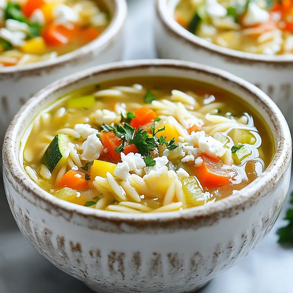 Für die Mediterrane Orzo-Suppe brauche ich folgende Hauptzutaten: - 1 Tasse Orzo-Nudeln - 1 Esslöffel Olivenöl - 1 mittelgroße Zwiebel, gehackt - 2 Knoblauchzehen, fein gehackt - 1 Karotte, gewürfelt - 1 Selleriestange, gewürfelt - 1 rote Paprika, gewürfelt - 1 Zucchini, gewürfelt - 4 Tassen Gemüsebrühe - 1 Dose (415g) Kichererbsen, gewaschen und abgetropft Diese Zutaten bilden die Basis für den Geschmack und die Textur der Suppe. Um die Suppe geschmackvoll zu machen, füge ich folgende Gewürze und Kräuter hinzu: - 1 Teelöffel getrockneter Oregano - 1 Teelöffel getrockneter Thymian - Salz und Pfeffer nach Geschmack - Saft von 1 Zitrone Diese Gewürze verleihen der Suppe eine frische Note und einen mediterranen Geschmack. Die Garnierung macht die Suppe noch leckerer und schöner. Ich empfehle: - Frische Petersilie, gehackt - Zerbröckelter Feta-Käse (optional) Diese Optionen fügen zusätzlichen Geschmack und Farbe hinzu. Ein Spritzer Olivenöl vor dem Servieren rundet alles ab. {{ingredient_image_2}} Zuerst sammeln wir alle Zutaten. Du brauchst Orzo-Nudeln, Gemüse und Gewürze. Ich schneide die Zwiebel, Karotte, Sellerie, Paprika und Zucchini in kleine Stücke. So garen sie gleichmäßig. Achte darauf, dass der Knoblauch fein gehackt ist. Das bringt viel Geschmack in die Suppe. Jetzt erhitze das Olivenöl in einem großen Topf. Füge die Zwiebel hinzu und brate sie weich, das dauert etwa 3-4 Minuten. Dann kommt der Knoblauch, die Karotte und der Sellerie dazu. Weiter 3-4 Minuten braten, bis alles leicht zart ist. Danach sind die Paprika und Zucchini dran. Rühre alles gut um und koche weitere 3-4 Minuten. Gieße nun die Gemüsebrühe in den Topf. Lass sie zum Kochen kommen. Wenn die Brühe sprudelt, gib die Orzo-Nudeln und Kichererbsen hinein. Mische die Kräuter unter und würze mit Salz und Pfeffer. Reduziere die Hitze und lasse die Suppe 10-12 Minuten köcheln. Die Orzo-Nudeln sollten al dente sein. Nachdem die Suppe fertig ist, nimm den Topf vom Herd. Rühre den Zitronensaft ein und probiere die Suppe. Passen die Gewürze? Jetzt ist die Zeit dafür. Serviere die Suppe heiß in schönen Schalen. Garniere sie mit frischer Petersilie und optional mit zerbröckeltem Feta. Ein Spritzer Olivenöl gibt der Suppe das gewisse Extra. Ein häufiger Fehler ist, die Zwiebel nicht genug zu braten. Sie sollte weich und leicht goldbraun sein. Wenn Sie das Gemüse zu lange kochen, wird es matschig. Achten Sie darauf, die Orzo-Nudeln nicht zu lange zu kochen. Sie sollten al dente bleiben. Überwürzen Sie die Suppe nicht gleich zu Beginn. Probieren Sie sie erst am Ende. Um die Suppe gesünder zu machen, fügen Sie mehr Gemüse hinzu. Brokkoli, Spinat oder grüne Bohnen passen gut. Verwenden Sie auch eine natriumarme Gemüsebrühe. Das senkt den Salzgehalt. Für mehr Ballaststoffe können Sie Quinoa anstelle von Orzo verwenden. Das gibt der Suppe eine extra Portion Nährstoffe. Bereiten Sie das Gemüse im Voraus vor. Schneiden Sie alles am Abend vorher. Lagern Sie es in einem luftdichten Behälter im Kühlschrank. Dies spart Zeit, wenn es schnell gehen muss. Sie können auch die Brühe in größeren Mengen kochen und einfrieren. So haben Sie immer eine Basis für Ihre Suppe bereit. Profi Tipps Gemüse frisch wählen: Für den besten Geschmack verwenden Sie frisches, saisonales Gemüse. Es macht einen großen Unterschied in der Aromenvielfalt Ihrer Suppe. Orzo richtig kochen: Achten Sie darauf, die Orzo-Nudeln nicht zu lange zu kochen, da sie sonst matschig werden. Kochen Sie sie al dente für die beste Textur. Zitronensaft hinzufügen: Fügen Sie den Zitronensaft am Ende der Kochzeit hinzu, um den frischen Geschmack zu bewahren und die Aromen zu heben. Feta Käse optional: Falls Sie Feta verwenden, fügen Sie ihn kurz vor dem Servieren hinzu, damit er frisch und cremig bleibt. {{image_4}} Die mediterrane Orzo-Suppe ist sehr vielseitig. Du kannst viele Gemüsesorten verwenden. Zucchini, Paprika und Karotten passen perfekt. Füge auch Spinat oder Brokkoli hinzu. Das gibt mehr Farbe und Nährstoffe. Wenn du magst, kannst du auch Erbsen oder grüne Bohnen einfügen. Diese Mischung macht die Suppe nicht nur gesund, sondern auch lecker. Um mehr Proteine hinzuzufügen, ist Hühnchen eine gute Wahl. Koche zuerst die Hühnchenbrust in der Brühe. Schneide das Fleisch in kleine Stücke und füge es später hinzu. Fisch wie Lachs oder Kabeljau funktioniert auch gut. Gib ihn kurz vor dem Servieren in die Suppe. So bleibt er zart und frisch. Die Orzo-Suppe ist leicht vegetarisch oder vegan zu machen. Verwende Gemüsebrühe statt Hühnerbrühe. Füge mehr Hülsenfrüchte wie Linsen oder schwarze Bohnen hinzu. Sie sind reich an Proteinen und Ballaststoffen. Anstelle von Feta-Käse kannst du Nusskäse verwenden. So bleibt die Suppe vegan und schmeckt trotzdem gut. Um die Mediterrane Orzo-Suppe gut zu lagern, lasse sie zuerst abkühlen. Fülle sie dann in einen luftdichten Behälter. Stelle sicher, dass der Behälter gut verschlossen ist. So bleibt die Suppe frisch und lecker. Du kannst die Suppe bis zu drei Tage im Kühlschrank aufbewahren. Wenn du die Suppe aufwärmst, gieße sie in einen Topf. Füge einen Spritzer Wasser oder Brühe hinzu, damit sie nicht zu dick wird. Erhitze die Suppe bei mittlerer Hitze. Rühre oft um, damit sie gleichmäßig warm wird. Du kannst die Suppe auch in der Mikrowelle aufwärmen. Stelle sie in eine mikrowellengeeignete Schüssel und decke sie ab. Die Mediterrane Orzo-Suppe hält sich im Kühlschrank etwa drei Tage. Du kannst Reste auch einfrieren. Fülle die Suppe in Gefrierbeutel und beschrifte sie mit Datum. So hast du eine schnelle Mahlzeit für kühle Tage. Eine gute Verwendung ist, sie mit frischem Brot zu servieren oder als Basis für ein weiteres Gericht zu nutzen. Ja, du kannst andere Nudeln verwenden. Zum Beispiel sind kleine Muschelnudeln oder kleine Spiralnudeln gut. Achte darauf, die Kochzeit anzupassen. Jede Nudel hat ihre eigene Garzeit. Ich empfehle, die Nudeln regelmäßig zu probieren, um die perfekte Textur zu finden. Die Zubereitung dauert etwa 30 Minuten. Du brauchst 15 Minuten, um die Zutaten vorzubereiten. Dann kochst du die Suppe für 10 bis 12 Minuten. Das geht schnell und einfach. So hast du in kurzer Zeit eine leckere Mahlzeit. Ja, die Mediterrane Orzo-Suppe ist vegetarisch. Sie enthält nur Gemüse und Kichererbsen. Das macht sie nahrhaft und gesund. Wenn du eine vegane Option möchtest, lasse den Feta-Käse einfach weg. So bleibt die Suppe leicht und frisch. Die Mediterrane Orzo-Suppe ist einfach und lecker. Wir haben die Hauptzutaten und die besten Gewürze besprochen. Ich habe dir Schritt-für-Schritt-Anleitungen gegeben, um Fehler zu vermeiden. Du kannst sie leicht variieren, sei es mit Gemüse, Hühnchen oder Fisch. Auch die Lagerung und Aufwärmen war Thema. Denke daran, dass die Suppe gesund ist und dir Zeit spart. Probiere es aus und finde deine perfekte Variante. So lernst du, wie einfach gutes Essen sein kann.