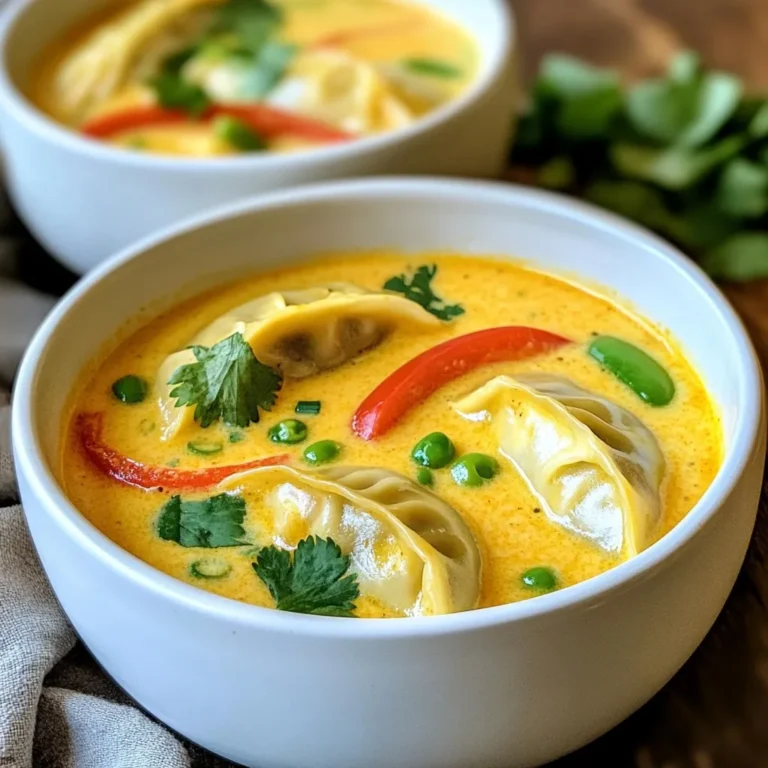 Für die Thai Potsticker Kokosnuss Suppe brauchen wir einige wichtige Zutaten: - 12 gefrorene Gemüse-Potstickers - 1 Dose (400 ml) Kokosmilch - 480 ml Gemüsebrühe - 1 Esslöffel rote Currypaste - 1 Esslöffel Sojasauce - 1 Esslöffel Limettensaft - 1 Esslöffel frischer Ingwer, gerieben - 2 Knoblauchzehen, gehackt - 1 rote Paprika, dünn geschnitten - 1 Tasse Zuckerschoten - 1 Frühlingszwiebel, gehackt (für die Garnitur) - Frische Korianderblätter (für die Garnitur) - Salz und Pfeffer nach Geschmack Diese Zutaten bieten die perfekte Basis für eine köstliche und schnelle Suppe. Die Aromazutaten sind das Herz der Suppe. Rote Currypaste bringt eine warme Schärfe. Sie passt gut zu Kokosmilch und Gemüse. Ingwer gibt der Suppe Frische und einen leichten Biss. Knoblauch sorgt für ein tolles Aroma und Geschmack. Sojasauce fügt Tiefe hinzu, während Limettensaft einen spritzigen Kontrast bietet. Diese Kombination macht die Suppe besonders lecker. Frische Zutaten machen einen großen Unterschied. Wähle knackige Zuckerschoten und eine leuchtend rote Paprika. Frischer Ingwer sorgt für einen besseren Geschmack als getrockneter. Achte darauf, dass die Korianderblätter frisch und grün sind. Diese kleinen Details heben deine Suppe auf ein neues Niveau. {{ingredient_image_2}} Zuerst nimmst du einen großen Topf. Gib die Gemüsebrühe, Kokosmilch, rote Currypaste, Sojasauce, Limettensaft, geriebenen Ingwer und den gehackten Knoblauch hinein. Rühre alles gut um. Erhitze die Mischung bei mittlerer Hitze. Lass sie sanft köcheln. Das Aroma wird schnell deinen Raum füllen. Sobald die Suppe köchelt, füge die gefrorenen Potstickers vorsichtig hinzu. Achte darauf, dass sie gleichmäßig verteilt sind. Lass sie für etwa 5-7 Minuten kochen. Überprüfe, ob sie vollständig durchgeheizt sind. So bekommst du die perfekte Textur. Jetzt kommt das Gemüse. Füge die dünn geschnittene rote Paprika und die Zuckerschoten hinzu. Koche die Suppe für weitere 3-4 Minuten. Das Gemüse sollte zart, aber knackig bleiben. Probiere die Suppe und passe die Gewürze mit Salz und Pfeffer an. Jetzt ist sie bereit zum Servieren! Um die Suppe perfekt zu machen, achte auf die Temperatur. Halte die Hitze mittlerer Stärke. So bleibt die Kokosmilch cremig und die Aromen kommen gut zur Geltung. Wenn die Suppe zu heiß wird, kann die Kokosmilch gerinnen. Probiere die Suppe während des Kochens. So kannst du den Geschmack anpassen. Füge mehr Limettensaft oder Sojasauce hinzu, wenn nötig. Ein Spritzer Zitronensaft kann auch helfen. Falls du keine Potstickers hast, probiere andere Teigtaschen. Dumplings oder Wontons sind ebenfalls lecker. Sie bringen eine ähnliche Textur. Du kannst auch selbstgemachte Füllungen verwenden. Eine Mischung aus Gemüse und Tofu passt gut in die Suppe. Wenn du die Suppe vegan machen möchtest, lasse die Potstickers weg und füge mehr Gemüse hinzu. Die Garnitur macht viel aus. Frische Korianderblätter bringen Frische. Sie harmonieren gut mit der Kokosmilch. Gehackte Frühlingszwiebeln sorgen für einen knackigen Biss. Du kannst auch geröstete Erdnüsse darüber streuen. Sie geben einen tollen Crunch. Als Beilage sind Reis oder Nudeln eine gute Wahl. Sie machen die Suppe noch sättigender. Pro Tipps Frische Zutaten verwenden: Verwenden Sie frisches Gemüse, um den Geschmack Ihrer Suppe zu verbessern und die Nährstoffe zu maximieren. Würzen anpassen: Schmecken Sie die Suppe während des Kochens ab und passen Sie die Gewürze nach Ihrem persönlichen Geschmack an. Kokosmilch für Cremigkeit: Für eine noch cremigere Suppe können Sie die Kokosmilch mit etwas Sahne oder einer pflanzlichen Alternative kombinieren. Garnitur variieren: Experimentieren Sie mit verschiedenen Kräutern oder Toppings wie Chili-Flocken oder geröstetem Sesam für zusätzlichen Geschmack und Textur. {{image_4}} Du kannst die Potsticker durch Gemüse-Potstickers ersetzen. Es gibt viele Marken, die pflanzliche Optionen bieten. Diese sind nicht nur lecker, sondern auch gesund. Die Brühe bleibt vegan, wenn du sie mit Gemüsebrühe zubereitest. Die rote Currypaste gibt der Suppe einen tollen Geschmack. Du kannst aber auch Gelbe oder grüne Currypaste verwenden. Wenn du es etwas schärfer magst, füge Chili-Flocken hinzu. Für einen besonderen Kick probiere frischen Koriander oder Zitronengras. Wenn du die Suppe füllender machen willst, füge Reis oder Nudeln hinzu. Reisnudeln sind eine tolle Wahl und passen gut. Koche sie einfach kurz in der Brühe mit den Potstickers. So wird die Suppe noch sättigender und geschmackvoller. Lagere die Reste der Suppe in einem luftdichten Behälter. Lass die Suppe zuerst abkühlen. So bleibt der Geschmack frisch und lecker. Stelle sicher, dass der Behälter gut verschlossen ist. Bei Zimmertemperatur sollte die Suppe nicht länger als zwei Stunden stehen. Im Kühlschrank bleibt sie bis zu drei Tage gut. Um die Suppe wieder zu erwärmen, benutze einen Topf oder die Mikrowelle. Wenn du einen Topf nutzt, erwärme die Suppe bei mittlerer Hitze. Rühre dabei häufig um, damit sie gleichmäßig heiß wird. In der Mikrowelle kannst du die Suppe in kurzen Intervallen von einer Minute erwärmen. Rühre nach jeder Minute um. So vermeidest du heiße Stellen. Die Suppe bleibt im Kühlschrank bis zu drei Tage frisch. Du kannst sie auch einfrieren. Fülle die Suppe in einen gefrierfesten Behälter. Im Gefrierfach hält sie sich etwa einen Monat. Achte darauf, dass du die Suppe gut beschriftet. So weißt du immer, wann du sie gemacht hast. Um sie zu verwenden, taue sie über Nacht im Kühlschrank auf. Erwärme sie dann wie oben beschrieben. Ja, du kannst frische Potstickers verwenden. Diese machen die Suppe noch leckerer. Du musst die frischen Potstickers nur etwas länger kochen. Achte darauf, dass sie ganz durchgegart sind. Ich empfehle, sie etwa 7-9 Minuten zu kochen. So bleiben sie schön zart und geben der Brühe tollen Geschmack. Um die Suppe schärfer zu machen, füge mehr rote Currypaste hinzu. Du kannst auch frische Chilis oder Chili-Flocken verwenden. Beginne mit einer kleinen Menge, um die Schärfe zu testen. Rühre die Gewürze gut ein, damit sich der Geschmack entfaltet. So wird deine Suppe schön würzig und aufregend. Wenn du keine Kokosmilch magst, probiere Mandelmilch oder Sojamilch. Diese Alternativen machen die Suppe cremig. Für mehr Geschmack kannst du auch Gemüsebrühe mit etwas Sahne mischen. Das gibt der Suppe eine neue Note. Teste verschiedene Optionen, um deinen Favoriten zu finden! In diesem Blogbeitrag haben wir die wichtigsten Zutaten und Schritte für die perfekte Suppe besprochen. Ich habe Tipps gegeben, um die Aromen zu verbessern und Alternativen zu finden. Du hast auch erfahren, wie du die Suppe variieren und Reste richtig lagern kannst. Nutze diese Informationen, um in deiner Küche kreativ zu sein und deine eigene köstliche Suppe zu kreieren. Viel Spaß beim Kochen!