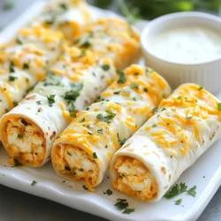 Um die besten Buffalo Chicken Dip Roll-Ups zu machen, brauchst du folgende Zutaten: - 2 Tassen gekochtes, zerrissenes Hähnchen - 1 Tasse Frischkäse, weich gerührt - 1/2 Tasse Buffalo-Sauce - 1 Tasse geriebener Cheddar-Käse - 1/2 Tasse Ranch-Dressing - 1/4 Tasse grüne Zwiebeln, fein gehackt - 4 große Weizentortillas - Salz und Pfeffer nach Geschmack - Frischer Koriander zur Garnierung Diese Zutaten sind einfach zu finden und machen das Rezept lecker und sättigend. Wenn du etwas Abwechslung suchst, probiere diese Zutaten: - Gehackte Paprika für einen knackigen Biss - Jalapeños für extra Schärfe - Zerkleinerte Oliven für einen salzigen Geschmack - Frisch geriebener Mozzarella für cremige Textur Mit diesen zusätzlichen Zutaten kannst du deine Roll-Ups anpassen und neue Geschmackserlebnisse kreieren. Achte darauf, frische und hochwertige Zutaten zu wählen. Hier sind einige Tipps: - Wähle Hähnchen von guter Qualität. Gekochtes Hähnchen vom Grill hat oft mehr Geschmack. - Frischkäse sollte weich sein. Dadurch lässt sich die Mischung einfacher vermengen. - Die Buffalo-Sauce kann je nach Vorliebe ausgewählt werden. Probiere verschiedene Marken, um die beste für dich zu finden. - Frische grüne Zwiebeln geben einen tollen Geschmack und eine schöne Farbe. Mit diesen Tipps stellst du sicher, dass deine Buffalo Chicken Dip Roll-Ups immer gut schmecken! {{ingredient_image_2}} Zuerst bereite die Hähnchenmischung vor. Nimm eine große Schüssel. Vermenge darin 2 Tassen gekochtes, zerrissenes Hähnchen mit 1 Tasse Frischkäse. Die Frischkäse sollte weich sein. Füge dann 1/2 Tasse Buffalo-Sauce hinzu. Du kannst die Schärfe nach deinen Wünschen anpassen. Jetzt kommt 1 Tasse geriebener Cheddar-Käse dazu. Danach gib 1/2 Tasse Ranch-Dressing und 1/4 Tasse fein gehackte grüne Zwiebeln hinein. Rühre alles gut um, bis die Mischung gleichmäßig ist. Würze mit Salz und Pfeffer nach Geschmack. Wenn du es schärfer magst, füge mehr Buffalo-Sauce hinzu. Lege jetzt eine Weizentortilla auf eine saubere Fläche. Nimm etwa 1/4 der Hähnchenmischung. Platziere diese in der Mitte der Tortilla. Verteile die Mischung gleichmäßig, aber lasse etwas Rand frei. So läuft nichts aus. Rolle die Tortilla von der unteren Seite auf. Klappe dabei die Seiten ein. So bleibt die Füllung drin. Wiederhole dies mit allen Tortillas, bis du vier Rollen hast. Wenn alle Tortillas gerollt sind, kannst du sie ganz servieren oder in kleine Stücke schneiden. Schneide jede Rolle in etwa 2,5 cm dicke Stücke. Lege die Roll-Ups auf eine schöne Servierplatte. Garniere sie mit frischem Koriander. Du kannst auch zusätzlich Ranch-Dressing zum Dippen anbieten. So wird dein Snack noch besser! Um die Roll-Ups perfekt zu machen, achte auf die Füllung. Mische das zerrissene Hähnchen gut mit dem Frischkäse. Die Buffalo-Sauce sollte gleichmäßig verteilt sein. So bekommt jeder Biss den vollen Geschmack. Rolle die Tortillas fest, aber nicht zu fest. Lasse genug Platz an den Seiten. Das verhindert ein Auslaufen. Die Schärfe ist wichtig. Wenn du es mild magst, verwende weniger Buffalo-Sauce. Probiere die Mischung vor dem Rollen. Füge mehr Sauce hinzu, wenn du mehr Schärfe willst. Es ist einfach, die Schärfe anzupassen. Denke daran, dass die Schärfe beim Backen leicht abnimmt. Ranch-Dressing ist die beste Beilage. Es passt gut zu den Roll-Ups. Du kannst auch Guacamole oder Salsa anbieten. Diese Dips bringen zusätzliche Frische. Serviere die Roll-Ups mit frischem Gemüse. Karotten und Sellerie sind tolle Optionen. Sie sorgen für einen schönen Crunch. Pro Tipps Hähnchen vorbereiten: Verwende Reste von gegrilltem oder gebratenem Hähnchen, um Zeit zu sparen und zusätzlichen Geschmack zu erhalten. Variationen der Sauce: Experimentiere mit verschiedenen Buffalo-Saucen, um die Schärfe und den Geschmack nach deinem persönlichen Vorlieben anzupassen. Beilage anpassen: Probiere verschiedene Dips wie Blauschimmelkäse-Dressing oder Guacamole, um den Roll-Ups eine neue Note zu verleihen. Frische Kräuter verwenden: Frischer Koriander oder Petersilie können nicht nur als Garnierung dienen, sondern auch den Geschmack der Roll-Ups erheblich verbessern. {{image_4}} Du kannst die Füllung für deine Roll-Ups leicht ändern. Probiere, geräucherten Lachs oder Schinken zu verwenden. Füge auch etwas Spinat oder Paprika hinzu. Du kannst auch verschiedene Käsesorten nutzen, wie Gouda oder Mozzarella. Das macht die Roll-Ups spannend und lecker. Wenn du die Tortilla nicht magst, gibt es gute Alternativen. Verwende Salatblätter für eine kalorienarme Option. Oder probiere Vollkorn-Tortillas für mehr Ballaststoffe. Du kannst auch glutenfreie Tortillas verwenden, wenn du Allergien hast. Diese Optionen machen es einfach, das Rezept anzupassen. Für eine vegetarische Version kannst du das Hähnchen weglassen. Verwende stattdessen Kichererbsen oder schwarze Bohnen. Mische das mit Frischkäse, Buffalo-Sauce und Käse. Diese Füllung schmeckt auch gut und ist nahrhaft. Du wirst es lieben, neue Geschmäcker zu entdecken! Um die Buffalo Chicken Dip Roll-Ups richtig aufzubewahren, lege sie in einen luftdichten Behälter. So bleiben sie frisch und lecker. Du kannst sie auch in Frischhaltefolie wickeln. Achte darauf, dass die Roll-Ups nicht zerdrückt werden. Stelle den Behälter in den Kühlschrank. Die Roll-Ups sollten nicht länger als drei Tage aufbewahrt werden, um die beste Qualität zu erhalten. Um die Roll-Ups einzufrieren, rolle sie zuerst fest ein. Wickel jede Rolle in Frischhaltefolie. Danach lege die Roll-Ups in einen gefrierfesten Beutel. Vergiss nicht, das Datum aufzuschreiben. So weißt du, wann du sie eingefroren hast. Die Roll-Ups bleiben bis zu drei Monate frisch im Gefrierfach. Wenn du sie essen möchtest, lass sie einfach über Nacht im Kühlschrank auftauen. Im Kühlschrank halten sich die Buffalo Chicken Dip Roll-Ups bis zu drei Tage. Nach dieser Zeit können sie an Geschmack verlieren. Achte darauf, sie gut verpackt zu lagern. Wenn sie nicht mehr frisch riechen oder sich die Textur verändert, solltest du sie nicht mehr essen. So kannst du sicherstellen, dass du immer leckere Roll-Ups genießt! Buffalo Chicken Dip Roll-Ups halten sich gut im Kühlschrank. Sie bleiben frisch für 3 bis 4 Tage. Lagere sie in einem luftdichten Behälter. So bleiben die Roll-Ups saftig und lecker. Wähle einen Behälter, der nicht zu groß ist, damit sie nicht austrocknen. Ja, du kannst das Rezept im Voraus zubereiten. Mische die Hähnchenmischung und rolle die Tortillas am Tag zuvor. Wickele sie gut in Frischhaltefolie ein. Lagere sie im Kühlschrank. Du kannst sie dann kurz vor dem Servieren schneiden oder ganz lassen. So sparst du Zeit und kannst deine Gäste besser bedienen. Ranch-Dressing passt hervorragend zu den Roll-Ups. Es ergänzt die scharfen Aromen der Buffalo-Sauce. Auch Blauschimmelkäse-Dressing ist eine tolle Wahl. Du kannst auch eine frische Salsa dazu reichen. Sie bringt eine schöne Note von Frische und Geschmack. Buffalo Chicken Dip Roll-Ups sind einfach, lecker und vielseitig. Wir haben die besten Zutaten, eine Schritt-für-Schritt-Anleitung und hilfreiche Tipps geteilt. Diese Roll-Ups sind perfekt für jedes Event. Sie eignen sich auch gut für Variationen, sogar vegetarisch. Vergessen Sie nicht, sie richtig zu lagern und bei Bedarf einzufrieren. Egal ob für einen Snack oder ein Fest, diese Roll-Ups werden Ihre Gäste begeistern. Bereiten Sie sich darauf vor, die besten Buffalo Chicken Dip Roll-Ups zu genießen!