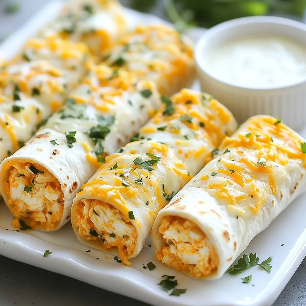 Um die besten Buffalo Chicken Dip Roll-Ups zu machen, brauchst du folgende Zutaten: - 2 Tassen gekochtes, zerrissenes Hähnchen - 1 Tasse Frischkäse, weich gerührt - 1/2 Tasse Buffalo-Sauce - 1 Tasse geriebener Cheddar-Käse - 1/2 Tasse Ranch-Dressing - 1/4 Tasse grüne Zwiebeln, fein gehackt - 4 große Weizentortillas - Salz und Pfeffer nach Geschmack - Frischer Koriander zur Garnierung Diese Zutaten sind einfach zu finden und machen das Rezept lecker und sättigend. Wenn du etwas Abwechslung suchst, probiere diese Zutaten: - Gehackte Paprika für einen knackigen Biss - Jalapeños für extra Schärfe - Zerkleinerte Oliven für einen salzigen Geschmack - Frisch geriebener Mozzarella für cremige Textur Mit diesen zusätzlichen Zutaten kannst du deine Roll-Ups anpassen und neue Geschmackserlebnisse kreieren. Achte darauf, frische und hochwertige Zutaten zu wählen. Hier sind einige Tipps: - Wähle Hähnchen von guter Qualität. Gekochtes Hähnchen vom Grill hat oft mehr Geschmack. - Frischkäse sollte weich sein. Dadurch lässt sich die Mischung einfacher vermengen. - Die Buffalo-Sauce kann je nach Vorliebe ausgewählt werden. Probiere verschiedene Marken, um die beste für dich zu finden. - Frische grüne Zwiebeln geben einen tollen Geschmack und eine schöne Farbe. Mit diesen Tipps stellst du sicher, dass deine Buffalo Chicken Dip Roll-Ups immer gut schmecken! {{ingredient_image_2}} Zuerst bereite die Hähnchenmischung vor. Nimm eine große Schüssel. Vermenge darin 2 Tassen gekochtes, zerrissenes Hähnchen mit 1 Tasse Frischkäse. Die Frischkäse sollte weich sein. Füge dann 1/2 Tasse Buffalo-Sauce hinzu. Du kannst die Schärfe nach deinen Wünschen anpassen. Jetzt kommt 1 Tasse geriebener Cheddar-Käse dazu. Danach gib 1/2 Tasse Ranch-Dressing und 1/4 Tasse fein gehackte grüne Zwiebeln hinein. Rühre alles gut um, bis die Mischung gleichmäßig ist. Würze mit Salz und Pfeffer nach Geschmack. Wenn du es schärfer magst, füge mehr Buffalo-Sauce hinzu. Lege jetzt eine Weizentortilla auf eine saubere Fläche. Nimm etwa 1/4 der Hähnchenmischung. Platziere diese in der Mitte der Tortilla. Verteile die Mischung gleichmäßig, aber lasse etwas Rand frei. So läuft nichts aus. Rolle die Tortilla von der unteren Seite auf. Klappe dabei die Seiten ein. So bleibt die Füllung drin. Wiederhole dies mit allen Tortillas, bis du vier Rollen hast. Wenn alle Tortillas gerollt sind, kannst du sie ganz servieren oder in kleine Stücke schneiden. Schneide jede Rolle in etwa 2,5 cm dicke Stücke. Lege die Roll-Ups auf eine schöne Servierplatte. Garniere sie mit frischem Koriander. Du kannst auch zusätzlich Ranch-Dressing zum Dippen anbieten. So wird dein Snack noch besser! Um die Roll-Ups perfekt zu machen, achte auf die Füllung. Mische das zerrissene Hähnchen gut mit dem Frischkäse. Die Buffalo-Sauce sollte gleichmäßig verteilt sein. So bekommt jeder Biss den vollen Geschmack. Rolle die Tortillas fest, aber nicht zu fest. Lasse genug Platz an den Seiten. Das verhindert ein Auslaufen. Die Schärfe ist wichtig. Wenn du es mild magst, verwende weniger Buffalo-Sauce. Probiere die Mischung vor dem Rollen. Füge mehr Sauce hinzu, wenn du mehr Schärfe willst. Es ist einfach, die Schärfe anzupassen. Denke daran, dass die Schärfe beim Backen leicht abnimmt. Ranch-Dressing ist die beste Beilage. Es passt gut zu den Roll-Ups. Du kannst auch Guacamole oder Salsa anbieten. Diese Dips bringen zusätzliche Frische. Serviere die Roll-Ups mit frischem Gemüse. Karotten und Sellerie sind tolle Optionen. Sie sorgen für einen schönen Crunch. Pro Tipps Hähnchen vorbereiten: Verwende Reste von gegrilltem oder gebratenem Hähnchen, um Zeit zu sparen und zusätzlichen Geschmack zu erhalten. Variationen der Sauce: Experimentiere mit verschiedenen Buffalo-Saucen, um die Schärfe und den Geschmack nach deinem persönlichen Vorlieben anzupassen. Beilage anpassen: Probiere verschiedene Dips wie Blauschimmelkäse-Dressing oder Guacamole, um den Roll-Ups eine neue Note zu verleihen. Frische Kräuter verwenden: Frischer Koriander oder Petersilie können nicht nur als Garnierung dienen, sondern auch den Geschmack der Roll-Ups erheblich verbessern. {{image_4}} Du kannst die Füllung für deine Roll-Ups leicht ändern. Probiere, geräucherten Lachs oder Schinken zu verwenden. Füge auch etwas Spinat oder Paprika hinzu. Du kannst auch verschiedene Käsesorten nutzen, wie Gouda oder Mozzarella. Das macht die Roll-Ups spannend und lecker. Wenn du die Tortilla nicht magst, gibt es gute Alternativen. Verwende Salatblätter für eine kalorienarme Option. Oder probiere Vollkorn-Tortillas für mehr Ballaststoffe. Du kannst auch glutenfreie Tortillas verwenden, wenn du Allergien hast. Diese Optionen machen es einfach, das Rezept anzupassen. Für eine vegetarische Version kannst du das Hähnchen weglassen. Verwende stattdessen Kichererbsen oder schwarze Bohnen. Mische das mit Frischkäse, Buffalo-Sauce und Käse. Diese Füllung schmeckt auch gut und ist nahrhaft. Du wirst es lieben, neue Geschmäcker zu entdecken! Um die Buffalo Chicken Dip Roll-Ups richtig aufzubewahren, lege sie in einen luftdichten Behälter. So bleiben sie frisch und lecker. Du kannst sie auch in Frischhaltefolie wickeln. Achte darauf, dass die Roll-Ups nicht zerdrückt werden. Stelle den Behälter in den Kühlschrank. Die Roll-Ups sollten nicht länger als drei Tage aufbewahrt werden, um die beste Qualität zu erhalten. Um die Roll-Ups einzufrieren, rolle sie zuerst fest ein. Wickel jede Rolle in Frischhaltefolie. Danach lege die Roll-Ups in einen gefrierfesten Beutel. Vergiss nicht, das Datum aufzuschreiben. So weißt du, wann du sie eingefroren hast. Die Roll-Ups bleiben bis zu drei Monate frisch im Gefrierfach. Wenn du sie essen möchtest, lass sie einfach über Nacht im Kühlschrank auftauen. Im Kühlschrank halten sich die Buffalo Chicken Dip Roll-Ups bis zu drei Tage. Nach dieser Zeit können sie an Geschmack verlieren. Achte darauf, sie gut verpackt zu lagern. Wenn sie nicht mehr frisch riechen oder sich die Textur verändert, solltest du sie nicht mehr essen. So kannst du sicherstellen, dass du immer leckere Roll-Ups genießt! Buffalo Chicken Dip Roll-Ups halten sich gut im Kühlschrank. Sie bleiben frisch für 3 bis 4 Tage. Lagere sie in einem luftdichten Behälter. So bleiben die Roll-Ups saftig und lecker. Wähle einen Behälter, der nicht zu groß ist, damit sie nicht austrocknen. Ja, du kannst das Rezept im Voraus zubereiten. Mische die Hähnchenmischung und rolle die Tortillas am Tag zuvor. Wickele sie gut in Frischhaltefolie ein. Lagere sie im Kühlschrank. Du kannst sie dann kurz vor dem Servieren schneiden oder ganz lassen. So sparst du Zeit und kannst deine Gäste besser bedienen. Ranch-Dressing passt hervorragend zu den Roll-Ups. Es ergänzt die scharfen Aromen der Buffalo-Sauce. Auch Blauschimmelkäse-Dressing ist eine tolle Wahl. Du kannst auch eine frische Salsa dazu reichen. Sie bringt eine schöne Note von Frische und Geschmack. Buffalo Chicken Dip Roll-Ups sind einfach, lecker und vielseitig. Wir haben die besten Zutaten, eine Schritt-für-Schritt-Anleitung und hilfreiche Tipps geteilt. Diese Roll-Ups sind perfekt für jedes Event. Sie eignen sich auch gut für Variationen, sogar vegetarisch. Vergessen Sie nicht, sie richtig zu lagern und bei Bedarf einzufrieren. Egal ob für einen Snack oder ein Fest, diese Roll-Ups werden Ihre Gäste begeistern. Bereiten Sie sich darauf vor, die besten Buffalo Chicken Dip Roll-Ups zu genießen!