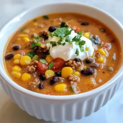 - 450 g Rinderhackfleisch oder Putenhackfleisch - 1 Dose (425 g) schwarze Bohnen, abgespült und abgetropft - 1 Dose (425 g) Mais, abgetropft - 1 Dose (410 g) gewürfelte Tomaten mit grünen Chilis - 1 Dose (280 g) gewürfelte Tomaten und grüne Chilis - 1 Päckchen Taco-Gewürz - 1 Liter Hühner- oder Gemüsebrühe Die Hauptzutaten bilden die Basis der cremigen Taco Suppe. Das Hackfleisch gibt der Suppe den herzhaften Geschmack. Schwarze Bohnen und Mais sorgen für eine gute Textur und Fülle. Die gewürfelten Tomaten bringen Frische und einen leichten Kick durch die Chilis. Brühe macht die Suppe schön flüssig und vollmundig. - 240 ml Sahne oder Kokosmilch für eine milchfreie Version - 100 g geriebener Cheddar-Käse Die cremige Komponente kommt von der Sahne oder Kokosmilch. Diese Zutaten machen die Suppe reichhaltig und geschmeidig. Das Taco-Gewürz bringt die würzige Note, die den Geschmack hebt. Cheddar-Käse schmilzt in der Suppe und gibt einen tollen, cheesy Geschmack. - Sauerrahm und gehackte Frühlingszwiebeln - Frischer Koriander und in Scheiben geschnittene Jalapeños Toppings machen das Essen spannend. Sauerrahm fügt eine frische Note hinzu. Frühlingszwiebeln bringen einen leichten Biss. Frischer Koriander gibt einen aromatischen Kick. Jalapeños fügen Schärfe hinzu, wenn du es magst. Diese Extras bieten dir viele Möglichkeiten, die Suppe nach deinem Geschmack anzupassen. {{ingredient_image_2}} - Erhitze 1 EL Olivenöl in einem großen Topf bei mittlerer Hitze. - Füge 450 g Rinderhackfleisch oder Putenhackfleisch hinzu. - Brate das Fleisch an, bis es braun ist. - Zerbrich das Fleisch in kleine Stücke. - Schmecke es mit Salz und Pfeffer ab. - Entferne überschüssiges Fett aus dem Topf. - Rühre das Taco-Gewürz gut unter das Fleisch. - Gib 1 Dose schwarze Bohnen, 1 Dose Mais und 1 Dose gewürfelte Tomaten dazu. - Füge 1 Liter Hühner- oder Gemüsebrühe hinzu. - Rühre alles gut um, um die Zutaten zu vermengen. - Bringe die Mischung zum Simmern. - Lass die Suppe etwa 15 Minuten köcheln. - Rühre dabei gelegentlich um. - Reduziere die Hitze auf niedrig. - Füge 240 ml Sahne oder Kokosmilch hinzu. - Erwärme die Suppe für weitere 5 Minuten. - Mische 100 g geriebenen Cheddar-Käse langsam ein. - Lass den Käse schmelzen, bis die Suppe cremig ist. - Schmecke die Suppe ab und passe die Gewürze an. - Serviere die Suppe heiß in Schüsseln. - Toppe jede Portion nach Belieben mit Sauerrahm, gehackten Frühlingszwiebeln, frischem Koriander oder Jalapeños. Um den Geschmack deiner cremigen Taco Suppe zu verbessern, achte auf die Kochzeit. Lass die Suppe mindestens 15 Minuten köcheln. So vereinen sich die Aromen besser. Du kannst auch die Brühe reduzieren, um den Geschmack zu verstärken. Für eine stärkere Würze passe die Gewürze an. Füge mehr Taco-Gewürz hinzu, wenn du es würziger magst. Du kannst auch etwas Paprika oder Kreuzkümmel für zusätzlichen Geschmack verwenden. Die Textur kann die Suppe noch besser machen. Wenn du eine leichtere Suppe magst, verwende weniger Sahne oder Kokosmilch. So bleibt die Suppe frisch und weniger schwer. Du kannst auch die Zutaten vervielfältigen. Mehr Bohnen und Mais sorgen für eine dickere Konsistenz. Experimentiere mit verschiedenen Zutaten, um die perfekte Textur zu finden. Ein häufiger Fehler ist das Überkochen der Sahne. Achte darauf, die Suppe nur zu erwärmen, nicht zu kochen, wenn du die Sahne hinzufügst. So bleibt die Suppe cremig und lecker. Ein weiterer Fehler ist falsches Würzen. Probiere die Suppe, bevor du sie servierst. Wenn du das Gefühl hast, dass sie flach schmeckt, füge mehr Salz oder Pfeffer hinzu. So wird der Geschmack lebendiger und einladender. Pro Tipps Fleischwahl: Verwende Rinderhackfleisch für einen herzhaften Geschmack oder Putenhackfleisch für eine magerere Option. Kräuter und Gewürze: Füge frische Kräuter wie Koriander oder Oregano hinzu, um den Geschmack der Suppe zu intensivieren. Milchfreie Variante: Verwende Kokosmilch für eine cremige, milchfreie Version, die auch köstlich schmeckt. Vorspeise vorbereiten: Bereite die Suppe im Voraus vor und erwärme sie kurz vor dem Servieren für einen intensiveren Geschmack. {{image_4}} Für eine vegane Version kann man pflanzliches Hack verwenden. Es gibt viele gute Marken. Sie schmecken toll und halten die Suppe sättigend. Statt Sahne kann man Kokosmilch nutzen. Das bringt eine cremige Textur und einen leichten Geschmack. Kokosmilch passt perfekt zu den Gewürzen. So bleibt die Suppe reichhaltig und lecker. Du kannst viele weitere Gemüsesorten hinzufügen. Zucchini, Paprika oder Karotten passen gut. Sie geben Farbe und Nährstoffe. Wer es schärfer mag, kann mehr Gewürze verwenden. Chipotle-Pulver oder frische Jalapeños bringen extra Hitze. Experimentiere mit den Gewürzen, um deinen eigenen Geschmack zu finden. Die Suppe schmeckt super mit Tortilla Chips. Diese geben einen knusprigen Kontrast. Du kannst auch Reis als Beilage nutzen. Das macht die Suppe noch sättigender. Eine weitere Idee ist, die Suppe als Auflauf zuzubereiten. Einfach in eine Auflaufform füllen, mit Käse bestreuen und backen. So wird ein neues, herzhaftes Gericht daraus. Um die cremige Taco Suppe richtig zu lagern, stelle sicher, dass sie abgekühlt ist. Fülle die Suppe in luftdichte Behälter. So bleibt der Geschmack frisch. Du kannst die Suppe im Kühlschrank aufbewahren. Dort hält sie bis zu drei Tage. Frisch schmeckt die Suppe am besten. Aber aufgewärmt ist sie auch lecker. Wenn du die Suppe wieder erhitzen willst, mache es sanft. Erhitze sie in einem Topf bei mittlerer Hitze. Rühre oft um, damit sie nicht anbrennt. Du kannst auch die Mikrowelle nutzen. Stelle die Suppe in eine mikrowellengeeignete Schüssel und decke sie ab. Das Einfrieren ist eine gute Option. Fülle die Suppe in gefrierfeste Behälter. Lasse etwas Platz oben, damit sie sich ausdehnen kann. Die Suppe bleibt bis zu drei Monate frisch im Gefrierfach. Für die besten Ergebnisse, tau die Suppe im Kühlschrank auf, bevor du sie erhitzt. So bleibt der Geschmack und die Textur gut. Du kannst die cremige Taco Suppe bis zu fünf Tage im Kühlschrank lagern. Stelle sicher, dass du sie in einem luftdichten Behälter aufbewahrst. So bleibt die Suppe frisch und lecker. Wenn du die Suppe abkühlen lässt, decke sie gut ab, bevor du sie in den Kühlschrank stellst. Ja, du kannst die Suppe im Voraus zubereiten. Koche sie einfach nach dem Rezept und lasse sie abkühlen. Bewahre sie dann im Kühlschrank auf. Vor dem Servieren erwärmst du die Suppe langsam auf dem Herd. So sparst du Zeit und kannst die Aromen gut ziehen lassen. Es gibt viele Möglichkeiten, die Zutaten auszutauschen. Du kannst das Rinderhackfleisch durch Putenhackfleisch ersetzen. Auch die Bohnen kannst du variieren, indem du Kidneybohnen oder Pintobohnen verwendest. Für mehr Schärfe füge zusätzliche Gewürze oder frische Jalapeños hinzu. So wird jedes Mal ein neues Geschmackserlebnis. In diesem Artikel haben wir die wichtigsten Zutaten für die cremige Taco-Suppe behandelt. Wir haben gelernt, wie man nach Schritt-für-Schritt-Anleitung köchelt und serviert. Zudem gab es wertvolle Tipps, um den Geschmack zu verbessern und häufige Fehler zu vermeiden. Variationen und Lagerinformationen runden das Ganze ab. Mit diesen Tipps kannst du beim Kochen sicher sein. Experimentiere und finde deine besten Kombinationen. So wird die Suppe immer ein Hit. Viel Spaß beim Kochen!