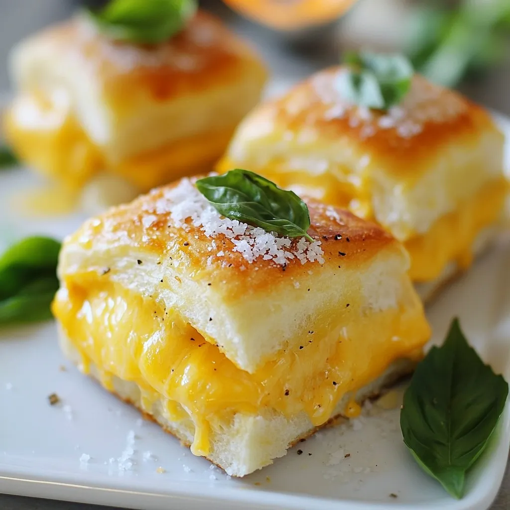 Für die Hawaiian Roll Grilled Cheese Sliders brauchen Sie einige wichtige Zutaten. Diese sind: - 12 Hawaiian Rolls - 6 Scheiben Cheddar-Käse - 6 Scheiben Gouda-Käse - 4 Esslöffel ungesalzene Butter, weich - 2 Esslöffel Mayonnaise - 1 Teelöffel Knoblauchpulver - 1 Teelöffel getrockneter Oregano - 1 Teelöffel Honig (optional) - Frische Basilikumblätter zur Garnitur - Meersalz nach Geschmack Die Hawaiian Rolls sind weich und süß. Sie geben den Slidern einen tollen Geschmack. Der Cheddar-Käse sorgt für eine schöne Schmelzfähigkeit. Gouda bringt eine cremige Note. Sie können verschiedene Käsesorten benutzen. Cheddar und Gouda sind perfekt, aber probieren Sie auch andere. Mozzarella schmilzt gut und hat einen milden Geschmack. Gruyère verleiht den Slidern einen nussigen Geschmack. Für etwas Schärfe können Sie Pepper Jack verwenden. Mischen Sie verschiedene Käsesorten für mehr Tiefe. Wenn Sie eine glutenfreie Option brauchen, verwenden Sie glutenfreie Rolls. Diese sind in vielen Geschäften erhältlich. Statt Mayonnaise können Sie auch Senf verwenden, um einen anderen Geschmack zu erzielen. Wenn Sie laktosefrei sind, nutzen Sie laktosefreien Käse. Viele Alternativen gibt es, um das Rezept anzupassen. {{ingredient_image_2}} Um die Hawaiian Roll Grilled Cheese Sliders perfekt zu grillen, beginnen Sie mit einem heißen Grill. Heizen Sie ihn auf mittlere Hitze vor. Nehmen Sie eine kleine Schüssel und mischen Sie die weiche Butter, Mayonnaise, Knoblauchpulver und Oregano. Wenn Sie es süß mögen, fügen Sie den Honig hinzu. Schneiden Sie die Hawaiian Rolls in zwei Hälften, ohne sie ganz zu trennen. Tragen Sie die Buttermischung auf die inneren Seiten auf. Legen Sie die Cheddar- und Gouda-Scheiben zwischen die unteren Hälften der Rollen. Setzen Sie die oberen Hälften wieder auf. Drücken Sie leicht, um die Slider zu fixieren. Legen Sie die Slider auf den Grill. Grillen Sie sie für etwa 3-4 Minuten pro Seite. Das Brot sollte goldbraun sein und der Käse schön schmelzen. Nehmen Sie die Slider vom Grill und lassen Sie sie kurz abkühlen. Um den Käse perfekt zu schmelzen, nutzen Sie die richtige Hitze. Zu hohe Hitze kann das Brot verbrennen. Zu niedrige Hitze lässt den Käse nicht schmelzen. Achten Sie darauf, den Käse gleichmäßig zu schichten. So schmilzt er optimal. Wenn Sie es besonders cremig mögen, können Sie einen Deckel auf die Grillpfanne legen. Das hilft, die Hitze gleichmäßig zu verteilen. Für die Präsentation legen Sie die Slider auf ein rustikales Holzbrett. Das sieht toll aus! Fügen Sie frische Basilikumblätter hinzu, um Farbe zu bringen. Sie können auch kleine Spieße verwenden, um die Slider zusammenzuhalten. Servieren Sie die Slider mit einem leckeren Dip, wie zum Beispiel einer Knoblauch- oder Tomatensauce. So machen Sie Ihre Hawaiian Roll Grilled Cheese Sliders zu einem echten Hingucker! Um die Hawaiian Roll Grilled Cheese Sliders im Ofen zuzubereiten, heizen Sie ihn auf 180 °C vor. Legen Sie die Slider in eine Auflaufform. Decken Sie die Form mit Folie ab, um sie feucht zu halten. Backen Sie die Slider etwa 15 Minuten. Entfernen Sie die Folie und backen Sie sie noch 5 Minuten, um die Oberseite knusprig zu machen. Diese Methode gibt Ihnen einen gleichmäßigen Käse-Schmelz und ein goldenes Brot. Diese Slider passen gut zu vielen Beilagen. Hier sind einige gute Ideen: - Gemischter Salat: Frische Blätter und ein leichtes Dressing. - Süßkartoffelpommes: Knusprig und süß, sie ergänzen die Slider perfekt. - Tomatensuppe: Eine klassische Wahl für Käse und Brot. - Kräuter-Dip: Mischen Sie frische Kräuter mit Joghurt für einen frischen Geschmack. Viele machen den Fehler, die Butter-Mischung zu dünn aufzutragen. Achten Sie darauf, dass jede Rolle gut bedeckt ist. Ein weiterer Fehler ist, die Slider zu lange zu grillen. Überprüfen Sie regelmäßig, dass das Brot nicht verbrennt. Lassen Sie die Slider nach dem Grillen nicht zu lange stehen. Der Käse kann hart werden. Genießen Sie sie warm für den besten Geschmack! Pro Tipps Richtige Buttertemperatur: Stellen Sie sicher, dass die Butter weich ist, damit sie sich gleichmäßig auf den Rollen verteilen lässt und ein perfektes Grillen ermöglicht. Käsemischung anpassen: Experimentieren Sie mit verschiedenen Käsesorten wie Mozzarella oder Pepper Jack, um neue Geschmackskombinationen zu entdecken. Grillzeit im Auge behalten: Überwachen Sie die Grillzeit genau, um zu verhindern, dass das Brot zu dunkel wird, während der Käse schmilzt. Frische Kräuter verwenden: Verwenden Sie frische Kräuter wie Oregano oder Thymian, um den Geschmack der Slider zu intensivieren und eine aromatische Note hinzuzufügen. {{image_4}} Wenn Sie vegane Optionen suchen, sind die Möglichkeiten groß. Verwenden Sie vegane Käsealternativen wie Cashew- oder Kokosnusskäse. Diese schmelzen oft gut und bieten einen tollen Geschmack. Für die Butter können Sie vegane Margarine nehmen. Auch die Mayonnaise lässt sich leicht durch pflanzliche Varianten ersetzen. Fügen Sie ein wenig Nutritional Yeast hinzu, um den Käsegeschmack zu verstärken. Die Grundrezepte sind wandelbar. Fügen Sie Schinken oder geräucherten Lachs hinzu, um einen herzhaften Twist zu geben. Sie können auch gebratene Pilze oder Paprika verwenden. Diese Zutaten bringen mehr Textur und Geschmack. Experimentieren Sie mit verschiedenen Käsesorten. Mozzarella oder Brie können ebenfalls großartig sein. Nutzen Sie saisonale Zutaten, um Ihre Slider frisch und aufregend zu halten. Im Frühling können Sie frische Kräuter wie Schnittlauch oder Petersilie hinzufügen. Im Sommer schmecken gegrillte Zucchini und Tomaten besonders gut. Im Herbst können Sie Kürbis- oder Süßkartoffelscheiben verwenden. Diese Anpassungen machen die Slider nicht nur lecker, sondern auch bunt und einladend. Wenn Sie Reste von den Hawaiian Roll Grilled Cheese Sliders haben, bewahren Sie diese in einem luftdichten Behälter auf. Stellen Sie sicher, dass die Sliders vollständig abgekühlt sind, bevor Sie sie lagern. So bleiben sie frisch und schmackhaft. Sie können die Reste bis zu drei Tage im Kühlschrank aufbewahren. Um die Sliders aufzuwärmen, nutzen Sie eine Pfanne oder den Ofen. In der Pfanne erhitzen Sie sie bei mittlerer Hitze. Drehen Sie sie nach ein paar Minuten um, damit beide Seiten warm sind. Im Ofen können Sie sie bei 175 Grad Celsius für etwa 10 Minuten aufwärmen. So wird der Käse schön schmelzig, und das Brot bleibt knusprig. Wenn Sie die Slider länger aufbewahren möchten, können Sie sie auch einfrieren. Wickeln Sie jede Portion in Frischhaltefolie und legen Sie sie in einen Gefrierbeutel. So bleiben sie bis zu drei Monate frisch. Zum Auftauen legen Sie die Sliders einfach über Nacht in den Kühlschrank. Erwärmen Sie sie dann wie oben beschrieben für das beste Ergebnis. Die Hawaiian Roll Grilled Cheese Sliders sind im Kühlschrank bis zu drei Tage haltbar. Bewahre sie in einem luftdichten Behälter auf. Wenn du sie länger aufbewahren möchtest, friere sie ein. Im Gefrierfach bleiben sie bis zu drei Monate frisch. Denke daran, sie vor dem Verzehr aufzutauen. Ja, du kannst die Slider im Voraus zubereiten. Bereite die Röllchen bis zur Grillphase vor und bewahre sie im Kühlschrank auf. Wenn du bereit bist zu essen, heize den Grill und grille sie für 3-4 Minuten pro Seite. So sparst du Zeit und kannst den Geschmack dennoch genießen. Verschiedene Getränke passen gut zu Hawaiian Roll Grilled Cheese Sliders. Hier sind einige Empfehlungen: - Ein kaltes Bier, zum Beispiel ein Lager oder ein Weizenbier. - Ein erfrischender Eistee, um die Cremigkeit auszugleichen. - Ein fruchtiger Cocktail, wie Piña Colada, für tropisches Flair. - Wasser mit Zitrone, für eine leichte Erfrischung. Such dir dein Lieblingsgetränk aus und genieße die Slider! In diesem Artikel haben wir die besten Zutaten und Tipps für Hawaiian Roll Grilled Cheese Sliders behandelt. Wir haben über Käsesorten, Zubereitungsschritte und Lagertipps gesprochen. Jeder kann diese köstlichen Sliders einfach zu Hause machen. Denke an die Variationen für mehr Geschmack. Mit diesen Tipps vermeidest du häufige Fehler. Probiere verschiedene Beilagen und dips aus. Egal, ob vegan oder klassisch, jeder findet sein Rezept. Genieße deine selbstgemachten Sliders und beeindrucke deine Freunde beim nächsten Anlass!