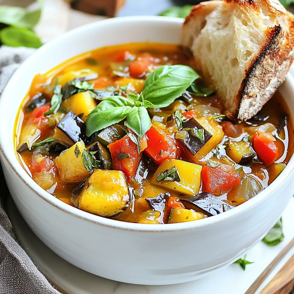 Um Remys gemütliche Ratatouille-Suppe zuzubereiten, benötigen Sie die folgenden Zutaten: - 1 mittelgroße Aubergine, gewürfelt - 1 mittelgroße Zucchini, gewürfelt - 1 Paprika (rot oder gelb), gewürfelt - 1 Tasse gewürfelte Tomaten (aus der Dose oder frisch) - 1 mittelgroße Zwiebel, gehackt - 3 Knoblauchzehen, fein gehackt - 4 Tassen Gemüsebrühe - 2 Esslöffel Olivenöl - 1 Teelöffel getrockneter Oregano - 1 Teelöffel getrocknetes Basilikum - Salz und Pfeffer nach Geschmack - Frisches Basilikum zum Garnieren - Optional: 1 Esslöffel Balsamico-Essig für die Säure Frische Zutaten bringen den besten Geschmack. Sie sind oft voller Nährstoffe. Achten Sie beim Kauf auf Qualität. Suchen Sie nach Gemüse, das fest und glänzend ist. Wenn frische Zutaten nicht verfügbar sind, können Sie auch konventionelle wählen. Diese sind oft günstiger und länger haltbar. Falls Sie keine Aubergine mögen, können Sie sie durch Kürbis ersetzen. Für die Zucchini kann auch gelbe Zucchini verwendet werden. Wenn frische Kräuter fehlen, sind getrocknete Kräuter eine gute Wahl. Balsamico-Essig ist optional, aber er bringt eine interessante Säure. Sie können ihn auch durch Zitronensaft ersetzen. {{ingredient_image_2}} Zuerst waschen Sie das Gemüse gut. Nehmen Sie die Aubergine, Zucchini und Paprika. Schneiden Sie alles in kleine Würfel. Die Zwiebel müssen Sie ebenfalls hacken. Hacken Sie die Knoblauchzehen fein. Dies ist wichtig, um den vollen Geschmack zu erzielen. Legen Sie das vorbereitete Gemüse beiseite, während Sie die nächsten Schritte machen. Erhitzen Sie in einem großen Topf das Olivenöl bei mittlerer Hitze. Geben Sie die gehackte Zwiebel hinein. Braten Sie sie für etwa 3-4 Minuten an. Die Zwiebel sollte durchsichtig werden. Fügen Sie dann den gewürfelten Knoblauch hinzu. Braten Sie ihn etwa eine weitere Minute an. Der Duft sollte jetzt köstlich sein. Diese Schritte geben der Suppe eine tolle Basis. Jetzt kommt die Aubergine ins Spiel. Geben Sie die gewürfelte Aubergine in den Topf. Rühren Sie gelegentlich um, damit sie gleichmäßig gart. Lassen Sie die Aubergine etwa 5-7 Minuten kochen. Sie wird weich und das Bittere verringert sich. Dies ist ein wichtiger Schritt für den Geschmack der Suppe. Nachdem die Aubergine weich ist, fügen Sie die gewürfelte Zucchini, Paprika und Tomaten hinzu. Diese Mischung sorgt für eine bunte und schmackhafte Suppe. Lassen Sie das Gemüse etwa fünf Minuten auf mittlerer Hitze garen. So verbinden sich die Aromen gut. Rühren Sie dabei oft um, um ein Anbrennen zu verhindern. Jetzt ist es Zeit für die Brühe. Gießen Sie die Gemüsebrühe in den Topf. Fügen Sie dann getrockneten Oregano, getrocknetes Basilikum, Salz und Pfeffer hinzu. Diese Gewürze verstärken den Geschmack der Suppe. Rühren Sie alles gut um. Bringen Sie die Mischung zum sanften Kochen. Reduzieren Sie dann die Hitze, damit die Suppe köchelt. Lassen Sie die Suppe 15 bis 20 Minuten köcheln. Dies macht das Gemüse zart und intensiviert die Aromen. Wenn Sie einen Hauch von Säure mögen, rühren Sie in den letzten Minuten Balsamico-Essig ein. So bekommt die Suppe eine besondere Note. Am Ende können Sie die Suppe pürieren, wenn Sie eine cremigere Konsistenz wünschen. Pro Tipps Gemüse vorbereiten: Stellen Sie sicher, dass das Gemüse gleichmäßig gewürfelt ist, damit es gleichmäßig gart und die Aromen gut miteinander verschmelzen. Frische Kräuter: Fügen Sie frische Kräuter wie Basilikum oder Thymian kurz vor dem Servieren hinzu, um einen intensiven Geschmack zu erhalten. Variationen: Experimentieren Sie mit anderen Gemüsesorten wie Karotten oder Kürbis, um neue Geschmäcker zu entdecken und die Suppe anzupassen. Vorrat im Kühlschrank: Die Suppe kann bis zu 3 Tage im Kühlschrank aufbewahrt werden. Sie schmeckt am besten, wenn sie am nächsten Tag aufgewärmt wird, da die Aromen Zeit zum Entwickeln haben. {{image_4}} Um die perfekte Konsistenz zu erreichen, ist es wichtig, die Aubergine gut zu garen. Die Aubergine wird weich und reduziert ihre Bitterkeit. Kochen Sie sie etwa 5-7 Minuten lang. Wenn Sie eine cremige Suppe möchten, pürieren Sie die Mischung mit einem Stabmixer. So erhalten Sie eine samtige Textur. Mögen Sie es stückiger? Lassen Sie das Gemüse einfach ganz. Jeder hat einen eigenen Geschmack. Fühlen Sie sich frei, die Gewürze anzupassen. Wenn Sie mehr Frische möchten, fügen Sie mehr Basilikum hinzu. Ein Spritzer Balsamico-Essig bringt eine schöne Säure. Probieren Sie die Suppe, während Sie sie kochen. So finden Sie die perfekte Balance für Ihren Gaumen. Die Garnierung macht das Essen besonders. Frische Basilikumblätter sind nicht nur lecker, sondern auch schön. Servieren Sie die Suppe in bunten Schalen. Ein Spritzer Olivenöl obendrauf gibt Glanz. Ein Stück knuspriges Brot an der Seite rundet das Bild ab. Diese kleinen Details machen Ihre Suppe einladend und appetitlich. Die Ratatouille-Suppe ist von Natur aus vegetarisch. Für vegane Anpassungen lassen Sie einfach den optionalen Balsamico-Essig weg. Nutzen Sie Gemüsebrühe ohne tierische Produkte. Diese Suppe ist voll von frischem Gemüse, das nährstoffreich ist. Um die Suppe zu verbessern, können Sie weitere Zutaten hinzufügen. Hier sind einige Ideen: - 1 Tasse grüne Bohnen, gewürfelt - 1 Tasse Kichererbsen aus der Dose - 1 mittelgroße Karotte, gewürfelt - 1 Teelöffel Paprikapulver für mehr Geschmack - 1 Teelöffel Kreuzkümmel für eine warme Note Diese Zutaten bringen neue Aromen und Texturen in die Suppe und machen sie noch nahrhafter. In verschiedenen Regionen gibt es eigene Versionen der Ratatouille-Suppe. In Italien fügen manche Leute Parmesan hinzu. In Spanien verwenden andere Safran, um die Farbe und den Geschmack zu verbessern. In Marokko können Sie getrocknete Früchte und Gewürze wie Zimt hinzufügen, um eine süße Note zu erreichen. Diese Variationen zeigen die Vielseitigkeit der Ratatouille-Suppe. Um Remys gemütliche Ratatouille-Suppe frisch zu halten, lassen Sie sie zuerst abkühlen. Füllen Sie die Suppe dann in einen luftdichten Behälter. Sie können die Suppe im Kühlschrank bis zu fünf Tage aufbewahren. Für längere Lagerung, frieren Sie die Suppe ein. In einem gefrierfesten Behälter hält sie sich bis zu drei Monate. Achten Sie darauf, etwas Platz im Behälter zu lassen, da die Suppe beim Einfrieren expandiert. Wenn Sie die Suppe aufwärmen möchten, gibt es ein paar einfache Schritte. Gießen Sie die Suppe in einen Topf und stellen Sie ihn auf mittlere Hitze. Rühren Sie die Suppe regelmäßig um, damit sie gleichmäßig warm wird. Für eine cremigere Konsistenz können Sie einen Spritzer Wasser oder Brühe hinzufügen. Sie können die Suppe auch in der Mikrowelle aufwärmen. Stellen Sie die Suppe in eine mikrowellengeeignete Schüssel und decken Sie sie ab. Erhitzen Sie sie in 1-Minuten-Intervallen, bis sie heiß ist. Eine Portion Remys gemütliche Ratatouille-Suppe enthält ungefähr: - Kalorien: 150 - Fett: 7 g - Kohlenhydrate: 20 g - Eiweiß: 4 g - Ballaststoffe: 5 g Diese Suppe ist nährstoffreich und bietet viele Vitamine. Sie ist eine großartige Wahl für eine gesunde Ernährung. In diesem Blogbeitrag haben wir alle Zutaten und Anleitungen für deine Suppe behandelt. Du hast gelernt, wie du frische und konventionelle Zutaten wählst. Wir haben auch die besten Tipps und Tricks für den perfekten Geschmack und die Konsistenz geteilt. Denke daran, dass du mit Variationen spielen kannst, um deine Suppe einzigartig zu gestalten. Halte deine Suppe frisch auf und genieße sie nach dem Aufwärmen. Mit diesen Anleitungen kannst du leckere Gerichte kreieren. Viel Spaß beim Kochen!