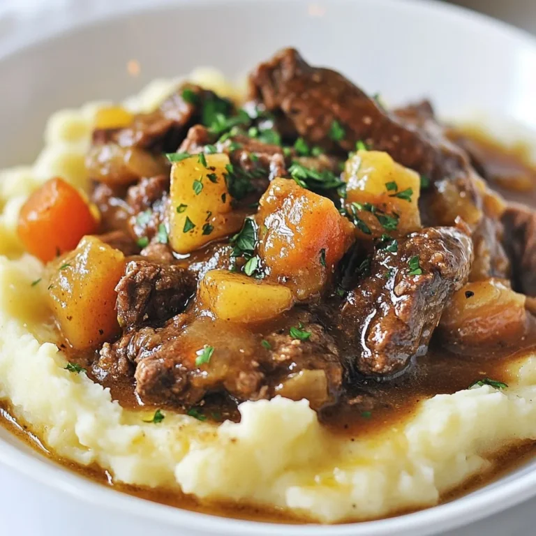 - 900 g Rindfleisch (Schulter), in 2,5 cm große Würfel geschnitten - 720 ml Apfelwein - 4 mittelgroße Karotten, gewürfelt - 3 mittelgroße Kartoffeln, geschält und gewürfelt - 1 große Zwiebel, gehackt - 3 Knoblauchzehen, fein gehackt - 480 ml Rinderbrühe - 2 Esslöffel Olivenöl - 2 Esslöffel Allzweckmehl Ich beginne mit dem Rindfleisch. Schulter ist ideal, da es gut schmeckt und zart wird. Apfelwein bringt eine fruchtige Note, die das Gericht hebt. Karotten und Kartoffeln sorgen für eine schöne Textur und Fülle. Zwiebeln und Knoblauch fügen Aroma hinzu und machen das Gericht noch schmackhafter. - 1 Teelöffel getrockneter Thymian - 1 Teelöffel getrockneter Rosmarin - 1 Lorbeerblatt - Frische Petersilie zur Garnitur Die Kräuter sind wichtig. Thymian und Rosmarin bringen Tiefe und Frische. Ein Lorbeerblatt gibt dem Eintopf eine subtile Würze. Petersilie macht das Gericht bunt und frisch. Sie ist das i-Tüpfelchen für die Präsentation und ergänzt den Geschmack. {{ingredient_image_2}} Das Anbraten des Rindfleischs ist wichtig. Es gibt dem Fleisch eine schöne Farbe und Geschmack. Erhitze Olivenöl in einem großen Topf bei mittlerer bis hoher Hitze. Würze die Rindfleischwürfel mit Salz und Pfeffer. Brate das Fleisch für etwa 5 bis 7 Minuten, bis es braun ist. Entferne das Fleisch aus dem Topf und lege es beiseite. Jetzt bereitest du das Gemüse vor. Füge die gehackte Zwiebel und die gewürfelten Karotten in den Topf. Brate das Gemüse für 3 bis 5 Minuten an. Die Zwiebeln sollten durchsichtig sein. Dann kommt der gehackte Knoblauch dazu. Brate ihn für eine weitere Minute mit. Um die Basis zu erstellen, streue das Mehl gleichmäßig über das Gemüse. Rühre gut um und koche das Ganze für etwa 2 Minuten. Das entfernt den rohen Mehlgeschmack. Gieße dann den Apfelwein langsam in den Topf. Schabe den Boden des Topfes, um die angebrannten Reste zu lösen. Jetzt kannst du das angebratene Rindfleisch wieder hinzufügen. Bringe den Eintopf zum sanften Kochen. Reduziere dann die Hitze und lege den Deckel auf den Topf. Lass den Eintopf für 1,5 bis 2 Stunden köcheln. Rühre gelegentlich um und füge bei Bedarf etwas Wasser hinzu. So bleiben die Aromen gut verteilt. Während der Eintopf köchelt, koche die gewürfelten Kartoffeln. Gib sie in einen separaten Topf mit gesalzenem Wasser. Koche die Kartoffeln für etwa 15 bis 20 Minuten, bis sie zart sind. Gieße sie ab und püriere sie mit einem Schuss Milch und einem Esslöffel Olivenöl. Füge Salz und Pfeffer nach Geschmack hinzu. Sobald der Eintopf fertig ist, schmecke ihn ab. Entferne das Lorbeerblatt. Teile eine großzügige Portion des Rindfleischeintopfs über einem Hügel aus Kartoffelpüree auf. Streue frische Petersilie darüber. Das verleiht deinem Gericht Farbe und Frische. Um den Geschmack zu verbessern, benutze frische Kräuter. Petersilie und Thymian sind großartige Optionen. Sie bringen frische Noten in den Eintopf. Du kannst die Kräuter am Ende hinzufügen. So bleiben die Aromen stark. Passe die Gewürze an deine Vorlieben an. Wenn du es schärfer magst, füge etwas Paprika hinzu. Für eine tiefere Note nimm eine Prise Muskatnuss. Experimentiere gern, um deinen perfekten Geschmack zu finden. Wenn du das Rindfleisch ersetzen möchtest, nutze Hähnchen oder Lamm. Diese Fleischsorten passen gut zu Apfelwein. Du kannst auch Tofu für eine vegetarische Version verwenden. Variiere das Gemüse nach Saison oder Vorliebe. Zucchini und Sellerie sind gute Ergänzungen. Sie geben dem Eintopf mehr Textur und Geschmack. Die Kochzeit hängt von der Fleischsorte ab. Hähnchen braucht weniger Zeit als Rindfleisch. Achte darauf, die Temperatur niedrig zu halten. So bleibt das Fleisch zart und saftig. Kontrolliere die Temperatur beim Köcheln. Zu hohe Hitze kann das Fleisch zäh machen. Rühre den Eintopf regelmäßig um, damit nichts anbrennt. Pro Tipps Rindfleisch richtig anbraten: Achten Sie darauf, das Rindfleisch in einer einzigen Schicht zu braten, um eine schöne Kruste zu erhalten. Überfüllen Sie den Topf nicht, da dies das Anbraten beeinträchtigen kann. Apfelwein wählen: Verwenden Sie einen guten, trockenen Apfelwein für den Eintopf, da der Geschmack des Weins sich stark auf das Endergebnis auswirkt. Ein süßer Apfelwein kann den Eintopf ungewollt süß machen. Gemüse variieren: Fühlen Sie sich frei, das Gemüse nach Ihrem Geschmack zu variieren. Sellerie oder Pastinaken können eine interessante Note hinzufügen und die Aromen erweitern. Eintopf aufbewahren: Der Eintopf schmeckt am nächsten Tag oft noch besser, da die Aromen Zeit haben, sich zu entwickeln. Kühlen Sie Reste in einem luftdichten Behälter und genießen Sie sie innerhalb von 3-4 Tagen. {{image_4}} Um eine vegane Version des Apfelwein-Rindfleischeintopfs zu machen, tauschen Sie das Rindfleisch gegen pflanzliche Alternativen wie Soja- oder Seitanwürfel aus. Diese geben eine ähnliche Textur und halten den herzhaften Geschmack. Für die Brühe verwenden Sie Gemüsebrühe statt Rinderbrühe. Diese Anpassung sorgt dafür, dass der Eintopf immer noch reichhaltig und schmackhaft bleibt. Wenn Sie es schärfer mögen, fügen Sie Chili oder Paprika hinzu. Diese Zutaten bringen mehr Wärme in den Eintopf. Sie können auch andere Gewürze wie Kreuzkümmel oder Paprikapulver kombinieren. Diese Gewürze geben dem Gericht eine neue Tiefe und einen aufregenden Geschmack. Experimentieren Sie mit der Menge, um die perfekte Schärfe zu finden. Passen Sie die Zutaten je nach Saison an. Im Frühling können Sie zum Beispiel frische Erbsen oder Spargel hinzufügen. Im Herbst sind Kürbis oder Wurzelgemüse ideal. Saisonales Gemüse bringt frische Aromen in den Eintopf und macht ihn abwechslungsreicher. Diese Variationen halten das Gericht interessant und schmackhaft das ganze Jahr über. Um die Reste frisch zu halten, benutze luftdichte Behälter. Diese verhindern, dass Luft eindringt und die Aromen schwächt. Du kannst auch Einmachgläser verwenden. - Geeignete Behälter: Glasbehälter, Plastikbehälter mit Deckel oder Einmachgläser. - Tipps zur Kühlung: Lass den Eintopf zuerst abkühlen. Stelle ihn dann in den Kühlschrank. So bleibt er bis zu vier Tage frisch. Beim Wiedererwärmen ist es wichtig, die Aromen zu bewahren. Die beste Methode ist, den Eintopf langsam zu erhitzen. - Beste Methoden zum Erwärmen: Nutze einen Topf auf niedriger Hitze. Du kannst auch die Mikrowelle nutzen, aber achte darauf, ihn zwischendurch zu rühren. - Tipps zur Beibehaltung der Textur: Füge einen Spritzer Brühe hinzu, wenn du ihn erhitzt. So bleibt der Eintopf saftig und lecker. Der Eintopf bleibt frisch, wenn er richtig gelagert wird. - Wie lange der Eintopf frisch bleibt: Im Kühlschrank hält er sich bis zu vier Tage. - Einfrieren des Gerichts: Du kannst den Eintopf auch einfrieren. Fülle ihn in Behälter und friere ihn ein. So bleibt er bis zu drei Monate haltbar. Um den Eintopf dicker zu machen, gibt es einfache Tipps. - Fügen Sie mehr Mehl hinzu. - Mischen Sie etwas Wasser mit Mehl und rühren Sie es ein. - Lassen Sie den Eintopf länger kochen. - Das reduziert die Flüssigkeit und macht ihn dicker. - Ein weiterer Trick ist, etwas püriertes Gemüse hinzuzufügen. Ja, Sie können andere Fleischsorten verwenden. - Probieren Sie Rindfleisch aus der Keule. - Schweinefleisch passt auch gut. - Hähnchenbrust kann eine leichtere Option sein. - Achten Sie darauf, die Kochzeit anzupassen. - Jedes Fleisch hat eine andere Zartheit und braucht unterschiedliche Zeiten. Der Eintopf schmeckt nach dem Aufwärmen oft noch besser. - Die Aromen vermischen sich gut. - Er kann jedoch etwas dicker werden. - Fügen Sie beim Aufwärmen etwas Brühe hinzu. - So bleibt die Konsistenz schön. - Lassen Sie ihn langsam auf kleiner Hitze erwärmen. Ja, dieser Eintopf ist für die ganze Familie geeignet. - Er enthält keine Allergene wie Nüsse oder Meeresfrüchte. - Achten Sie jedoch auf Allergien gegen bestimmte Gemüse. - Wenn jemand eine Diät hat, passen Sie die Zutaten an. - Zum Beispiel können Sie das Fleisch weglassen für eine vegetarische Version. - So kann jeder mitessen und genießen. Um zusammenzufassen: Wir haben die Hauptzutaten für unseren Eintopf betrachtet, wie Rindfleisch, Apfelwein und frisches Gemüse. Ich habe erklärt, wie man Schritt für Schritt unser Gericht zubereitet. Außerdem habe ich Tipps gegeben, um Aromen zu verstärken und Variationen zu schaffen. Denk daran, die Reste gut zu lagern, damit sie frisch bleiben. Kochfreude kommt durch Kreativität. Experimentiere mit verschiedenen Zutaten, um deinen perfekten Eintopf zu finden. Guten Appetit!