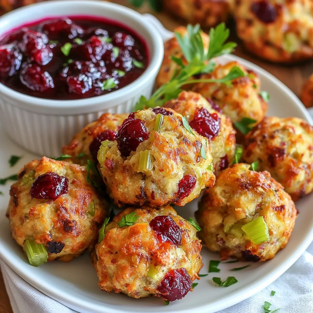 Für die Cranberry Turkey Stuffing Bällchen brauchen Sie frische und schmackhafte Zutaten. Hier ist die Liste: - 2 Tassen Putenbrust, gekocht und zerkleinert - 2 Tassen Semmelbrösel (am besten Vollkorn) - 1 Tasse frische Cranberries, fein gehackt - 1/2 Tasse Zwiebel, fein gehackt - 1/2 Tasse Sellerie, fein gehackt - 1/4 Tasse frische Petersilie, gehackt Diese Zutaten sorgen für eine tolle Mischung aus Texturen und Aromen. Die Putenbrust gibt den Bällchen eine saftige Basis. Die Cranberries fügen eine süße, fruchtige Note hinzu, die perfekt zu den herzhaften Zutaten passt. Die richtigen Gewürze machen einen großen Unterschied. Für die Bällchen verwenden wir: - 1 Teelöffel getrockneter Salbei - 1 Teelöffel getrockneter Thymian - 1/2 Teelöffel Salz - 1/4 Teelöffel schwarzer Pfeffer Diese Gewürze bringen die Aromen zusammen. Salbei hat einen warmen, erdigen Geschmack. Thymian gibt einen frischen, leicht süßlichen Hauch. Salz und Pfeffer runden alles ab und bringen die Aromen zum Leuchten. Um die Bällchen zusammenzuhalten, brauchen wir einen Bindemittel. Hier verwenden wir: - 2 große Eier, verquirlt - 1/4 Tasse Hühnerbrühe (niedriger Natriumgehalt) Die Eier wirken als Kleber für die Mischung. Sie helfen, die Zutaten gut zu binden. Wenn Sie eine vegane Option suchen, können Sie auch Leinsamen oder Chiasamen als Eiersatz verwenden. Mischen Sie einen Esslöffel mit drei Esslöffeln Wasser und lassen Sie es quellen. Für die Brühe können Sie Gemüsebrühe oder eine selbstgemachte Brühe verwenden, um den Geschmack zu variieren. Diese Zutaten sorgen dafür, dass Ihre Bällchen saftig und lecker werden. {{ingredient_image_2}} Heize deinen Ofen auf 190°C vor. Nimm ein Backblech und lege es mit Backpapier aus. Das Backpapier hilft, das Festkleben der Bällchen zu verhindern. So bleibt alles sauber und einfach. Nimm eine große Rührschüssel und füge die gekochte Putenbrust, Semmelbrösel, gehackte Cranberries, Zwiebel, Sellerie und Petersilie hinzu. Streue dann Salbei, Thymian, Salz und Pfeffer darüber. Rühre die Mischung gut um, bis alles gleichmäßig verteilt ist. In einer kleinen Schüssel verrühre die verquirlten Eier mit der Hühnerbrühe. Gieße die Eimischung in die große Schüssel und rühre erneut. Achte darauf, dass alles gut vermischt ist. Jetzt ist es Zeit, Bällchen zu formen. Nimm eine kleine Menge der Mischung und forme sie mit deinen Händen zu Bällchen, etwa 2,5 bis 4 cm groß. Lege die Bällchen auf das Backblech. Sprühe die Oberseite der Bällchen leicht mit Sprühöl ein. Das sorgt für eine schöne goldbraune Farbe. Backe die Bällchen für 25-30 Minuten, bis sie heiß und goldbraun sind. Lass sie nach dem Backen ein paar Minuten abkühlen, bevor du sie servierst. Um die perfekten Bällchen zu machen, achte auf die Konsistenz. Die Mischung sollte fest, aber nicht trocken sein. Wenn sie zu trocken ist, füge mehr Hühnerbrühe hinzu. Die Größe der Bällchen sollte etwa 2,5 bis 4 cm im Durchmesser betragen. Diese Größe sorgt für gleichmäßiges Backen. Verwende deine Hände, um die Bällchen zu formen. So bekommst du ein besseres Gefühl für die Textur. Das Backen der Bällchen ist entscheidend. Heize deinen Ofen auf 190°C vor. Verwende ein Backblech mit Backpapier. Das verhindert, dass die Bällchen ankleben. Sprühe die Oberseite leicht mit Sprühöl ein. Dies hilft, ein goldbraunes Finish zu erreichen. Backe die Bällchen für 25-30 Minuten. Achte darauf, dass sie gut durchgegart und goldbraun sind. So schmecken sie am besten. Wenn du kein Sprühöl hast, gibt es gute Alternativen. Du kannst auch etwas Olivenöl oder geschmolzene Butter verwenden. Trage es mit einem Pinsel auf die Bällchen auf. Diese Optionen geben den Bällchen einen tollen Geschmack. Du kannst auch eine Mischung aus Gewürzen und Öl verwenden für extra Aroma. Pro Tipps Die richtige Konsistenz: Achten Sie darauf, dass die Mischung nicht zu trocken ist. Fügen Sie bei Bedarf mehr Hühnerbrühe hinzu, um die perfekte Formbarkeit zu erreichen. Cranberries ersetzen: Falls frische Cranberries nicht verfügbar sind, können Sie auch getrocknete Cranberries verwenden, die in warmem Wasser eingeweicht wurden, um ihre Süße zu intensivieren. Würzige Note: Experimentieren Sie mit anderen Kräutern wie Rosmarin oder Oregano, um den Bällchen eine persönliche Note zu verleihen. Vorkochen: Bereiten Sie die Bällchen im Voraus zu und frieren Sie sie ein. So können Sie sie bei Bedarf schnell aufbacken und genießen. {{image_4}} Für eine vegane oder vegetarische Version der Cranberry Turkey Stuffing Bällchen, ersetzen Sie die Putenbrust durch eine pflanzliche Alternative. Sie können zum Beispiel gekochte Linsen oder Kichererbsen verwenden. Diese bringen Proteine und eine tolle Textur. Nutzen Sie pflanzliche Brühe anstelle von Hühnerbrühe. Auch die Eier lassen sich durch Leinsamen oder Chia-Samen ersetzen. Mischen Sie einen Esslöffel mit drei Esslöffeln Wasser und lassen Sie es kurz quellen. Nüsse und Trockenfrüchte bringen zusätzlichen Geschmack und Crunch in die Bällchen. Walnüsse, Mandeln oder Haselnüsse passen perfekt. Hacken Sie sie grob und mischen Sie sie unter die Füllung. Auch Trockenfrüchte wie Aprikosen oder Datteln sind eine tolle Wahl. Sie geben den Bällchen eine süße Note und ergänzen die Cranberries sehr gut. Kräuter und Gewürze machen die Bällchen besonders. Neben Salbei und Thymian können Sie auch Rosmarin oder Oregano verwenden. Diese Kräuter bringen frische Aromen. Fügen Sie auch etwas Knoblauchpulver oder Zwiebelpulver hinzu, um den Geschmack zu vertiefen. Experimentieren Sie mit den Gewürzen, um Ihre perfekte Mischung zu finden. Um die Cranberry Turkey Stuffing Bällchen frisch zu halten, sollten Sie sie in einem luftdichten Behälter aufbewahren. Lassen Sie sie vorher gut abkühlen. So verhindern Sie, dass sie matschig werden. Lagern Sie die Bällchen im Kühlschrank. Dort bleiben sie bis zu drei Tage frisch. Wenn Sie die Bällchen länger aufbewahren möchten, können Sie sie einfrieren. Legen Sie die abgekühlten Bällchen auf ein Backblech. Stellen Sie sicher, dass sie sich nicht berühren. So frieren sie gleichmäßig ein. Nach ein paar Stunden können Sie sie in einen gefrierfesten Beutel umfüllen. So haben Sie immer eine schnelle Mahlzeit zur Hand. Die Bällchen bleiben bis zu drei Monate im Gefrierfach gut. Um die Bällchen wieder aufzuwärmen, heizen Sie den Ofen auf 190°C vor. Legen Sie die Bällchen auf ein Blech und backen Sie sie für etwa 15 Minuten. So werden sie wieder knusprig und lecker. Alternativ können Sie sie auch in der Mikrowelle erwärmen. Das geht schneller, kann aber die Konsistenz verändern. Achten Sie darauf, sie nicht zu lange zu erhitzen. Die Cranberry Turkey Stuffing Bällchen halten im Kühlschrank etwa 3 bis 4 Tage. Lagern Sie sie in einem luftdichten Behälter. So bleiben sie frisch und lecker. Wenn Sie sie länger aufbewahren möchten, frieren Sie die Bällchen ein. Im Gefrierfach sind sie bis zu 3 Monate haltbar. Ja, Sie können die Füllung bis zu einem Tag im Voraus zubereiten. Mischen Sie alle Zutaten und stellen Sie die Mischung in den Kühlschrank. Das hilft den Aromen, sich gut zu verbinden. Formen Sie die Bällchen einfach kurz vor dem Backen. Die Bällchen sind nicht von Natur aus glutenfrei. Die Semmelbrösel enthalten Gluten. Für eine glutenfreie Version verwenden Sie glutenfreie Semmelbrösel. So können Sie die Bällchen für alle genießen, die glutenfrei essen müssen. Zu den Bällchen passen viele Beilagen. Servieren Sie sie mit einer würzigen Cranberry-Sauce oder einer einfachen Salatbeilage. Auch Kartoffelpüree oder geröstetes Gemüse sind tolle Begleiter. Experimentieren Sie, um Ihre perfekte Kombination zu finden! Die Cranberry Turkey Stuffing Bällchen sind einfach zuzubereiten und lecker. Wir haben die Zutaten und die Schritte erklärt. Sie können experimentieren mit verschiedenen Nüssen und Gewürzen. Denken Sie daran, die Bällchen richtig zu lagern und zu erwärmen. So bleiben sie frisch und schmackhaft. Egal, ob vegan oder nicht, jeder kann diese Bällchen genießen. Probieren Sie sie aus und passen Sie das Rezept nach Ihrem Geschmack an. Viel Spaß beim Kochen und Genießen!