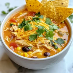 Für Omas cremige Hühner-Enchilada-Suppe brauchen wir folgende Zutaten: - 2 Esslöffel Olivenöl - 1 mittelgroße Zwiebel, gewürfelt - 3 Knoblauchzehen, fein gehackt - 1 rote Paprika, gewürfelt - 1 Dose (4 oz) gewürfelte grüne Chilis - 1 Teelöffel Kreuzkümmel - 1 Teelöffel Chiliflocken - 1 Teelöffel geräuchertes Paprikapulver - 4 Tassen Hühnerbrühe - 2 Tassen gegartes Hähnchen, zerrupft - 1 Dose (15 oz) schwarze Bohnen, abgetropft und abgespült - 1 Dose (15 oz) Mais, abgetropft - 1 Tasse Sahne - Salz und Pfeffer nach Geschmack - Frischer Koriander, gehackt (zur Garnierung) - Tortilla-Chips (zum Servieren) - Geriebener Käse (zum Garnieren) Diese Zutaten geben der Suppe ihre reichhaltige und cremige Textur. Jede Zutat hat ihren eigenen Nährwert. Zum Beispiel: - Olivenöl: Gute Fette, die das Herz schützen. - Zwiebel und Knoblauch: Fördern die Gesundheit und verleihen Geschmack. - Paprika und Chilis: Reich an Vitaminen und Antioxidantien. - Hähnchen: Gute Proteinquelle für Energie. - Bohnen und Mais: Ballaststoffe, die die Verdauung unterstützen. - Sahne: Macht die Suppe cremig, enthält jedoch auch Fett. Diese Zutaten tragen nicht nur zum Geschmack bei, sondern sorgen auch für eine ausgewogene Mahlzeit. Frische Zutaten machen einen großen Unterschied. Hier sind meine Tipps: - Gemüse: Wähle festes Gemüse ohne Flecken. - Hähnchen: Achte darauf, dass es frisch riecht und eine rosa Farbe hat. - Bohnen und Mais: Greife zu Dosen ohne Zusatzstoffe, wenn möglich. - Kräuter: Suche nach lebhaften, grünen Blättern. Frische Zutaten bringen den besten Geschmack in deine Suppe. {{ingredient_image_2}} Zuerst musst du alle Zutaten bereitstellen. Hier sind die Zutaten, die du benötigst: - 2 Esslöffel Olivenöl - 1 mittelgroße Zwiebel, gewürfelt - 3 Knoblauchzehen, fein gehackt - 1 rote Paprika, gewürfelt - 1 Dose (4 oz) gewürfelte grüne Chilis - 1 Teelöffel Kreuzkümmel - 1 Teelöffel Chiliflocken - 1 Teelöffel geräuchertes Paprikapulver - 4 Tassen Hühnerbrühe - 2 Tassen gegartes Hähnchen, zerrupft - 1 Dose (15 oz) schwarze Bohnen, abgetropft und abgespült - 1 Dose (15 oz) Mais, abgetropft - 1 Tasse Sahne - Salz und Pfeffer nach Geschmack - Frischer Koriander, gehackt (zur Garnierung) - Tortilla-Chips (zum Servieren) - Geriebener Käse (zum Garnieren) Jetzt ist alles bereit, damit du deine Suppe zubereiten kannst. 1. Erhitze das Olivenöl in einem großen Topf oder einem Dutch Oven auf mittlerer Hitze. 2. Füge die gewürfelte Zwiebel hinzu. Brate sie an, bis sie glasig ist. Das dauert etwa 5 Minuten. 3. Gib den gehackten Knoblauch dazu und koche ihn eine weitere Minute. Er sollte aromatisch werden. 4. Füge die gewürfelte rote Paprika, die grünen Chilis, den Kreuzkümmel, die Chiliflocken und das geräucherte Paprikapulver hinzu. Rühre alles gut um und koche es für etwa 3-4 Minuten, bis die Paprika weich ist. 5. Gieße die Hühnerbrühe dazu. Füge das zerrupfte Hähnchen, die schwarzen Bohnen und den Mais hinzu. Rühre alles gut durch und bringe die Mischung zum Kochen. 6. Wenn die Suppe kocht, reduziere die Hitze auf niedrig. Lass sie 10-15 Minuten köcheln, damit sich die Aromen gut entfalten. 7. Rühre die Sahne ein. Schmecke die Suppe mit Salz und Pfeffer ab. Lass die Suppe weitere 5 Minuten köcheln. 8. Schöpfe die Suppe in Schalen. Garniere sie mit geriebenem Käse und frischem Koriander. 9. Serviere die Suppe heiß mit Tortilla-Chips an der Seite. Du kannst die Chips zum Dippen oder zum Zerbröseln über die Suppe verwenden. - Achte darauf, die Zwiebel gut anzubraten. Sie gibt der Suppe viel Geschmack. - Verwende frisches Gemüse. Das macht die Suppe besonders lecker. - Probiere, die Sahne zum Schluss hinzuzufügen. So bleibt die Suppe cremig. - Garnieren ist wichtig! Frischer Koriander und Käse machen die Suppe noch besser. - Serviere die Suppe mit warmen Tortilla-Chips. Das gibt einen tollen Crunch. Die Garnierung macht die Suppe besonders lecker. Hier sind meine besten Tipps: - Frischer Koriander: Gibt einen frischen Geschmack. - Geriebener Käse: Verwende Cheddar oder Monterey Jack. - Tortilla-Chips: Füge knusprige Chips hinzu für den Crunch. - Avocado: Frische Avocado gibt eine cremige Note. - Limettenspalten: Ein Spritzer Limettensaft macht alles besser. Jeder hat seinen eigenen Geschmack. Hier einige Anpassungen, die du probieren kannst: - Schärfe: Füge mehr Chiliflocken oder frische Jalapeños hinzu. - Vegetarisch: Ersetze das Hähnchen durch Tofu oder mehr Bohnen. - Cremigkeit: Verwende Kokosmilch anstelle von Sahne für eine neue Note. - Gemüse: Füge Zucchini oder Spinat für mehr Nährstoffe hinzu. Manchmal passieren Fehler. Hier sind einige, die du vermeiden solltest: - Zu lange kochen: Achte darauf, die Suppe nicht zu lange zu kochen. Sie sollte frisch bleiben. - Zu viel Salz: Beginne mit wenig Salz und füge nach Geschmack hinzu. - Zutaten nicht vorbereiten: Bereite alle Zutaten vor, um den Kochprozess zu erleichtern. - Nicht umrühren: Rühre die Suppe gelegentlich um, damit nichts am Boden anbrennt. Pro Tipps Verwende frisches Hähnchen: Frisches Hähnchen sorgt für einen besseren Geschmack und eine zartere Textur in der Suppe. Optimale Gewürze: Passe die Menge der Gewürze an deinen persönlichen Geschmack an, um die perfekte Schärfe zu erreichen. Sahnevariationen: Du kannst die Sahne durch Kokosmilch ersetzen, um eine cremige, aber milchfreie Variante zu erhalten. Serviervorschlag: Füge Avocado oder Limettenspalten hinzu, um der Suppe eine frische Note zu verleihen. {{image_4}} Um eine vegane Version zu machen, ersetze das Hähnchen durch Kichererbsen. Nimm auch die Sahne heraus. Verwende stattdessen Kokosmilch oder eine pflanzliche Sahne. Diese Zutaten geben der Suppe eine cremige Konsistenz. Du kannst auch geräucherten Tofu hinzufügen für einen zusätzlichen Geschmack. Diese Suppe kann leicht glutenfrei gemacht werden. Achte darauf, dass die Brühe und die Tortilla-Chips glutenfrei sind. Die meisten Marken bieten glutenfreie Optionen. Außerdem, lass die Tortilla-Chips einfach weg, wenn du magst. Die Suppe bleibt trotzdem lecker und sättigend. Um die Aromen zu intensivieren, füge frische Kräuter wie Oregano oder Thymian hinzu. Du kannst auch Avocado-Würfel oder Limettensaft hinzufügen, um Frische zu bringen. Für eine schärfere Note, probiere jalapeños oder scharfe Salsa. Diese kleinen Veränderungen machen einen großen Unterschied im Geschmack. Um die Cremige Hühner-Enchilada-Suppe frisch zu halten, lass sie zuerst abkühlen. Fülle die Suppe dann in einen luftdichten Behälter. Verwende ein Glas oder einen Kunststoffbehälter mit fest schließendem Deckel. Du kannst die Suppe bis zu drei Tage im Kühlschrank aufbewahren. Achte darauf, die Suppe vor dem Verzehr gut umzurühren. Wenn du die Suppe länger lagern möchtest, friere sie ein. Gieße die abgekühlte Suppe in einen gefrierfesten Behälter. Lass dabei etwas Platz für die Ausdehnung. So bleibt die Suppe frisch für bis zu drei Monate. Zum Wiederaufwärmen nimm die Suppe aus dem Gefrierfach und lass sie im Kühlschrank auftauen. Erhitze sie dann sanft in einem Topf. Rühre gut um und füge bei Bedarf etwas Brühe oder Sahne hinzu. Im Kühlschrank bleibt die Suppe bis zu drei Tage genießbar. Im Gefrierfach kann sie bis zu drei Monate aufbewahrt werden. Achte darauf, dass du die Suppe gut verpackst, um Gefrierbrand zu vermeiden. Wenn du die Suppe nach längerer Zeit aufwärmst, schau, ob sie noch frisch riecht und aussieht. Sicherheit geht vor, also bei Zweifeln lieber entsorgen. Um die Suppe schärfer zu machen, füge mehr Chiliflocken hinzu. Du kannst auch frische Jalapeños verwenden. Schneide sie klein und koche sie mit der Zwiebel und dem Knoblauch. Außerdem kannst du scharfe Salsa oder Tabasco-Sauce hinzufügen. Probiere es aus, bis du die gewünschte Schärfe erreichst. Ja, du kannst die Suppe im Voraus machen. Koche die Suppe bis zum Hinzufügen der Sahne. Lass sie dann abkühlen und stelle sie in den Kühlschrank. Am Tag des Servierens erhitze die Suppe und füge die Sahne hinzu. Das spart Zeit und schmeckt oft noch besser, weil die Aromen sich setzen können. Zu dieser Suppe passen Tortilla-Chips sehr gut. Sie bringen Crunch und Geschmack. Auch Avocado oder Guacamole sind lecker. Frischer Koriander als Garnierung gibt einen frischen Kick. Du kannst auch einen einfachen grünen Salat dazu servieren. Diese Anleitung zeigt die besten Zutaten für eine leckere Suppe. Wir haben die Nährwerte aufgeschlüsselt und Tipps für frische Zutaten gegeben. Schritt für Schritt führen wir durch die Zubereitung und geben hilfreiche Tipps. Außerdem findest du Varianten, von vegan bis glutenfrei. Wir besprechen auch die richtige Lagerung. Denke daran, die Suppe nach deinem Geschmack anzupassen. Mit diesen Tipps wirst du bald deine perfekte Suppe zaubern.