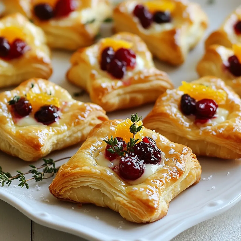 Um die perfekten Cranberry Brie Pastry Bites zu machen, brauchst du folgende Zutaten: - 1 Blatt Blätterteig (aufgetaut) - 1 Tasse frische Cranberries (oder Cranberrysoße) - 1 Esslöffel Honig (oder Ahornsirup) - 1 Teelöffel Orangenschale - 1/2 Teelöffel Zimt - 1 Tasse Brie-Käse, in kleine Stücke geschnitten - 1 Ei (verquirlt, für den Eigelbauftrag) - Meersalz zum Bestreuen - Frische Thymianblätter (zur Garnierung, optional) Diese Zutaten sorgen für einen tollen Geschmack und eine schöne Textur. Der Blätterteig wird außen knusprig, während die Füllung warm und cremig ist. Die Cranberries geben eine fruchtige Note, die perfekt mit dem Brie harmoniert. Falls du keine frischen Cranberries hast, gibt es gute Alternativen. Du kannst auch Cranberrysoße verwenden. Diese ist süß und hat einen ähnlichen Geschmack. Eine andere Option sind getrocknete Cranberries. Diese sind süßer und geben etwas anderen Geschmack. Wenn du magst, kannst du auch einen Mix aus verschiedenen Beeren verwenden. Das bringt Abwechslung in dein Rezept. Für die Zubereitung der Cranberry Brie Pastry Bites benötigst du ein paar wichtige Dinge: - Ein Backblech - Backpapier - Ein kleiner Topf für die Füllung - Ein Nudelholz, um den Blätterteig auszurollen - Ein Messer oder Pizzaschneider zum Schneiden des Teigs Diese Utensilien helfen dir, die Blätterteigbissen schnell und einfach zuzubereiten. Achte darauf, alles bereit zu haben, damit du zügig arbeiten kannst. So bleibt der Blätterteig frisch und knusprig. {{ingredient_image_2}} Heizen Sie Ihren Ofen auf 200 °C vor. Das ist wichtig für knusprige Bissen. Legen Sie ein Backblech mit Backpapier aus. So kleben die Bissen nicht fest. Bereiten Sie alle Zutaten vor. Schneiden Sie den Brie-Käse in kleine Stücke. Das macht die Füllung gleichmäßiger. Messen Sie die Cranberries, den Honig, die Orangenschale und den Zimt ab. Diese Zutaten bringen den einzigartigen Geschmack. Nehmen Sie einen kleinen Topf und geben Sie die Cranberries hinein. Fügen Sie den Honig, die Orangenschale und den Zimt hinzu. Kochen Sie die Mischung bei mittlerer Hitze. Rühren Sie gelegentlich um. Nach etwa 5-7 Minuten platzen die Cranberries. Die Mischung wird dick. Nehmen Sie den Topf vom Herd und lassen Sie die Füllung abkühlen. Entfalten Sie das Blatt Blätterteig auf einer bemehlten Fläche. Rollen Sie es sanft aus, um Falten zu glätten. Schneiden Sie den Teig in 5 cm große Quadrate. Legen Sie die Teigquadrate auf das Backblech. Lassen Sie genug Platz zwischen ihnen. Geben Sie in die Mitte jedes Quadrates einen kleinen Löffel der abgekühlten Cranberry-Mischung. Fügen Sie ein Stück Brie-Käse hinzu. Falten Sie die Ecken über der Füllung zusammen. Drücken Sie die Ränder gut zusammen, damit die Füllung nicht entweicht. Bestreichen Sie die Oberseiten der Bissen mit dem verquirlten Ei. Streuen Sie eine Prise Meersalz darüber. Backen Sie die Bissen 15-20 Minuten im Ofen. Sie sind fertig, wenn sie goldbraun und aufgegangen sind. Nehmen Sie das Blech aus dem Ofen und lassen Sie die Bissen leicht abkühlen. Garnieren Sie sie nach Belieben mit frischen Thymianblättern. Servieren Sie die Bissen warm auf einem Holzbrett oder in einer eleganten Servierschale. So zeigen Sie ihren rustikalen Charme. Blätterteig ist einfach, wenn man die richtigen Tipps kennt. Hier sind einige wichtige Punkte: - Raumtemperatur: Lass den Blätterteig vor der Verarbeitung etwas ruhen. Kalter Teig kann reißen. - Dünn ausrollen: Rolle den Teig leicht aus. Zu dicker Teig wird nicht knusprig. - Backblech vorbereiten: Lege das Blech mit Backpapier aus. So klebt nichts fest. - Gleichmäßige Hitze: Stelle den Ofen immer auf die richtige Temperatur. Ein vorgeheizter Ofen sorgt für gleichmäßiges Backen. - Ei-Wasch: Bestreiche die Oberseite mit dem verquirlten Ei. So wird der Teig goldbraun. Die Wahl des Brie ist entscheidend. Hier sind einige Tipps: - Klassischer Brie: Wähle einen milden Brie für einen sanften Geschmack. - Gepfefferter Brie: Für mehr Würze, probiere gepfefferten Brie aus. - Kräuterbrie: Kräuterbrie bringt zusätzliche Aromen in deine Bissen. - Reife: Achte darauf, dass der Brie nicht zu reif ist. Er sollte gut schmelzen, aber nicht auseinanderfließen. Die Cranberry-Brie-Kombination ist toll, aber du kannst kreativ werden. Hier sind einige Ideen: - Nüsse hinzufügen: Walnüsse oder Pekannüsse geben Crunch und Geschmack. - Frische Früchte: Probiere Apfel- oder Birnenscheiben für mehr Süße. - Gewürze: Experimentiere mit verschiedenen Gewürzen wie Muskatnuss oder Kreuzkümmel. - Käse-Mix: Mische Brie mit Ziegenkäse für eine neue Textur und Geschmack. Pro Tipps Blätterteig richtig lagern: Stellen Sie sicher, dass der Blätterteig vollständig aufgetaut ist, bevor Sie ihn verwenden, um eine gleichmäßige Textur zu gewährleisten. Cranberry-Mischung anpassen: Fühlen Sie sich frei, die Süße der Cranberry-Mischung anzupassen, indem Sie mehr oder weniger Honig oder Ahornsirup verwenden, je nach Vorliebe. Brie-Käse ersetzen: Wenn Sie keinen Brie haben, können Sie auch Camembert oder einen anderen weichen Käse verwenden, um den Bissen einen anderen Geschmack zu verleihen. Schöne Präsentation: Verwenden Sie frische Kräuter wie Thymian oder Rosmarin zur Garnierung, um Ihren Bissen eine ansprechende Note zu verleihen und das Aroma zu verbessern. {{image_4}} Wenn du eine vegetarische Option suchst, kannst du die Cranberry Brie Pastry Bites leicht anpassen. Ersetze den Brie-Käse durch einen anderen Käse wie Ziegenkäse oder Feta. Diese Käsesorten haben einen tollen Geschmack. Du kannst auch mehr Gemüse hinzufügen. Versuche Spinat oder Pilze für zusätzliche Textur und Geschmack. Die Mischung aus süß und salzig macht diese Bissen besonders lecker. Du kannst gehackte Nüsse wie Walnüsse oder Pekannüsse hinzufügen. Das gibt einen tollen Crunch. Auch etwas Chili oder Pfeffer kann die Bissen aufpeppen. Diese Kombination bringt eine neue Geschmacksebene. Nutze saisonale Zutaten für Vielfalt. Im Herbst sind Äpfel oder Birnen eine gute Wahl. Diese Früchte passen gut zu Cranberries. Im Winter kannst du Nüsse oder Preiselbeeren verwenden. Sie bringen einen festlichen Touch. Im Frühling kannst du frische Kräuter wie Petersilie oder Schnittlauch hinzufügen. Das sorgt für Frische und Farbe. Um die Cranberry Brie Pastry Bites frisch zu halten, lege sie in einen luftdichten Behälter. Du kannst sie auch in Frischhaltefolie wickeln. Lagere sie im Kühlschrank, um die beste Textur zu erhalten. Vermeide es, sie bei Raumtemperatur zu lassen. So bleiben sie knusprig und lecker. Wenn du die Bissen erneut aufwärmen möchtest, nutze den Ofen für das beste Ergebnis. Heize den Ofen auf 180 °C vor. Lege die Bissen auf ein Backblech und erwärme sie 10 Minuten lang. Möchtest du die Mikrowelle verwenden? Stelle die Bissen auf einen mikrowellengeeigneten Teller. Erwärme sie 30 Sekunden lang. Prüfe, ob sie warm sind. Die Mikrowelle macht sie jedoch nicht so knusprig. Diese Bissen halten sich im Kühlschrank etwa 3 bis 4 Tage. Wenn du sie länger aufbewahren möchtest, friere sie ein. In einem luftdichten Behälter halten sie sich bis zu 3 Monate im Gefrierfach. Achte darauf, sie vor dem Einfrieren gut zu verpacken. So bleibt der Geschmack erhalten. Du kannst die Blätterteigbissen bis zu 24 Stunden im Voraus vorbereiten. Bereite die Füllung und forme die Bissen. Lege sie dann auf ein Backblech und decke sie ab. Stelle sie in den Kühlschrank. Wenn du bereit bist, sie zu backen, heize den Ofen vor und backe sie direkt aus dem Kühlschrank. So bleiben sie frisch und lecker. Ja, gefrorene Cranberries sind eine gute Option. Du musst sie nicht auftauen. Verwende sie einfach direkt aus dem Gefrierfach. Die Kochzeit bleibt gleich, da sie beim Erhitzen schnell auftauen. Gefrorene Cranberries können sogar einen intensiveren Geschmack haben. Die besten Beilagen sind frische Salate oder eine Auswahl an Dips. Ein einfacher grüner Salat passt gut dazu. Du kannst auch Nüsse oder Oliven anbieten. Diese Beilagen bringen zusätzliche Textur und Geschmack. Sie machen dein Essen noch schöner und interessanter. Diese Anleitung zeigt dir, wie du Cranberry Brie Pastry Bites zubereitest. Du hast gelernt, welche Zutaten wichtig sind und wie man sie zubereitet. Wir haben auch Tipps für die besten Backergebnisse und Variationen geteilt. Denke daran, die Bissen richtig zu lagern, damit sie frisch bleiben. Diese kleinen Köstlichkeiten werden sicher jeden erfreuen. Probiere sie aus und genieße jede leckere Bisse. Du hast alles, was du brauchst!