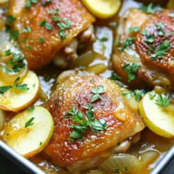 - 4 Hühnchenschenkel mit Knochen und Haut - 1 Tasse alkoholfreier Apfelwein - 2 Äpfel (Granny Smith oder Honeycrisp) - 1 große Zwiebel - 3 Knoblauchzehen - 2 Zweige frischer Thymian oder 1 Teelöffel getrockneter Thymian - 1 Esslöffel Dijon-Senf - 2 Esslöffel Olivenöl - Salz und Pfeffer - Frische Petersilie, gehackt Um das französische Apfelwein-Hühnchen zu machen, brauchst du einige einfache Zutaten. Die Hauptzutat sind die Hühnchenschenkel. Ich bevorzuge die mit Haut und Knochen. So bleibt das Hühnchen saftig und lecker. Der alkoholfreie Apfelwein gibt dem Gericht einen fruchtigen Geschmack. Äpfel sind wichtig, um den süßen und sauren Geschmack zu balancieren. Granny Smith oder Honeycrisp sind die besten Optionen, weil sie frisch und knackig sind. Zwiebeln bringen einen süßen Geschmack. Sie machen das Gericht noch besser. Knoblauch sorgt für einen tollen Duft und zusätzlichen Geschmack. Thymian hat ein tolles Aroma und passt gut zu Hühnchen. Dijon-Senf gibt dem Gericht eine leichte Schärfe. Olivenöl hilft, das Hühnchen zu braten und es knusprig zu machen. Salz und Pfeffer sind die grundlegenden Gewürze, um alles abzurunden. Für die Garnierung kannst du frische Petersilie verwenden. Sie macht das Gericht hübscher und gibt einen frischen Geschmack. Mit diesen Zutaten kannst du ein tolles Gericht zaubern. Sie sind einfach zu finden und machen das Kochen zum Vergnügen! {{ingredient_image_2}} Du nimmst die Hühnchenschenkel und tupfst sie mit Küchenpapier trocken. Das ist wichtig, damit die Haut knusprig wird. Danach würzt du sie großzügig mit Salz und Pfeffer auf beiden Seiten. Erhitze in einer großen Pfanne oder einem Schmortopf 2 Esslöffel Olivenöl bei mittlerer bis hoher Hitze. Lege die Hühnchenschenkel mit der Hautseite nach unten in die Pfanne. Brate sie für etwa 5 bis 7 Minuten, bis die Haut goldbraun ist. Dann wende das Hühnchen und brate die andere Seite für 3 bis 4 Minuten. Nimm das Hühnchen aus der Pfanne und lege es beiseite. In der gleichen Pfanne fügst du die Zwiebelringe hinzu. Brate sie für etwa 5 Minuten, bis sie glasig sind. Dann gib den gehackten Knoblauch dazu und rühre ihn für eine weitere Minute um, bis er duftet. Jetzt ist es Zeit für die Äpfel! Gib die Apfelscheiben in die Pfanne und gieße 1 Tasse Apfelwein dazu. Rühre 1 Esslöffel Dijon-Senf und 2 Zweige frischen Thymian unter. Lass die Mischung zum sanften Köcheln bringen. Lege das Hühnchen wieder in die Pfanne, mit der Hautseite nach oben. Löffle etwas von der Sauce darüber. Setze den Deckel auf und lasse das Ganze bei niedriger Hitze für 25 bis 30 Minuten köcheln. Das Hühnchen ist fertig, wenn die Innentemperatur 75 °C erreicht. Nimm den Deckel ab und lasse das Hühnchen ein paar Minuten ruhen. Schmecke die Sauce ab und würze sie bei Bedarf mit Salz und Pfeffer. Serviere das Hühnchen mit einer großzügigen Portion der Apfelwein-Sauce darüber. Die Wahl des Hühnchens und der Äpfel ist wichtig. Ich empfehle, Hühnchenschenkel mit Knochen und Haut zu nehmen. Diese Teile sind saftiger und voller Geschmack. Für die Äpfel sind Granny Smith oder Honeycrisp ideal. Sie bringen eine schöne Balance zwischen Süße und Säure. Beim Anbraten ist Hitze entscheidend. Beginne mit mittlerer bis hoher Hitze. So wird die Haut knusprig. Achte darauf, das Hühnchen nicht zu früh zu wenden. Lass es gut braten, bevor du es drehst. Auch beim Garen ist Geduld wichtig. Ein zu schnelles Kochen kann das Hühnchen trocken machen. Für die Präsentation richte das Hühnchen auf einem rustikalen Holzbrett an. Garniere es mit frischen Apfelscheiben und Thymian. Ein wenig gehackte Petersilie macht das Gericht lebendig. Serviere das Hühnchen mit einer Beilage aus grünem Gemüse oder einem frischen Salat. Pro Tipps Hühnchen marinieren: Lass die Hühnchenschenkel vor dem Kochen für mindestens 30 Minuten in Apfelwein marinieren, um den Geschmack zu intensivieren. Äpfel variieren: Experimentiere mit verschiedenen Apfelsorten wie Braeburn oder Fuji für unterschiedliche Geschmacksprofile in der Sauce. Reste kreativ verwenden: Verwende übrig gebliebene Apfelwein-Sauce als Grundlage für eine leckere Suppe oder zum Verfeinern von Reisgerichten. Hitzeregulierung: Achte darauf, das Hühnchen bei niedriger Hitze zu garen, um ein saftiges Ergebnis zu erzielen und ein Austrocknen zu vermeiden. {{image_4}} Wenn du etwas Neues probieren möchtest, nutze Ananas oder Birnen. Diese Früchte geben dem Gericht eine süße, frische Note. Du kannst die Ananas in Stücke schneiden oder die Birnen in Scheiben. Beides passt gut zu den anderen Zutaten. Denke daran, die Früchte erst später hinzuzufügen, damit sie nicht zerfallen. Du kannst auch mit den Kräutern und Gewürzen spielen. Zum Beispiel, probiere Rosmarin oder Oregano anstelle von Thymian. Diese Gewürze geben dem Hühnchen einen anderen, aber köstlichen Geschmack. Eine Prise Paprika kann auch für etwas Schärfe sorgen. Sei kreativ und finde deine Lieblingskombination! Für eine vegetarische Version nutze Tofu oder Seitan. Beide sind gute Proteinquellen. Mariniere sie vor dem Anbraten mit Apfelwein und Gewürzen. Du kannst auch Blumenkohlsteaks anstelle von Hühnchen verwenden. Koche sie wie im Rezept beschrieben, bis sie zart sind. So hast du ein leckeres, pflanzliches Gericht! Du kannst das Hühnchen bis zu drei Tage im Kühlschrank aufbewahren. Stelle sicher, dass es in einem luftdichten Behälter liegt. So bleibt der Geschmack frisch. Lass es vor dem Kühlen etwas abkühlen, um Kondenswasser zu vermeiden. Das Hühnchen lässt sich gut einfrieren. Teile es in Portionen und lege es in gefriergeeignete Beutel. Um die beste Qualität zu erhalten, solltest du es innerhalb von drei Monaten essen. Zum Auftauen, lege es über Nacht in den Kühlschrank. So bleibt das Fleisch zart. Um das Hühnchen wieder zu erwärmen, benutze den Ofen. Heize ihn auf 180 °C vor. Lege das Hühnchen in eine Auflaufform und bedecke es mit Aluminiumfolie. Erwärme es für 20-25 Minuten. So bleibt die Haut knusprig und das Fleisch saftig. Du kannst auch die Mikrowelle nutzen, aber die Textur wird nicht so gut. Das Hühnchen muss etwa 25 bis 30 Minuten garen. Die empfohlene Innentemperatur beträgt 75 °C. Diese Temperatur stellt sicher, dass das Hühnchen zart und saftig bleibt. Nutze ein Fleischthermometer, um dies zu überprüfen. So bist du sicher, dass das Hühnchen gut durchgegart ist. Ja, du kannst den Apfelwein ersetzen. Eine gute Alternative ist Apfelsaft. Er hat einen ähnlichen Geschmack, ist aber süßer. Du kannst auch Brühe oder weißen Traubensaft verwenden. Diese Flüssigkeiten geben dem Gericht trotzdem viel Geschmack. Experimentiere und finde die beste Option für deinen Geschmack. Würze das Hühnchen großzügig mit Salz und Pfeffer. Das hebt den Geschmack hervor. Du kannst auch andere Gewürze wie Paprika oder Knoblauchpulver hinzufügen. Frischer Thymian passt perfekt zu diesem Gericht. Sei kreativ mit den Gewürzen, um dein Hühnchen besonders lecker zu machen. Zusammenfassend haben wir die wichtigsten Zutaten, Schritte und Tipps für das Hühnchen mit Äpfeln behandelt. Du hast gelernt, wie man das Hühnchen perfekt anbrät und welche Fehler du vermeiden solltest. Zudem fandest du Varianten und Aufbewahrungshinweise. Denke daran, mit frischen Zutaten zu arbeiten und den Apfelwein gut auszuwählen. Experimentiere auch mit verschiedenen Obstsorten und Gewürzen. So machst du dieses Gericht stetig besser und passt es deinem Geschmack an. Viel Spaß beim Kochen und Genießen!