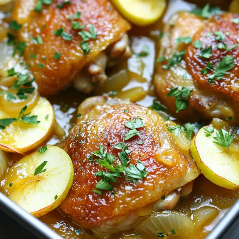 - 4 Hühnchenschenkel mit Knochen und Haut - 1 Tasse alkoholfreier Apfelwein - 2 Äpfel (Granny Smith oder Honeycrisp) - 1 große Zwiebel - 3 Knoblauchzehen - 2 Zweige frischer Thymian oder 1 Teelöffel getrockneter Thymian - 1 Esslöffel Dijon-Senf - 2 Esslöffel Olivenöl - Salz und Pfeffer - Frische Petersilie, gehackt Um das französische Apfelwein-Hühnchen zu machen, brauchst du einige einfache Zutaten. Die Hauptzutat sind die Hühnchenschenkel. Ich bevorzuge die mit Haut und Knochen. So bleibt das Hühnchen saftig und lecker. Der alkoholfreie Apfelwein gibt dem Gericht einen fruchtigen Geschmack. Äpfel sind wichtig, um den süßen und sauren Geschmack zu balancieren. Granny Smith oder Honeycrisp sind die besten Optionen, weil sie frisch und knackig sind. Zwiebeln bringen einen süßen Geschmack. Sie machen das Gericht noch besser. Knoblauch sorgt für einen tollen Duft und zusätzlichen Geschmack. Thymian hat ein tolles Aroma und passt gut zu Hühnchen. Dijon-Senf gibt dem Gericht eine leichte Schärfe. Olivenöl hilft, das Hühnchen zu braten und es knusprig zu machen. Salz und Pfeffer sind die grundlegenden Gewürze, um alles abzurunden. Für die Garnierung kannst du frische Petersilie verwenden. Sie macht das Gericht hübscher und gibt einen frischen Geschmack. Mit diesen Zutaten kannst du ein tolles Gericht zaubern. Sie sind einfach zu finden und machen das Kochen zum Vergnügen! {{ingredient_image_2}} Du nimmst die Hühnchenschenkel und tupfst sie mit Küchenpapier trocken. Das ist wichtig, damit die Haut knusprig wird. Danach würzt du sie großzügig mit Salz und Pfeffer auf beiden Seiten. Erhitze in einer großen Pfanne oder einem Schmortopf 2 Esslöffel Olivenöl bei mittlerer bis hoher Hitze. Lege die Hühnchenschenkel mit der Hautseite nach unten in die Pfanne. Brate sie für etwa 5 bis 7 Minuten, bis die Haut goldbraun ist. Dann wende das Hühnchen und brate die andere Seite für 3 bis 4 Minuten. Nimm das Hühnchen aus der Pfanne und lege es beiseite. In der gleichen Pfanne fügst du die Zwiebelringe hinzu. Brate sie für etwa 5 Minuten, bis sie glasig sind. Dann gib den gehackten Knoblauch dazu und rühre ihn für eine weitere Minute um, bis er duftet. Jetzt ist es Zeit für die Äpfel! Gib die Apfelscheiben in die Pfanne und gieße 1 Tasse Apfelwein dazu. Rühre 1 Esslöffel Dijon-Senf und 2 Zweige frischen Thymian unter. Lass die Mischung zum sanften Köcheln bringen. Lege das Hühnchen wieder in die Pfanne, mit der Hautseite nach oben. Löffle etwas von der Sauce darüber. Setze den Deckel auf und lasse das Ganze bei niedriger Hitze für 25 bis 30 Minuten köcheln. Das Hühnchen ist fertig, wenn die Innentemperatur 75 °C erreicht. Nimm den Deckel ab und lasse das Hühnchen ein paar Minuten ruhen. Schmecke die Sauce ab und würze sie bei Bedarf mit Salz und Pfeffer. Serviere das Hühnchen mit einer großzügigen Portion der Apfelwein-Sauce darüber. Die Wahl des Hühnchens und der Äpfel ist wichtig. Ich empfehle, Hühnchenschenkel mit Knochen und Haut zu nehmen. Diese Teile sind saftiger und voller Geschmack. Für die Äpfel sind Granny Smith oder Honeycrisp ideal. Sie bringen eine schöne Balance zwischen Süße und Säure. Beim Anbraten ist Hitze entscheidend. Beginne mit mittlerer bis hoher Hitze. So wird die Haut knusprig. Achte darauf, das Hühnchen nicht zu früh zu wenden. Lass es gut braten, bevor du es drehst. Auch beim Garen ist Geduld wichtig. Ein zu schnelles Kochen kann das Hühnchen trocken machen. Für die Präsentation richte das Hühnchen auf einem rustikalen Holzbrett an. Garniere es mit frischen Apfelscheiben und Thymian. Ein wenig gehackte Petersilie macht das Gericht lebendig. Serviere das Hühnchen mit einer Beilage aus grünem Gemüse oder einem frischen Salat. Pro Tipps Hühnchen marinieren: Lass die Hühnchenschenkel vor dem Kochen für mindestens 30 Minuten in Apfelwein marinieren, um den Geschmack zu intensivieren. Äpfel variieren: Experimentiere mit verschiedenen Apfelsorten wie Braeburn oder Fuji für unterschiedliche Geschmacksprofile in der Sauce. Reste kreativ verwenden: Verwende übrig gebliebene Apfelwein-Sauce als Grundlage für eine leckere Suppe oder zum Verfeinern von Reisgerichten. Hitzeregulierung: Achte darauf, das Hühnchen bei niedriger Hitze zu garen, um ein saftiges Ergebnis zu erzielen und ein Austrocknen zu vermeiden. {{image_4}} Wenn du etwas Neues probieren möchtest, nutze Ananas oder Birnen. Diese Früchte geben dem Gericht eine süße, frische Note. Du kannst die Ananas in Stücke schneiden oder die Birnen in Scheiben. Beides passt gut zu den anderen Zutaten. Denke daran, die Früchte erst später hinzuzufügen, damit sie nicht zerfallen. Du kannst auch mit den Kräutern und Gewürzen spielen. Zum Beispiel, probiere Rosmarin oder Oregano anstelle von Thymian. Diese Gewürze geben dem Hühnchen einen anderen, aber köstlichen Geschmack. Eine Prise Paprika kann auch für etwas Schärfe sorgen. Sei kreativ und finde deine Lieblingskombination! Für eine vegetarische Version nutze Tofu oder Seitan. Beide sind gute Proteinquellen. Mariniere sie vor dem Anbraten mit Apfelwein und Gewürzen. Du kannst auch Blumenkohlsteaks anstelle von Hühnchen verwenden. Koche sie wie im Rezept beschrieben, bis sie zart sind. So hast du ein leckeres, pflanzliches Gericht! Du kannst das Hühnchen bis zu drei Tage im Kühlschrank aufbewahren. Stelle sicher, dass es in einem luftdichten Behälter liegt. So bleibt der Geschmack frisch. Lass es vor dem Kühlen etwas abkühlen, um Kondenswasser zu vermeiden. Das Hühnchen lässt sich gut einfrieren. Teile es in Portionen und lege es in gefriergeeignete Beutel. Um die beste Qualität zu erhalten, solltest du es innerhalb von drei Monaten essen. Zum Auftauen, lege es über Nacht in den Kühlschrank. So bleibt das Fleisch zart. Um das Hühnchen wieder zu erwärmen, benutze den Ofen. Heize ihn auf 180 °C vor. Lege das Hühnchen in eine Auflaufform und bedecke es mit Aluminiumfolie. Erwärme es für 20-25 Minuten. So bleibt die Haut knusprig und das Fleisch saftig. Du kannst auch die Mikrowelle nutzen, aber die Textur wird nicht so gut. Das Hühnchen muss etwa 25 bis 30 Minuten garen. Die empfohlene Innentemperatur beträgt 75 °C. Diese Temperatur stellt sicher, dass das Hühnchen zart und saftig bleibt. Nutze ein Fleischthermometer, um dies zu überprüfen. So bist du sicher, dass das Hühnchen gut durchgegart ist. Ja, du kannst den Apfelwein ersetzen. Eine gute Alternative ist Apfelsaft. Er hat einen ähnlichen Geschmack, ist aber süßer. Du kannst auch Brühe oder weißen Traubensaft verwenden. Diese Flüssigkeiten geben dem Gericht trotzdem viel Geschmack. Experimentiere und finde die beste Option für deinen Geschmack. Würze das Hühnchen großzügig mit Salz und Pfeffer. Das hebt den Geschmack hervor. Du kannst auch andere Gewürze wie Paprika oder Knoblauchpulver hinzufügen. Frischer Thymian passt perfekt zu diesem Gericht. Sei kreativ mit den Gewürzen, um dein Hühnchen besonders lecker zu machen. Zusammenfassend haben wir die wichtigsten Zutaten, Schritte und Tipps für das Hühnchen mit Äpfeln behandelt. Du hast gelernt, wie man das Hühnchen perfekt anbrät und welche Fehler du vermeiden solltest. Zudem fandest du Varianten und Aufbewahrungshinweise. Denke daran, mit frischen Zutaten zu arbeiten und den Apfelwein gut auszuwählen. Experimentiere auch mit verschiedenen Obstsorten und Gewürzen. So machst du dieses Gericht stetig besser und passt es deinem Geschmack an. Viel Spaß beim Kochen und Genießen!