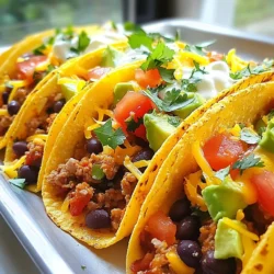 - 450 g gemahlenes Putenfleisch - 1 Dose schwarze Bohnen - 12 kleine Maistortillas - Gewürze: Chilischotenpulver, Kreuzkümmel, geräuchertes Paprikapulver - Frische Zutaten: Zwiebel, Knoblauch, Tomaten, Avocado, Koriander - Käse: Cheddar oder mexikanische Mischung - Beilagen: Griechischer Joghurt oder Sauerrahm Um diese Tacos zuzubereiten, brauchst du einige Hauptzutaten. Zuerst nimmst du 450 g gemahlenes Putenfleisch. Diese Zutat macht die Tacos saftig und voll. Dann kommt die Dose schwarze Bohnen. Sie sind nahrhaft und geben einen tollen Geschmack. Du brauchst auch 12 kleine Maistortillas. Diese sind perfekt, um die Mischung zu umhüllen. Als Nächstes kommen die Gewürze und Aromen. Du verwendest Chilischotenpulver, Kreuzkümmel und geräuchertes Paprikapulver. Diese Gewürze machen die Tacos würzig und aromatisch. Frische Zutaten wie Zwiebel, Knoblauch, Tomaten, Avocado und Koriander bringen Frische und Farbe. Für die optionalen Toppings kannst du Käse verwenden. Cheddar oder eine mexikanische Mischung sind beide lecker. Griechischer Joghurt oder Sauerrahm passen gut dazu und geben eine cremige Note. Experimentiere mit den Zutaten und finde deine perfekte Mischung! {{ingredient_image_2}} - Heize den Ofen auf 200°C vor. - Erhitze etwas Olivenöl in einer großen Pfanne. - Brate die fein gehackte Zwiebel an, bis sie glasig ist. Das dauert etwa 5 Minuten. - Füge den gehackten Knoblauch hinzu und brate ihn für eine weitere Minute mit. - Gib das gemahlene Putenfleisch in die Pfanne. - Zerbrich das Fleisch mit einem Spatel, während es kocht. - Brate das Putenfleisch, bis es goldbraun ist. Das dauert etwa 6-8 Minuten. - Rühre die schwarzen Bohnen, Chilischotenpulver, Kreuzkümmel und geräuchertes Paprikapulver ein. - Schmecke die Mischung mit Salz und Pfeffer ab. - Erhitze alles für weitere 2-3 Minuten, damit sich die Aromen verbinden. - Wickele die Maistortillas in Aluminiumfolie. - Lege sie für etwa 5 Minuten in den Ofen, um sie zu erwärmen. - Nimm die warmen Tortillas aus dem Ofen und fülle jede großzügig mit der Puten- und Bohnenmischung. - Bestreue die gefüllten Tortillas gleichmäßig mit geriebenem Käse. - Lege die gefüllten Tacos auf ein Backblech. - Backe die Tacos im Ofen für 10-12 Minuten. - Sie sind fertig, wenn die Tortillas knusprig sind und der Käse schmilzt. - Nimm die Tacos aus dem Ofen und lasse sie kurz abkühlen. - Garniere sie mit gewürfelten Tomaten, Avocado und frischem Koriander. - Serviere die Tacos mit griechischem Joghurt oder Sauerrahm für eine cremige Note. - Backzeit optimieren: Backen Sie die Tacos 10-12 Minuten. So werden sie schön knusprig. Überwachen Sie die Tacos, um sicherzustellen, dass sie nicht verbrennen. - Einsatz von Aluminiumfolie für die Tortillas: Wickeln Sie die Tortillas in Aluminiumfolie, um sie warm zu halten. Dies hilft, die Feuchtigkeit zu bewahren und macht sie weich, bevor Sie sie füllen. - Schnelle Extras: Fügen Sie Jalapeños oder Oliven hinzu. Diese geben den Tacos einen extra Kick. Sie können sie direkt mit der Putenmischung mischen oder oben drauflegen. - Zutaten für eine vegetarische Option: Ersetzen Sie das Putenfleisch durch Linsen oder schwarze Bohnen. Fügen Sie mehr Gemüse wie Paprika oder Zucchini hinzu. So bleibt der Geschmack frisch und lecker. - Anrichten der Tacos: Platzieren Sie die Tacos auf einem großen Servierteller. Garnieren Sie sie mit frischem Koriander, gewürfelten Tomaten und Avocado. So sehen sie nicht nur gut aus, sie schmecken auch besser. - Ideale Beilagen: Servieren Sie griechischen Joghurt oder Sauerrahm dazu. Limettenscheiben passen auch gut. Diese Beilagen ergänzen die Tacos perfekt und geben ihnen eine frische Note. Pro Tipps Frische Kräuter hinzufügen: Verwenden Sie frischen Koriander oder andere Kräuter wie Petersilie oder Schnittlauch, um den Tacos zusätzlichen Geschmack und Farbe zu verleihen. Würzen Sie nach Belieben: Passen Sie die Menge an Chili-Pulver oder Kreuzkümmel an, um die Schärfe und den Geschmack nach Ihrem persönlichen Geschmack zu optimieren. Verschiedene Käsesorten ausprobieren: Experimentieren Sie mit verschiedenen Käsesorten wie Monterey Jack oder Pepper Jack, um den Tacos einen einzigartigen Geschmack zu verleihen. Vorbereitung der Zutaten: Bereiten Sie alle Zutaten im Voraus vor, um den Kochprozess zu beschleunigen und sicherzustellen, dass alles reibungslos abläuft. {{image_4}} Wenn Sie etwas Abwechslung möchten, probieren Sie Hähnchen- oder Rindfleisch. Sie können gemahlenes Hähnchen verwenden, um eine leichtere Option zu erhalten. Rindfleisch bringt einen herzhaften Geschmack. Für pflanzliche Alternativen sind Tofu oder Linsen ideal. Tofu lässt sich leicht würzen und absorbiert Aromen gut. Linsen bieten eine proteinreiche Variante, die sättigend ist und gut zu den Bohnen passt. Für glutenfreie Tacos wählen Sie glutenfreie Tortillas. Diese gibt es in vielen Geschäften. Sie sind einfach zu finden und schmecken gut. Servieren Sie dazu Dips wie Salsa oder Guacamole. Diese Beilagen passen perfekt zu den Tacos und sind ebenfalls glutenfrei. Achten Sie darauf, frische Zutaten zu wählen, um Geschmack und Textur zu verbessern. Die Toppings können Sie ganz nach Ihrem Geschmack anpassen. Verschiedene Käsesorten wie Feta oder Gouda bringen neue Aromen. Frische Zutaten wie Jalapeños oder Radieschen geben einen tollen Crunch. Auch verschiedene Kräuter, wie Petersilie oder Schnittlauch, sind eine gute Ergänzung. So machen Sie die Tacos noch kreativer und leckerer. Wenn Sie Tacos übrig haben, lagern Sie sie im Kühlschrank. Legen Sie die Tacos in einen luftdichten Behälter. So bleiben sie frisch. Für gefüllte Tacos empfiehlt es sich, die Füllung getrennt von den Tortillas aufzubewahren. So bleiben die Tortillas knusprig. Wenn Sie ungefüllte Tacos haben, können Sie diese einfach in einen Behälter legen. Achten Sie darauf, dass sie gut abgedeckt sind. Für das Aufwärmen stehen Ihnen zwei Optionen zur Verfügung: Mikrowelle oder Backofen. Die Mikrowelle ist schneller, kann jedoch die Textur der Tacos verändern. Der Backofen sorgt für eine bessere Knusprigkeit. Wenn Sie den Backofen nutzen, heizen Sie ihn auf 180°C vor. Legen Sie die Tacos auf ein Backblech und backen Sie sie für etwa 10 Minuten. So werden sie wieder knusprig. Ein einfacher Trick: Decken Sie die Tacos mit Alufolie ab, um das Austrocknen zu verhindern. Gemahlenes Putenfleisch bleibt im Kühlschrank 1-2 Tage frisch. Reste können auch eingefroren werden. Schwarze Bohnen in Dosen halten sich lange. Nach dem Öffnen sollten sie im Kühlschrank aufbewahrt werden und innerhalb von 3-4 Tagen verbraucht werden. Frische Zutaten wie Zwiebeln und Avocados sind am besten, wenn sie frisch sind. Lagern Sie sie an einem kühlen, trockenen Ort. Um die Tacos noch knuspriger zu machen, gibt es einige einfache Tipps. - Backzeit verlängern: Backen Sie die Tacos ein paar Minuten länger. Achten Sie darauf, dass sie nicht verbrennen. - Aluminiumfolie verwenden: Wickeln Sie die Tortillas vor dem Füllen in Aluminiumfolie. Das hilft, die Feuchtigkeit zu halten und macht sie knuspriger. - Hochtemperatur backen: Backen Sie die Tacos bei 220°C für eine noch knusprigere Textur. Ja, Sie können diese Tacos im Voraus zubereiten. Hier ist, wie Sie es tun können: - Füllung vorbereiten: Bereiten Sie die Puten- und Bohnenmischung vor. Lassen Sie sie abkühlen und bewahren Sie sie im Kühlschrank auf. - Tortillas aufbewahren: Wickeln Sie die Tortillas in Frischhaltefolie, um sie frisch zu halten. - Backen kurz vor dem Servieren: Füllen Sie die Tortillas und backen Sie sie kurz vor dem Servieren. So bleiben sie knusprig. Es gibt viele tolle Beilagen, die gut zu diesen Tacos passen. - Guacamole: Die cremige Avocado passt perfekt zu den Tacos. - Salsa: Frische Salsa bringt zusätzlichen Geschmack. - Griechischer Joghurt oder Sauerrahm: Diese Dips sind hervorragend für eine cremige Note. - Salat: Ein einfacher grüner Salat sorgt für Frische. In diesem Blogbeitrag haben wir die Zutaten und die Zubereitung von Tacos mit Putenfleisch behandelt. Du hast gelernt, wie du die besten Gewürze auswählst und verschiedene Variationen ausprobierst. Auch Lagerung und Aufwärmen der Reste sind wichtig. Tacos sind vielseitig und einfach zuzubereiten. Du kannst sie nach deinem Geschmack anpassen. Ich hoffe, du bist inspiriert, diese leckeren Tacos zu Hause zu machen. Sie sind perfekt für jede Gelegenheit. Viel Spaß beim Kochen!